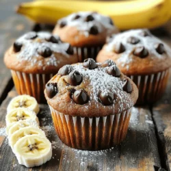- 3 ripe bananas, mashed - 1/3 cup melted coconut oil (or unsalted butter) - 1/2 cup brown sugar - 1 large egg - 1 teaspoon vanilla extract To make these muffins, you need ripe bananas. They should be soft and sweet. The coconut oil adds moisture. If you prefer, use unsalted butter instead. Brown sugar gives a rich flavor and helps keep the muffins soft. The egg binds everything together, while vanilla adds warmth and depth. - 1 teaspoon baking soda - Pinch of salt - 1 cup all-purpose flour - 1/2 cup chocolate chips (dark or semi-sweet) - 1/4 cup chopped walnuts (optional) Baking soda helps the muffins rise. A pinch of salt balances the sweetness. All-purpose flour is the base for the muffins. Chocolate chips bring the joy, and walnuts add crunch if you like. - Alternatives for bananas: You can use applesauce or pumpkin puree. - Different types of sweeteners: Try honey or maple syrup if you want. - Vegan options for butter and egg: Use coconut oil and a flax egg instead. If bananas are not available, applesauce works well. It keeps the muffins moist. You can swap brown sugar for honey or maple syrup. For a vegan twist, mix one tablespoon of ground flaxseed with three tablespoons of water to replace the egg. These swaps offer flexibility while keeping the muffins tasty. 1. First, preheat your oven to 350°F (175°C). This step is key for even baking. 2. Prepare your muffin tin by lining it with paper liners or greasing it with cooking spray. This keeps the muffins from sticking. 3. In a large mixing bowl, mash three ripe bananas. Then, add 1/3 cup of melted coconut oil. Mix these two until smooth. This creates a rich base for your muffins. 4. Next, add 1/2 cup of brown sugar, 1 large egg, and 1 teaspoon of vanilla extract to your banana mixture. 5. Stir well until it’s creamy and well combined. This mix gives the muffins their sweet flavor. 6. Now, sprinkle in 1 teaspoon of baking soda and a pinch of salt. Gently mix these into your wet ingredients. 7. Gradually add 1 cup of all-purpose flour. Mix just until the flour disappears. The batter should be slightly lumpy. Avoid overmixing; it can make the muffins tough. 8. Fold in 1/2 cup of chocolate chips and, if you like, 1/4 cup of chopped walnuts. This adds great texture and flavor to your muffins. 9. Portion the batter into your prepared muffin tin, filling each cup about 2/3 full. This gives them room to rise. 10. Place the muffin tin in your preheated oven. Bake for 18-20 minutes. 11. To check for doneness, insert a toothpick into the center of a muffin. If it comes out clean, they are ready. If not, bake a few more minutes. - Avoiding overmixing the batter: Mix the batter gently. Overmixing makes muffins tough. Aim for a slightly lumpy texture. This keeps them light and fluffy. - How to store batter and dough before baking: If you cannot bake right away, cover the bowl tightly. Place it in the fridge for up to 30 minutes. This helps keep the batter fresh. - Garnishing ideas, like powdered sugar: A sprinkle of powdered sugar adds a nice touch. It makes your muffins look more appealing and tasty. - Pairing suggestions for serving: Serve warm with sliced bananas or a scoop of vanilla ice cream. This makes for a delightful treat that everyone will love. - Best practices for storing leftovers: Store leftover muffins in an airtight container. Keep them at room temperature for up to 3 days. If you want them to last longer, freeze them. - Reheating tips for maintaining freshness: To reheat, place muffins in the microwave for about 15 seconds. This warms them up and keeps them soft. {{image_2}} You can make your chocolate chip banana muffins even more fun by adding spices. Cinnamon and nutmeg work well with bananas. Just a pinch can change the taste. You can also mix in dried fruits like raisins. This adds sweetness and a chewy texture. Try different combinations to find your favorite flavor! If you need gluten-free muffins, use almond flour or a gluten-free blend. This keeps the muffins soft and tasty. For nut-free or dairy-free options, swap out coconut oil for a safe oil. You can also use non-dairy milk instead of the egg. These changes keep your muffins friendly for all diets! Experiment with different types of chocolate chips. Dark, semi-sweet, or even white chocolate can change the flavor. You can also use chocolate chunks instead of chips for a rich, gooey texture. This gives a fun surprise in every bite! Try different chocolates to see what you like best. Store your chocolate chip banana muffins at room temperature for the best taste. Keep them in an airtight container. This will help them stay fresh and moist. If it’s warm in your kitchen, consider using the fridge. But be aware, cold can change the texture. At room temperature, these muffins last for about three days. If you want them to last longer, freeze them. Place cooled muffins in a freezer-safe bag. They can last up to three months in the freezer. Remember to label the bag with the date. Over time, muffins may become stale. Look for dryness or a hard texture. If you see mold, throw them away. For safe eating, always check before enjoying. If they smell off, it’s best to discard them. Yes, you can use frozen bananas. Just thaw them first. Frozen bananas may make your muffins a bit moister. This extra moisture can enhance the flavor. Your muffins will still taste great! You can make simple swaps for healthier muffins. For example, use whole wheat flour instead of all-purpose flour. You can also replace brown sugar with honey or maple syrup. Another idea is to cut back on chocolate chips or use dark chocolate. Adding nuts boosts healthy fats too! Look for a few signs to check doneness. The tops should be golden brown. If you press gently, they should spring back. You can also check the edges; they should pull away from the pan. A toothpick test is still helpful, but these signs work well too. Absolutely! Doubling the recipe is easy. Just mix all the ingredients in larger bowls. Keep an eye on the baking time, as it may change. Use two muffin tins if needed. Enjoy more muffins to share or freeze for later! You learned how to make delicious chocolate chip banana muffins, from the right ingredients to the baking process. Remember to measure your ingredients well and avoid overmixing. You can add your favorite spices and even try different types of chocolate. Storing these muffins properly keeps them fresh and tasty. Experiment with variations to make them your own. Enjoy your baking adventure and share these muffins with friends and family!