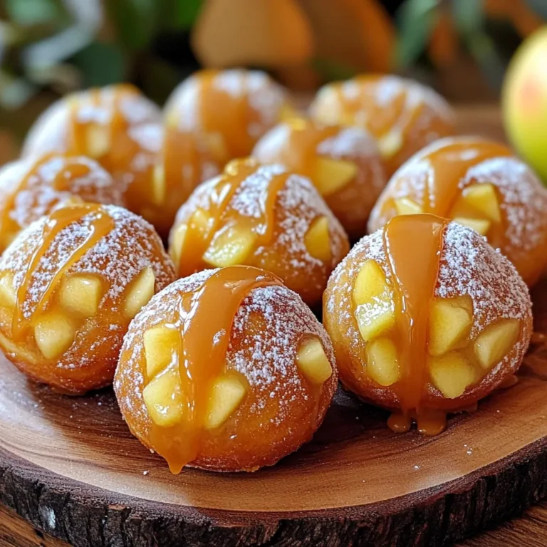To make Caramel Apple Donut Holes, gather these items: - 2 cups all-purpose flour - 3/4 cup granulated sugar - 2 teaspoons baking powder - 1/2 teaspoon baking soda - 1/4 teaspoon salt - 1 teaspoon ground cinnamon - 1/4 teaspoon nutmeg - 1/2 cup unsalted butter, melted - 1 large egg - 1 cup buttermilk - 1 cup diced apples (preferably Granny Smith) - 1 1/2 cups caramel sauce (store-bought or homemade) - 1/2 cup powdered sugar (for dusting) You can swap all-purpose flour with whole wheat flour for a healthier option. For sugar, use brown sugar for a richer taste. If you don't have buttermilk, mix milk with a splash of vinegar. Make sure to use fresh apples for the best flavor. Quality butter adds a nice richness, so don’t skimp here. Granny Smith apples are my top choice for this recipe. Their tartness balances the sweet caramel perfectly. You can also try Honeycrisp or Fuji apples, but keep in mind they are sweeter. Choose apples that are firm and crisp for the best texture in your donut holes. Making caramel apple donut holes is simple and fun. First, gather your ingredients. Then, preheat your oven to 350°F (175°C) and grease a mini muffin pan. Next, mix your dry and wet ingredients separately. Combine them, fold in the apples, and fill the muffin cups. Bake until they are golden and fluffy. Finally, dip them in caramel and dust with powdered sugar. 1. Preheat your oven to 350°F (175°C). Grease a mini muffin pan with cooking spray or butter. 2. In a large mixing bowl, whisk together: - 2 cups all-purpose flour - 3/4 cup granulated sugar - 2 teaspoons baking powder - 1/2 teaspoon baking soda - 1/4 teaspoon salt - 1 teaspoon ground cinnamon - 1/4 teaspoon nutmeg 3. In another bowl, mix: - 1/2 cup melted unsalted butter - 1 large egg - 1 cup buttermilk Mix until smooth. 4. Gradually add the wet mix to the dry mix. Stir until just combined. Lumps are okay. 5. Gently fold in 1 cup diced Granny Smith apples. 6. Fill each muffin cup about 3/4 full with batter. 7. Bake for 10-12 minutes. Use a toothpick to check if they are done. 8. Once baked, let them cool on a wire rack. 9. While warm, dip each donut hole in caramel sauce. Allow excess to drip off. 10. Roll the coated donut holes in powdered sugar. 11. Optionally, drizzle more caramel sauce on top. To get the best texture, do not overmix the batter. Mix until just combined. This keeps the donut holes light and fluffy. Make sure your apples are diced small. They should blend well into the batter. Also, bake them until they are golden brown. This helps keep them soft inside. Enjoy the warm, sweet smell as they bake! Mixing the batter well is key. Start by whisking the dry ingredients first. This step helps to blend the flour, sugar, and spices together evenly. When you add the wet mixture, stir gently. You want a few lumps left in the batter. Overmixing makes the donut holes tough. Remember, a light touch is best for soft and fluffy donut holes. Store leftover donut holes in an airtight container. Place a paper towel inside to absorb moisture. This helps keep them fresh. They can last for up to three days at room temperature. For longer storage, consider freezing them. Wrap each donut hole in plastic wrap and then place them in a freezer bag. They can stay good for about a month in the freezer. Caramel apple donut holes shine when served warm. You can pair them with vanilla ice cream for a fun dessert. A cup of hot apple cider also makes a great match. For a twist, try a sprinkle of sea salt on top of the caramel. This adds a nice contrast to the sweetness. Enjoy these treats at fall gatherings or cozy family nights! {{image_2}} You can make these donut holes even better by adding spices. Try mixing in 1/4 teaspoon of ground cloves or 1/4 teaspoon of ground ginger for a warm kick. These spices pair well with apple and caramel. You can also add a pinch of allspice for a deeper flavor. Just remember to keep the spice balance right. Too much can overpower the apple taste. Want to make these donut holes gluten-free? Use gluten-free all-purpose flour instead of regular flour. This way, everyone can enjoy the treat. For a vegan version, swap the egg for 1/4 cup of unsweetened applesauce. Replace the buttermilk with plant-based milk mixed with a splash of vinegar. Both options keep the texture soft and tasty. Toppings can change the whole vibe of these donut holes. Instead of powdered sugar, try chocolate drizzle. Melt some chocolate chips and drizzle over the warm donut holes. You can also roll them in colorful sprinkles for fun. Crushed nuts or coconut flakes work well too. They add crunch and extra flavor. To keep your donut holes fresh, place them in an airtight container. They stay soft for about two days at room temperature. If you want them to last longer, put them in the fridge. Just make sure to seal the container well. This helps prevent them from drying out. If you want to keep your donut holes for a longer time, freezing is a great option. First, let them cool completely. Then, place them in a freezer-safe bag. Remove as much air as possible before sealing. You can freeze them for up to three months. Label the bag with the date, so you know when to use them. To enjoy your donut holes again, you can reheat them easily. Take them out of the freezer and let them thaw in the fridge overnight. For a quick heat-up, pop them in the microwave for 10-15 seconds. This warms them up nicely. If you want a crispy outside, reheat them in the oven. Set the oven to 350°F (175°C) and bake for 5-7 minutes. Enjoy them warm with more caramel sauce! Yes, you can use different apples. Granny Smith apples work best for their tartness. Honeycrisp or Fuji apples also make a great choice. They add sweetness and crunch. Just make sure the apples are diced small. This helps them cook evenly in the donut holes. These donut holes stay fresh for about 2 to 3 days. Store them in an airtight container. Keep them at room temperature. If you want them to last longer, try freezing them. They can stay fresh in the freezer for up to a month. If you do not have buttermilk, you can make a quick substitute. Mix 1 cup of milk with 1 tablespoon of vinegar or lemon juice. Let it sit for about 5 minutes. This will sour the milk and give you a similar taste and texture. Making homemade caramel sauce is easy! Here’s a simple way: - 1 cup granulated sugar - 6 tablespoons unsalted butter - 1/2 cup heavy cream 1. In a saucepan, heat the sugar over medium heat. 2. Stir gently until it melts and turns amber. 3. Add the butter and stir until it melts. 4. Slowly pour in the cream while stirring. 5. Allow it to cool before using it for your donut holes. In this post, we explored how to make delicious Caramel Apple Donut Holes. We covered essential ingredients, baking steps, and helpful tips. Remember, using quality ingredients and the right apple variety makes a difference. Try adding spices or alternative toppings to mix things up. Store any leftovers properly to keep them fresh. I hope you feel ready to get started and enjoy these tasty treats!