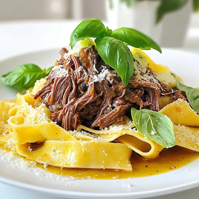 To make a rich short rib ragu with pappardelle, you need these key ingredients: - 2 pounds bone-in short ribs - 1 tablespoon olive oil - 1 onion, finely chopped - 2 carrots, diced - 2 celery stalks, diced - 4 garlic cloves, minced - 1 can (28 oz) crushed tomatoes - 2 cups beef broth (low sodium) - 1 teaspoon dried oregano - 1 teaspoon dried thyme - 1 bay leaf - Salt and pepper to taste - 12 ounces pappardelle pasta - Fresh basil leaves for garnish - Grated Parmesan cheese for serving Each ingredient plays a role in creating deep flavors. The bone-in short ribs provide a rich, meaty base. Onions, carrots, and celery form a mirepoix that adds sweetness and depth. Garlic brings an aromatic kick, while crushed tomatoes and beef broth create a hearty sauce. The oregano, thyme, and bay leaf introduce herbal notes that elevate the dish. Finally, pappardelle pasta, fresh basil, and Parmesan bring everything together for a beautiful plate. Start by searing the short ribs. Heat 1 tablespoon of olive oil in a large skillet over medium-high heat. Season the short ribs with salt and pepper. Sear each side for about 3-4 minutes until they turn a nice brown. This step adds great flavor. Once done, transfer the short ribs to your slow cooker. Next, let’s sauté the veggies. In the same skillet, add 1 chopped onion, 2 diced carrots, and 2 diced celery stalks. Cook these for about 5-7 minutes until they soften. Then, add 4 minced garlic cloves and stir for 1 more minute. The garlic will make your kitchen smell amazing. Now, it’s time to combine everything. Add the sautéed vegetables to the slow cooker. Next, pour in 1 can of crushed tomatoes, 2 cups of beef broth, 1 teaspoon of dried oregano, 1 teaspoon of dried thyme, and 1 bay leaf. Stir well to coat the ribs in the sauce. Cover your slow cooker and set it to cook. You can choose low for 8 hours or high for 4 hours. The meat should be tender and easily fall off the bone when it's done. Make sure to keep it covered while cooking to trap the heat and flavor. Once your short ribs are tender, carefully remove them from the slow cooker. Use two forks to shred the meat. Discard the bones and any fatty bits. Incorporate the shredded meat back into the sauce. This step makes the dish rich and hearty. About 15 minutes before serving, cook the pappardelle. Follow the package instructions for timing. Once cooked, drain it and toss the pasta with a bit of olive oil. This will help prevent sticking and keep the pasta nice. To serve, plate the pappardelle and top it generously with the short rib ragu. For a lovely touch, garnish with fresh basil leaves and sprinkle some grated Parmesan cheese on top. This adds flavor and makes your dish look beautiful. When picking short ribs, look for meat with good marbling. Marbling keeps the meat juicy and tender. Choose pieces that are bright red and firm. If short ribs are not available, you can use chuck roast or beef shanks. These cuts also give rich, deep flavors. To make your ragu even tastier, consider adding spices. A pinch of red pepper flakes adds heat. Fresh herbs like rosemary or parsley can boost the flavor as well. For a wine pairing, choose a bold red like Cabernet Sauvignon. The wine's richness matches well with the ragu's deep taste. Using low or high settings affects texture. Cooking on low for 8 hours makes the meat very tender. The high setting cooks it in about 4 hours but may not be as soft. Always ensure your slow cooker reaches a safe temperature of 165°F. This keeps your food safe and delicious. {{image_2}} You can choose many pasta types to pair with your ragu. Besides pappardelle, try tagliatelle, fettuccine, or even penne. These shapes hold the sauce well. If you want a gluten-free option, use rice pasta or chickpea pasta. Both cook well and let you enjoy this dish without gluten. To make a vegetarian version, replace the short ribs with mushrooms or lentils. Mushrooms add depth and a meaty texture. Lentils boost protein and are hearty. For sauce adaptation, use vegetable broth instead of beef broth. Add more herbs like rosemary or bay leaves to enhance the flavor. While basil and Parmesan are classic, you can add more garnishes for variety. Try fresh parsley or arugula for a peppery kick. To add heat, sprinkle red pepper flakes on top. A squeeze of lemon can add brightness and acidity, making the dish fresh and lively. To keep your short rib ragu fresh, follow these tips: - Refrigeration: Allow the ragu to cool down. Store it in an airtight container. It stays good in the fridge for up to 3 days. - Freezing: For long-term storage, freeze ragu and pasta separately. Use freezer-safe bags or containers. The ragu can last up to 3 months in the freezer. Just remember to label them with dates. When it’s time to enjoy your leftovers, reheating properly is key. Here’s how: - Stovetop Method: Place the ragu in a pot over low heat. Stir often to avoid sticking. Add a splash of beef broth if it looks dry. - Microwave Method: Use a microwave-safe bowl. Heat in short bursts, stirring in between. This helps keep the flavor and texture. For the pappardelle, be careful. Overcooked pasta can become mushy. Heat it quickly in boiling water for a minute. Drain and then mix with the ragu again. Enjoy the flavors! You can store the short rib ragu for up to four days in the fridge. Use an airtight container to keep it fresh. If you want to keep it longer, freeze it for up to three months. Be sure to thaw it in the fridge before reheating. Yes, you can make this ragu ahead of time. Just let it cool before storing it. Reheat it on the stove over low heat. You can also use a microwave, but stir often to avoid hot spots. If you cannot find pappardelle, use fettuccine or tagliatelle instead. Both will hold the sauce well. You can also try gluten-free pasta like brown rice or chickpea pasta for a different twist. Yes, you can make this ragu in an Instant Pot. Sear the short ribs using the sauté function. Then, add the other ingredients and seal the lid. Cook on high pressure for about 45 minutes. Release the pressure naturally for best results. This recipe is not spicy. If you want some heat, add red pepper flakes to taste. You can also use a spicy Italian sausage instead of short ribs for a kick. Adjust the amount based on your heat preference. This blog post offers a clear guide on making delicious short rib ragu. You learned about the key ingredients, step-by-step cooking instructions, and helpful tips. The recipe is flexible, allowing for different pasta choices and even vegetarian versions. Remember, the slow cooker makes this dish easy and flavorful. Enjoy your hearty ragu, share it with friends, and taste the results. Happy cooking!