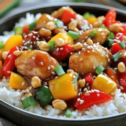- 1 lb boneless, skinless chicken thighs, diced - 1 cup bell peppers (red, yellow, and green), diced - 1/2 cup roasted peanuts For this Kung Pao Chicken Fakeout, I use boneless, skinless chicken thighs. They are juicy and full of flavor. Next, I add colorful bell peppers. They bring sweetness and crunch. Roasted peanuts add a nice crunch and nutty taste to the dish. - 2 tablespoons soy sauce - 1 tablespoon rice vinegar - 1 tablespoon hoisin sauce The sauce is key to this dish. Soy sauce gives it that salty kick. Rice vinegar adds a bit of tang. Hoisin sauce brings sweetness, balancing all the flavors. - 2 tablespoons vegetable oil - 1 teaspoon sesame oil - 1/2 teaspoon red pepper flakes I like to use vegetable oil for cooking. It has a high smoke point. Sesame oil adds a rich, nutty flavor. Red pepper flakes bring heat. You can adjust the amount based on your taste. First, take 1 pound of boneless, skinless chicken thighs. Dice them into bite-sized pieces. In a bowl, toss the diced chicken with 1 tablespoon of cornstarch and a pinch of salt. This helps to make the chicken tender and adds a nice crunch. Let it marinate for about 10 minutes while you prepare the other ingredients. Next, heat 2 tablespoons of vegetable oil in a large skillet or wok over medium-high heat. Once the oil is hot, add the marinated chicken. Cook it for about 5 to 7 minutes, stirring often. You want the chicken to be browned and cooked through. After that, remove the chicken from the skillet and set it aside. In the same skillet, if you need more oil, add a little extra. Then, add 3 cloves of minced garlic, 1-inch piece of minced ginger, and 1/2 teaspoon of red pepper flakes. Stir-fry these aromatics for about 30 seconds until they smell great. Now, add 1 cup of diced bell peppers to the skillet. Sauté them for 3 to 5 minutes until they start to soften. Return the cooked chicken to the skillet. Now pour in 2 tablespoons of soy sauce, 1 tablespoon of rice vinegar, 1 tablespoon of hoisin sauce, 1/2 cup of chicken broth, and 1 teaspoon of sesame oil. Stir everything well so it mixes nicely. Allow the dish to simmer for another 2 to 3 minutes. This helps the sauce thicken slightly. Finally, stir in 1/2 cup of roasted peanuts. Mix until every piece of chicken and vegetable is coated in the sauce. Your Kung Pao Chicken is now ready to serve! Enjoy it over steamed rice or noodles, and don’t forget to garnish with sliced green onions and sesame seeds. To get the best flavor in your Kung Pao Chicken, start with chicken thighs. They stay juicy and tender when cooked. Dicing them into bite-sized pieces helps them cook evenly. Next, balance the sauce ingredients. Use equal parts soy sauce and rice vinegar to create a nice tang. Add hoisin sauce for sweetness. This mix creates the rich flavor you want. Using a wok is great for this dish. It heats up fast and cooks food evenly. If you don’t have a wok, a large skillet works too. Just make sure it’s thick enough to heat well. When stir-frying, keep the heat high. This helps your food cook fast and stay crisp. Stir the chicken often to avoid burning. Don’t overcrowd the pan; cook in batches if needed. To change the heat level, adjust the red pepper flakes. Start with half a teaspoon and taste as you go. If you love spice, add more. If you want less heat, use sweet bell peppers instead. You can also replace red pepper flakes with a pinch of sugar. This keeps the flavor while lowering the spice. {{image_2}} You can make Kung Pao Chicken Fakeout vegetarian by using tofu or seitan. Tofu absorbs flavors well. It gives you a nice texture. Press the tofu to remove water before cooking. Cut it into cubes and toss it with cornstarch like the chicken. Seitan is another great choice. It has a chewy texture that mimics meat. You can omit meat without losing taste by focusing on flavor. Use the same sauces and spices. This way, your dish will still be tasty and satisfying. Peanuts are the classic choice for Kung Pao Chicken. They add a nice crunch and flavor. However, you can switch it up with other nuts. Try cashews for a sweet note or almonds for a firmer crunch. Each nut brings a unique twist. For example, walnuts add a rich flavor. The choice of nuts can change the dish's taste. Feel free to experiment with what you have at home! You can make your Kung Pao Chicken Fakeout even better with unique additions. Adding vegetables like broccoli or snap peas boosts nutrition and color. These veggies add a fresh crunch. You can also mix in different sauces for a twist. Add some sweet chili sauce for a kick or a splash of oyster sauce for depth. These changes keep the dish exciting and full of flavor. Kung Pao Chicken can last in the fridge for about three to four days. To store leftovers, place them in an airtight container. This keeps flavors fresh and prevents spills. Let the dish cool to room temperature before sealing it. Avoid storing it in a shallow dish, as this can dry it out. You can freeze Kung Pao Chicken for up to three months. Start by letting it cool completely. Then, divide it into smaller portions for easy reheating. Use freezer-safe bags or containers; remove as much air as possible. Avoid freezing any cooked rice or noodles with the chicken, as they can become mushy. For the best taste, reheat Kung Pao Chicken on the stove. Place it in a skillet over medium heat. Stir often until warmed through. You can also use the microwave, but be cautious. Heat in short bursts and stir between each burst to keep the texture nice. Adding a splash of chicken broth can help revive the dish’s moisture and flavor. Yes, you can make Kung Pao Chicken ahead of time. To store it, let it cool first. Then, place it in an airtight container. It will last in the fridge for up to three days. When you're ready to eat, reheat it on the stove or in the microwave. For best results, add a splash of chicken broth to keep it moist. Kung Pao Chicken pairs well with many side dishes. Here are some great options: - Steamed white rice - Fried rice with veggies - Noodles tossed in soy sauce - A fresh green salad - Egg rolls or spring rolls These sides balance the flavors and make your meal more filling. Yes, this recipe can be made gluten-free. You can use gluten-free soy sauce instead of regular soy sauce. Make sure to check the labels for other sauces like hoisin. Also, confirm your chicken broth is gluten-free. With these swaps, you can enjoy this tasty dish without worry. This Kung Pao Chicken recipe mixes tender chicken with vibrant veggies and crunch from peanuts. I detailed each step clearly, ensuring you can create it perfectly. Remember, the right balance of sauces and spices gives this dish its authentic taste. Feel free to try vegetarian options or add your favorite nuts. Follow storage tips to enjoy leftovers later. With these guidelines, cooking will be fun. You’ll impress family and friends with your new skills. Enjoy your cooking journey!