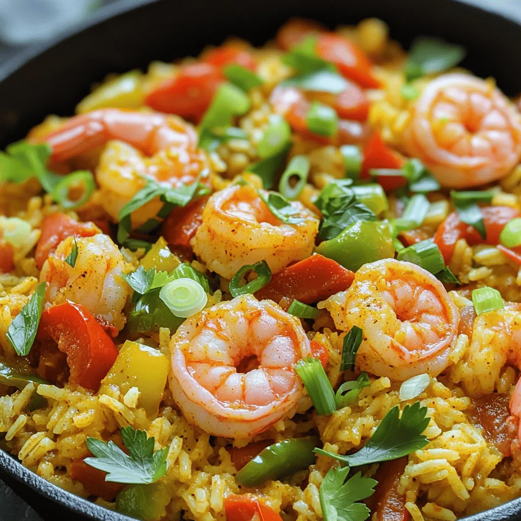 - 1 pound large shrimp, peeled and deveined - 1 cup long-grain white rice - 2 cups chicken broth - 1 medium onion, diced - 1 green bell pepper, diced - 1 red bell pepper, diced - 3 cloves garlic, minced - 1 tablespoon Cajun seasoning - 1 teaspoon smoked paprika - 1 tablespoon olive oil - Salt and pepper to taste - 2 green onions, sliced (for garnish) - Fresh parsley, chopped (for garnish) The main ingredients for this Cajun shrimp and rice skillet shine brightly. First, the shrimp adds a sweet and tender touch. You want large shrimp for this dish, as they will cook perfectly and absorb the flavors well. Next, the rice serves as the hearty base. Long-grain white rice works best here. It cooks evenly and complements the shrimp and spices. Chicken broth brings in rich flavor and moisture. It helps the rice cook to perfection. Now, let’s talk about the veggies. Diced onions, green bell peppers, and red bell peppers add color and crunch. They also provide a sweet and savory backdrop for the shrimp. Garlic, minced just right, brings a punch of flavor. For spices, Cajun seasoning is a must. It gives that classic kick that defines Cajun cuisine. Smoked paprika adds depth and a hint of smokiness. Salt and pepper round out the seasoning, enhancing all the flavors. Lastly, the olive oil helps the veggies sauté nicely. For garnish, green onions and fresh parsley add a pop of color and freshness. Together, these ingredients make a dish that is full of life and flavor. Start by heating the olive oil in a large skillet over medium heat. Add the diced onion, green bell pepper, and red bell pepper. Sauté these for about five minutes. You want them to soften and release their flavors. Next, add the minced garlic to the skillet. Cook it for one more minute. Stir often to keep it from burning. Then, sprinkle in the Cajun seasoning and smoked paprika. This step helps the spices bloom and mix well with the veggies. Now, it’s time to add the rice. Stir it into the skillet. You want to coat the rice in the oil and spices. Toast the rice for about two minutes. This gives it a nice nutty flavor. After toasting, pour in the chicken broth. Add a pinch of salt and pepper to taste. Bring this mixture to a boil. Once boiling, reduce the heat to low. Cover the skillet and let it simmer for 15 to 18 minutes. This lets the rice absorb all the broth. In the last five minutes of cooking, gently fold in the shrimp. Cover the skillet again to let the shrimp cook through. You’ll know they are done when they turn pink and opaque. Once everything is cooked, remove the skillet from heat. Let it sit for a few minutes. Then, use a fork to fluff the rice. This will mix all the ingredients nicely. For a vibrant finish, garnish with sliced green onions and freshly chopped parsley. This adds both color and flavor to your dish. Enjoy your Cajun Shrimp and Rice Skillet! - Choosing the right Cajun seasoning: Look for a blend with bold flavors. A good Cajun seasoning should have garlic, onion, and paprika. Some brands may add cayenne for extra heat. Taste a bit before adding it to your dish. You want the right balance for your taste. - Adjusting spice levels to taste: If you like it spicier, add more Cajun seasoning or a dash of hot sauce. For milder flavors, use less. You can also add a sprinkle of sugar to balance the heat. - Best skillet for even cooking: A large, heavy-bottom skillet works best. It heats evenly and keeps the rice from sticking. Cast iron or stainless steel is a great choice. Avoid non-stick for this dish; you want some nice bits to form on the bottom. - Adjusting cooking times for different rice varieties: Long-grain white rice cooks in about 15-18 minutes. If you use brown rice, add about 10-15 minutes more. Always check the rice package for specific cooking times. - Presentation tips for serving: Serve the dish right in the skillet for a rustic look. You can also transfer it to a large bowl. Top with extra parsley and green onions for color. A few lemon wedges on the side add freshness. - Pairing ideas (sides and drinks): A fresh salad pairs well with this dish. Consider a light vinaigrette. For drinks, sweet tea or a light beer works nicely. A crisp white wine could also complement the spices. {{image_2}} You can change the protein in this dish. Try chicken or sausage if you want. Both options add a different flavor. For a vegetarian twist, consider using beans or tofu. They work well with the spices. You can also swap some veggies for more taste. Try zucchini, corn, or even spinach. These veggies add color and nutrition. You could also use frozen vegetables. They save time and still taste great. To add more Creole flavors, consider using hot sauce. It gives your dish a nice kick. You can also add more spices like cayenne or thyme. These spices make the dish even richer. If you want to include seafood, crawfish is a great choice. Just fold them in with the shrimp. They add a nice texture and flavor. You can mix and match seafood for variety. For gluten-free options, use gluten-free broth and rice. This keeps the dish safe for gluten-sensitive eaters. Always check labels to ensure they are gluten-free. If you want a vegan version, skip the shrimp and use a plant-based protein. Consider marinated mushrooms for a savory touch. Use vegetable broth for the rice to keep it flavorful. To store leftovers, let the dish cool first. Then, place it in an airtight container. This keeps your Cajun shrimp and rice fresh for about three to four days in the fridge. I like to use glass containers because they don’t stain or hold smells. If you have a lot of leftovers, divide them into smaller portions. This makes it easy to grab a meal later. For reheating, the best method is the stovetop. Place the dish in a skillet over low heat. Add a splash of chicken broth or water to keep it moist. Cover the skillet to trap steam. This helps the rice stay fluffy. Stir it often until it’s heated through. You can also use the microwave, but I recommend adding a bit of liquid. Heat in short bursts, stirring in between. This helps avoid dry rice. If you want to freeze the dish, it works well. Make sure it cools completely before you put it in a freezer-safe container. It can last up to three months in the freezer. When you’re ready to eat, take it out and let it thaw overnight in the fridge. For reheating, use the stovetop or microwave, just like before. This keeps the flavors and texture just right. Can I use frozen shrimp for this recipe? Yes, you can use frozen shrimp. Just thaw them before cooking. Place them in cold water for 10-15 minutes. This helps them cook evenly. How long does it take to cook shrimp? Shrimp cook quickly. They usually take 3-5 minutes to turn pink and opaque. Overcooking makes them tough, so watch closely. Can I make this recipe in advance? Yes, you can prepare it ahead of time. Cook the shrimp and rice, then store them in the fridge. Reheat when ready to serve. What is the best way to make it spicier? To add heat, use more Cajun seasoning. You can also add hot sauce or red pepper flakes. Start with a little, then taste as you go. Calories and nutritional values per serving Each serving has about 400 calories. It contains protein from shrimp and carbs from rice. The veggies add vitamins and fiber. Health benefits of the ingredients used Shrimp are low in fat but high in protein. Bell peppers provide vitamin C. Garlic has health benefits too, like boosting your immune system. In this blog post, I walked you through making Cajun Shrimp and Rice Skillet, using fresh ingredients and simple steps. You learned how to sauté vegetables, cook rice, and add shrimp for a vibrant meal. I also shared tips for flavor and cooking techniques. Remember, you can customize this dish with your favorite proteins or veggies. Enjoy your cooking adventures, and don’t hesitate to adapt recipes to fit your taste! Bon appétit!