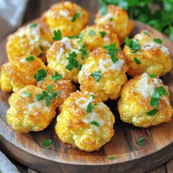 - 1 medium head of cauliflower, cut into bite-sized florets - 3 tablespoons olive oil - 3 cloves garlic, minced Cauliflower is the star of this dish. It is light and has a nice crunch. Olive oil helps the cauliflower to roast well. Garlic adds a strong, tasty flavor that everyone loves. - 1/2 cup grated Parmesan cheese - 1 teaspoon onion powder - 1 teaspoon smoked paprika Parmesan cheese gives a rich taste and a cheesy crust. Onion powder adds sweetness without the bite of fresh onions. Smoked paprika gives a hint of smokiness that pairs well with cauliflower. - Salt and pepper to taste - Fresh parsley, chopped (for garnish) Salt and pepper are essential to enhance all the flavors. Fresh parsley adds color and a fresh taste that brightens the bites. Set your air fryer to 400°F (200°C). Let it preheat for about 5 minutes. This heat helps the cauliflower cook evenly and become crispy. In a large bowl, add the cauliflower florets. Pour in 3 tablespoons of olive oil. Add 3 cloves of minced garlic, 1 teaspoon of onion powder, 1 teaspoon of smoked paprika, and salt and pepper to taste. Toss everything well. Make sure each floret gets a nice coating. This mix brings out the best flavors. Next, sprinkle 1/2 cup of grated Parmesan cheese over the cauliflower. Toss again until all the florets are covered with cheese. This step adds that delicious cheesy flavor. Place the cauliflower bites in the air fryer basket. Lay them in a single layer. Do not overcrowd the basket; it helps the air circulate for even cooking. Air fry them for 10 to 12 minutes. Halfway through, shake the basket gently. This step ensures all sides get that golden-brown color. When done, the bites should look crispy and inviting. To get that perfect crispiness, follow a few simple steps. First, make sure your cauliflower florets are dry. Excess moisture can lead to soggy bites. After washing, pat them dry with a towel. Second, avoid overcrowding the air fryer basket. If you pack too many florets in, they will steam instead of fry. Feel free to adjust the garlic and cheese levels to match your taste. If you love garlic, add an extra clove or two. For cheese lovers, a little more grated Parmesan can boost flavor. You can also add spices like cayenne pepper or Italian herbs for a different twist. Experiment with flavors to find your favorite mix. These bites pair well with dips. Try them with ranch or garlic aioli for a tasty combo. For a fun presentation, serve them on a colorful platter. Sprinkle chopped fresh parsley on top for a pop of color and a hint of freshness. Enjoy these bites as a snack or a side dish with your meal. {{image_2}} To spice things up, you can add some heat. Try cayenne pepper or red pepper flakes. They give a nice kick to your bites. For a different flavor, use smoked cheese instead of Parmesan. Cheddar or gouda can add a unique twist. Feel free to mix and match seasonings and cheeses to suit your taste. If you need gluten-free options, check your cheese label. Most Parmesan is gluten-free, but always confirm. You can also use gluten-free breadcrumbs for extra crunch. For a vegan version, replace Parmesan with nutritional yeast. This keeps the cheesy flavor without using dairy. You can also try using vegan butter instead of olive oil. You don’t have to stop at cauliflower. Broccoli makes a great substitute. Its florets crisp up nicely in the air fryer. Brussels sprouts can work too, cut them in half for even cooking. Mixing in a variety of veggies can create a colorful, tasty dish. Just make sure to adjust cooking time based on the vegetables you choose. After enjoying your garlic Parmesan cauliflower bites, let them cool to room temperature. Store them in an airtight container. This keeps them fresh and tasty. Keep them in the fridge if you plan to eat them soon. For best results, try to eat leftovers within two days. You can reheat your bites in two ways: the air fryer or the oven. To use the air fryer, set it to 350°F (175°C) and cook for about 5 minutes. This keeps them crispy. For the oven, preheat it to 375°F (190°C) and bake for 10 minutes. Both methods work well, but the air fryer gives the best crunch. These cauliflower bites stay fresh for about 3-4 days in the fridge. If you want to store them longer, consider freezing them. Frozen bites can last up to 2 months. Just remember to let them cool before freezing. When you’re ready to eat, you can reheat them directly from the freezer. Yes, you can use frozen cauliflower. Just thaw it first. Pat it dry to remove excess moisture. This helps the bites crisp up nicely in the air fryer. If they are too wet, they may become soggy. These bites pair well with many dishes. Here are some ideas: - Serve with marinara sauce for dipping. - Pair with a light salad for a fresh touch. - Enjoy with grilled chicken or fish for a balanced meal. - Add to a platter with other appetizers. To add heat, try these tips: - Sprinkle in red pepper flakes before cooking. - Use spicy paprika instead of smoked paprika. - Mix in a dash of hot sauce into the oil. - Consider adding jalapeño slices to the mix. Yes, you can bake them in the oven! Here’s how: 1. Preheat your oven to 425°F (220°C). 2. Arrange the cauliflower bites on a baking sheet. 3. Bake for 20-25 minutes, flipping halfway through. 4. Look for a golden color and crisp edges. This method works well but may take longer than air frying. In this blog post, we explored how to make tasty Garlic Parmesan Cauliflower Bites. We covered the essential ingredients, step-by-step cooking instructions, and helpful tips to get the best texture. Variations let you change flavors or accommodate diets. Lastly, we shared how to store and reheat leftovers to keep them fresh. Try these bites as a fun side dish or snack. Enjoy experimenting with flavors that suit your taste!