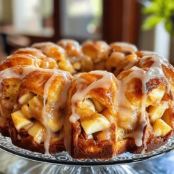 - 3 cans of refrigerated biscuit dough (16 oz each) - 3 medium apples, peeled, cored, and finely chopped - 1 cup granulated sugar - 2 tablespoons ground cinnamon - 1/2 cup unsalted butter, melted - 1/2 cup packed brown sugar - 1 teaspoon vanilla extract - 1/4 cup chopped pecans (optional) - 1/2 cup icing (store-bought or homemade) for drizzling You can add fun twists to your monkey bread. Here are some ideas: - Use different nuts, like walnuts or almonds, for extra crunch. - Try adding raisins or dried cranberries for a fruity touch. - Mix in some chocolate chips for a sweet surprise. - Biscuit Dough: Use refrigerated dough for easy prep. This gives the bread its classic pull-apart texture. - Apples: Choose firm apples for the best flavor and texture. Granny Smith adds a nice tartness. - Butter: Unsalted butter lets you control the salt level in your dish. Melt it to help coat the dough and mix with the apples. - Cinnamon Sugar: This mix gives your monkey bread its warm, sweet flavor. Adjust the cinnamon to your taste. - Icing: A drizzle of icing adds a sweet finish. You can make your own or use store-bought for ease. These ingredients make your Cinnamon Apple Monkey Bread a tasty treat for everyone to enjoy! Making Cinnamon Apple Monkey Bread is fun and easy. You start by prepping your oven and bundt pan. Preheat the oven to 350°F (175°C). Grease your bundt pan with non-stick spray or butter. This helps the bread come out easily. Gather all your ingredients before you start. It makes the process smooth and fast. First, open three cans of refrigerated biscuit dough. Cut each biscuit into four pieces. This will make them easy to layer. In a medium bowl, mix granulated sugar and ground cinnamon. Take the biscuit pieces and toss them in this mixture. Make sure each piece gets coated well. This adds a sweet and spicy flavor. Next, chop three medium apples into small pieces. In a large bowl, mix the apples with melted butter, brown sugar, and vanilla extract. This mixture will bring moisture and sweetness to your monkey bread. You can add chopped pecans for some crunch, but it’s optional. Now for the fun part! Start layering the biscuit pieces in the greased bundt pan. Add a layer of the apple mixture between the layers of dough. Keep adding until you use all the dough and apples. Make sure the last layer is dough. Pour any leftover melted butter over the top before baking. Bake for 30 to 35 minutes. You want it to turn golden brown. Check if it’s done by poking it with a toothpick. If it comes out clean, it’s ready. Let it cool in the pan for 10 minutes. Then, invert it onto a plate. Drizzle icing on top, and enjoy the warm, gooey goodness! To make the best cinnamon apple monkey bread, focus on your dough. Choose the best quality biscuit dough. I prefer the flaky type for a light texture. Make sure you cut each biscuit into quarters. This helps them soak up the sweet cinnamon mix. Layering is key. Place a mix of biscuit pieces and apple layers. This gives each bite a nice blend of flavors. Don’t skip the melted butter; it adds richness. Drizzle it evenly over the layers before baking. One common mistake is not greasing the pan well. If the dough sticks, it can ruin your bread. Use enough non-stick spray or butter. Another mistake is overbaking. Watch the bread closely in the oven. It should be golden brown and cooked through, but not too dark. Lastly, don’t skip the icing! Drizzle it on warm monkey bread for a sweet finish. Serve your monkey bread warm for the best taste. I like to drizzle extra icing on top. It looks great and tastes even better! You can also sprinkle some cinnamon or add apple slices for decoration. This makes it fun and inviting. Don’t forget to enjoy it with friends or family. The pull-apart fun makes it a great group treat. {{image_2}} You can switch it up with seasonal flavors. For a fall twist, try pumpkin spice. Mix in 1 teaspoon of pumpkin pie spice with the cinnamon sugar. The warm spices add comfort and joy to your treat. You can even fold in some pumpkin puree with the apples for a moist texture. This variation makes your monkey bread a festive delight. You can use other fruits, too! Pears or peaches work great. Just chop them finely, like the apples. They add a sweet and juicy burst to your monkey bread. You might also try berries. Blueberries or raspberries can give a nice tartness. Mix and match your favorite fruits for a creative twist. If you need a gluten-free option, it’s easy to adapt. Use gluten-free biscuit dough instead of regular. Many brands offer tasty choices. Just make sure to check the package for baking times. You can still enjoy the same great flavor with no fuss! This way, everyone can enjoy the sweet, pull-apart goodness. To keep your monkey bread fresh, wrap it tightly in plastic wrap. You can also store it in an airtight container. Place it in the fridge. This will help keep it moist and tasty. It stays good for about 3 to 4 days. You can freeze cinnamon apple monkey bread too! First, let it cool completely. Then, wrap it well in plastic wrap. After that, put it in a freezer-safe bag or container. It can last up to 2 months in the freezer. When you are ready to enjoy it, just thaw it in the fridge overnight. To reheat your monkey bread, preheat your oven to 350°F (175°C). Place the monkey bread in an oven-safe dish. Cover it with foil to keep it from drying out. Heat for about 15-20 minutes, or until warm. You can also microwave single pieces for 30 seconds if you prefer. Drizzle with some icing before serving for extra yum! Monkey bread is a fun treat made of dough balls coated in cinnamon and sugar. You bake it in a bundt pan. Once baked, you can pull apart pieces easily. This dish is great for sharing. It’s sweet, warm, and perfect for breakfast or dessert. Yes, you can make monkey bread ahead of time. You can prepare the dough and apple mixture the night before. Just store them in the fridge. When you’re ready to bake, layer the dough and apples in the bundt pan. Let it sit at room temperature for about 30 minutes before baking. This helps it rise and cook evenly. To check if your monkey bread is done, look for a golden-brown color. You can insert a toothpick in the center. If it comes out clean, it is ready. The dough should feel firm and spring back when you touch it. Let it cool for a bit, then enjoy your warm treat! In this guide, we explored the ingredients and steps to make delicious monkey bread. We covered how to prepare the dough, layer it, and bake it perfectly. You also learned tips to avoid mistakes and ideas for variations. Finally, we discussed how to store leftovers and answered common questions. Now, it's time for you to get baking. Enjoy your sweet, warm treat!