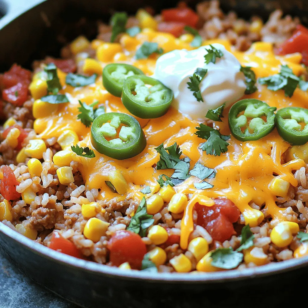 To make Cheesy Taco Rice Skillet, gather these items: - 1 tablespoon olive oil - 1 medium onion, diced - 2 cloves garlic, minced - 1 pound ground beef or turkey - 1 packet taco seasoning (about 1 oz) - 1 cup long-grain white rice, rinsed - 1 can (15 oz) diced tomatoes with green chilies - 2 cups low-sodium chicken broth - 1 cup frozen corn - 1 cup black beans, drained and rinsed - 1 cup shredded cheddar cheese - 1/2 cup fresh cilantro, chopped (for garnish) - Salt and pepper to taste You can add these toppings for extra flavor: - Sliced jalapeños - Sour cream - Avocado This dish is great because it’s filling and tasty. A serving gives you: - Calories: About 400 - Protein: 24g - Carbohydrates: 45g - Fat: 15g - Fiber: 8g Knowing what goes into your meals helps you make better choices. Enjoy your cooking! 1. First, gather all your ingredients. This makes cooking easy and fun. 2. Dice the onion and mince the garlic. These will add great flavor. 3. If you're using ground beef or turkey, make sure it's thawed. 4. Rinse the rice under cold water. This removes extra starch. It helps the rice cook better. 1. Heat one tablespoon of olive oil in a large skillet over medium heat. 2. Add the diced onion and sauté until it turns soft, about five minutes. 3. Stir in the minced garlic and cook for one more minute. This makes your kitchen smell good! 4. Now, add the ground beef or turkey to the skillet. Break it up with a spoon. Cook until it's browned, about seven to eight minutes. 5. Drain any excess fat if needed. 6. Sprinkle one packet of taco seasoning over the meat. Mix well to coat. 7. Add the rinsed rice, can of diced tomatoes (with juices), chicken broth, corn, and black beans. Stir everything together. 8. Bring the mix to a boil, then lower the heat. Cover the skillet with a lid. Let it simmer for 20 minutes. The rice should be tender and absorb the liquid. 9. After 20 minutes, remove the skillet from the heat. Stir in one cup of shredded cheddar cheese. This makes it cheesy and delicious! 10. Taste and add salt and pepper if you want more flavor. 1. Garnish with chopped cilantro for a fresh touch. 2. You can add optional toppings like sliced jalapeños, sour cream, or avocado. 3. Serve it warm in bowls for a cozy meal. Enjoy every bite! To get perfect rice, rinse it well first. Rinsing removes extra starch. This helps keep the rice fluffy. Use long-grain white rice for the best texture. Keep an eye on the liquid. Too much can make it mushy. If you want more flavor, use broth instead of water. This adds depth to your dish. Let the rice simmer low and slow. This gives it time to soak up all the flavors. You can use ground beef or turkey for this dish. I prefer lean ground beef for its rich taste. It adds a nice flavor to the skillet. If you want a lighter option, turkey works well too. Just make sure it is cooked fully to keep it safe. You can also try different meats like chicken or pork. Each will give a unique twist to your meal. To make this dish even tastier, add spices. A pinch of cumin or paprika can boost the taste. Fresh lime juice adds a zesty kick. Fresh herbs like cilantro give a bright finish. You can also mix in some jalapeños for heat. Don't forget to taste as you go. Adjust the seasonings to fit your palate. This ensures a delicious meal every time! {{image_2}} You can make this dish vegetarian or vegan easily. Swap the ground beef or turkey for a plant-based meat alternative. Look for options made from soy or pea protein. Use vegetable broth instead of chicken broth. Add more beans, like pinto or kidney beans, for extra protein. You can also toss in extra veggies, such as bell peppers or zucchini. These changes keep the dish hearty and tasty. If you like heat, add sliced jalapeños to the skillet. You can stir in chopped chipotle peppers for a smoky flavor. Another option is to use spicy taco seasoning. This adds a kick without changing the recipe much. Top your finished dish with a drizzle of hot sauce. This will turn up the spice level and add flavor. You can change the rice for other grains. Quinoa is a great choice for more protein. Brown rice works well, too, but it may need a longer cooking time. You can even try cauliflower rice for a low-carb option. This keeps the dish light and fresh. Just remember to reduce the cooking time if you use cauliflower rice. To store your Cheesy Taco Rice Skillet, let it cool first. Then, place it in an airtight container. You can keep it in the fridge for up to three days. Make sure it is sealed well to keep it fresh. Label the container with the date. This way, you won't forget when you made it. When you're ready to enjoy your leftovers, reheat them on the stove. Pour the rice skillet into a pan. Add a splash of water or broth to keep it moist. Heat over medium-low heat, stirring often. You can also use the microwave. Place it in a microwave-safe bowl, cover it, and heat for about 2-3 minutes. Stir halfway for even heating. If you want to keep it longer, you can freeze the dish. Let the skillet cool completely. Then, transfer it to a freezer-safe container. Make sure to leave some space at the top for expansion. You can freeze it for up to three months. When you want to eat it, thaw it in the fridge overnight before reheating. This way, it will taste fresh and yummy! Yes, you can make Cheesy Taco Rice Skillet ahead of time. Cook it fully and let it cool. Once cool, store it in an airtight container in the fridge. It will stay fresh for up to three days. When you want to eat it, just reheat in a skillet over low heat. Add a splash of broth if it seems dry. This makes it a great option for meal prep or busy nights. This dish pairs great with many sides. Here are some ideas: - Guacamole: Its creaminess balances the spice. - Mexican Street Corn: Sweet and spicy flavors are a hit. - Simple Green Salad: A fresh salad adds crunch. - Tortilla Chips: They add a fun crunch. - Sour Cream: It’s a classic topping that cools the heat. These sides can enhance your meal and bring variety to your table. You can easily change this recipe to fit your needs. Here are some ideas: - Vegetarian: Use black beans and extra veggies instead of meat. - Vegan: Swap cheese for a vegan cheese or nutritional yeast. - Gluten-Free: Check your taco seasoning for gluten. Use rice instead of grains with gluten. - Low-Carb: Replace rice with cauliflower rice for fewer carbs. Customizing this recipe makes it fun and suitable for everyone! In this blog post, we explored how to make a tasty Cheesy Taco Rice Skillet. We covered key ingredients, step-by-step cooking instructions, and useful tips for success. You learned about variations for different diets and how to store leftovers effectively. Always remember, cooking should be fun and flexible. Feel free to tweak flavors to suit your taste. Enjoy every bite of this simple and delicious dish!