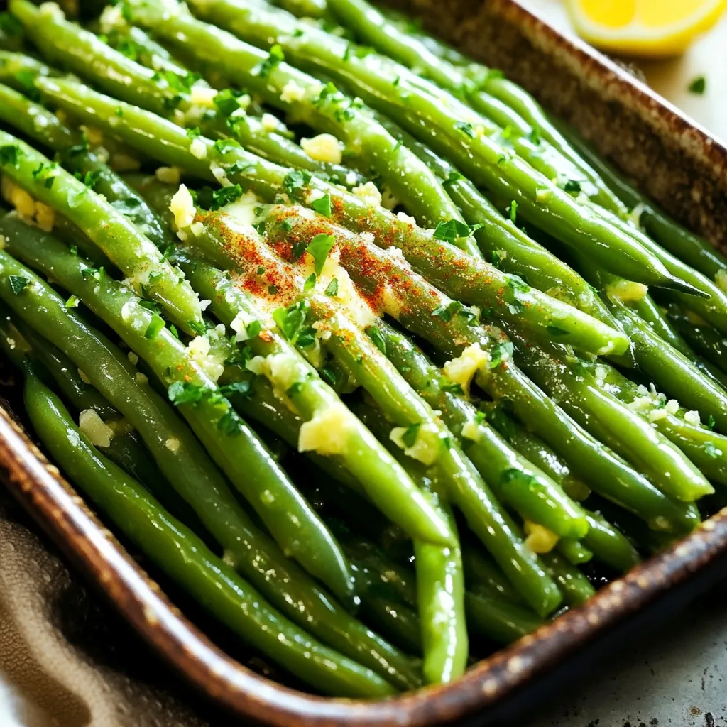To make Air Fryer Garlic Butter Green Beans, you need a few key items: - 1 pound fresh green beans, trimmed - 4 tablespoons unsalted butter, melted - 4 cloves garlic, minced - 1 teaspoon garlic powder - 1 teaspoon onion powder - 1 teaspoon paprika - Salt and pepper, to taste - 2 tablespoons fresh lemon juice When picking fresh green beans, look for bright green color. They should feel firm and snap easily. Avoid beans with brown spots or wilting. You can add more flavor with these optional items: - ¼ cup grated Parmesan cheese - Fresh parsley, chopped (for garnish) Adding Parmesan cheese gives a rich taste. You might also try new seasonings for variety. Red pepper flakes add spice, while fresh herbs like thyme or basil enhance the flavor. First, we need to preheat the air fryer. Set the temperature to 375°F (190°C) and let it warm for about 5 minutes. Preheating helps the green beans cook evenly. Now, let’s make the garlic butter mixture. In a large bowl, combine the melted butter with these seasonings: - 4 cloves of minced garlic - 1 teaspoon of garlic powder - 1 teaspoon of onion powder - 1 teaspoon of paprika - Salt and pepper to taste Mix well until everything blends together nicely. This mixture gives the green beans that rich, garlic flavor. Next, we’ll cook the green beans. Take 1 pound of fresh, trimmed green beans and add them to the bowl with the garlic butter. Toss the beans well, ensuring every piece is coated. Transfer the green beans to the air fryer basket in an even layer. Make sure not to overcrowd them, or they won’t cook well. Air fry the green beans for 8-10 minutes. Shake the basket halfway through to ensure even cooking. To check for doneness, the beans should be tender and slightly crispy. If they need more time, add a minute or two. Once they are done, drizzle 2 tablespoons of fresh lemon juice over the green beans and toss gently. If you like, sprinkle ¼ cup of grated Parmesan cheese on top for extra flavor. Once plated, garnish with chopped fresh parsley for a bright finish. Enjoy your delicious Air Fryer Garlic Butter Green Beans! To make the best garlic butter green beans, avoid overcrowding the basket. If the beans are too close, they won't cook well. This can lead to soggy beans instead of crispy ones. Spread them out in a single layer. If you have more beans than fit, cook them in batches. This ensures even cooking and perfect texture. Want to boost the flavor? Consider adding fresh herbs like thyme or rosemary. These herbs pair well with garlic and butter. You can also sprinkle some red pepper flakes for a little heat. If you love zest, a touch of lemon zest can brighten the dish. Mix and match spices to find your favorite combo. Garlic butter green beans are great with many meals. They pair well with grilled chicken or fish. You can also serve them alongside steak for a hearty dinner. If you want a lighter meal, serve them with a fresh salad. The bright flavors of the beans enhance any dish. They make your plate look colorful and inviting. {{image_2}} You can easily change the taste of your Air Fryer Garlic Butter Green Beans. One fun way is to add red pepper flakes. Just sprinkle a pinch into your garlic butter mixture. This adds a nice kick without being too spicy. It gives the dish a fun twist that spice lovers will enjoy. Another option is to use different types of cheese. While Parmesan is great, you might try feta or goat cheese. Both add a creamy texture and unique taste. Just sprinkle your cheese of choice on top after cooking. It melts nicely and makes the dish even more delicious. If you don’t have an air fryer, you can still make these green beans on the stovetop. Heat a skillet over medium heat. Add your garlic butter mixture and let it melt. Then, toss in the green beans. Cook them for about 5-7 minutes. Stir often until they become tender. You can also bake the green beans in the oven. Preheat your oven to 400°F (200°C). Spread the coated green beans on a baking sheet. Bake for 15-20 minutes, flipping halfway through. This method gives the beans a nice roasted flavor. Both alternatives are easy and tasty! To keep your air fryer garlic butter green beans fresh, store them in an airtight container. Place them in the fridge for up to three days. This helps retain flavor and texture. Make sure the beans cool down before sealing the container. If you want to keep them longer, freezing is a good option. When reheating, you want to keep the green beans crisp. Use the air fryer at 350°F (175°C) for about 5 minutes. This method warms them up without making them soggy. You can also use a skillet on medium heat. Just stir them until warm. If they seem dry, add a little butter or oil. To freeze air fried green beans, let them cool first. Spread them out on a baking sheet, then freeze for about an hour. This prevents them from sticking together. Once frozen, transfer them to a freezer bag. They will last for about two months. To thaw, place them in the fridge overnight or use the microwave on low. You can use vegan butter or olive oil. Both options give great flavor. You can also try coconut oil for a slight sweetness. Just swap butter with the same amount of your choice. The garlic and spices will still shine through. This keeps your dish tasty and plant-based. Yes, you can use frozen green beans. Just remember they may need a little extra time. Cook them for about 10-12 minutes. Check them often to make sure they don’t overcook. You might not need to thaw them first. Just toss them in your garlic mixture and cook. Cook fresh green beans for 8-10 minutes at 375°F (190°C). Shake the basket halfway through for even cooking. If you use thicker beans, you may need an extra minute or two. Always check for tenderness before serving. Adjust the time based on the type of green beans you have. In this article, we explored how to make Air Fryer Garlic Butter Green Beans. We covered the essential ingredients, including tips for choosing fresh green beans. You learned how to prepare, cook, and enhance the dish with various flavors. We also shared storage tips and answered common questions. Now, you have all the tools to create a tasty side dish. Feel free to experiment with flavors to make it your own. Enjoy your cooking journey!