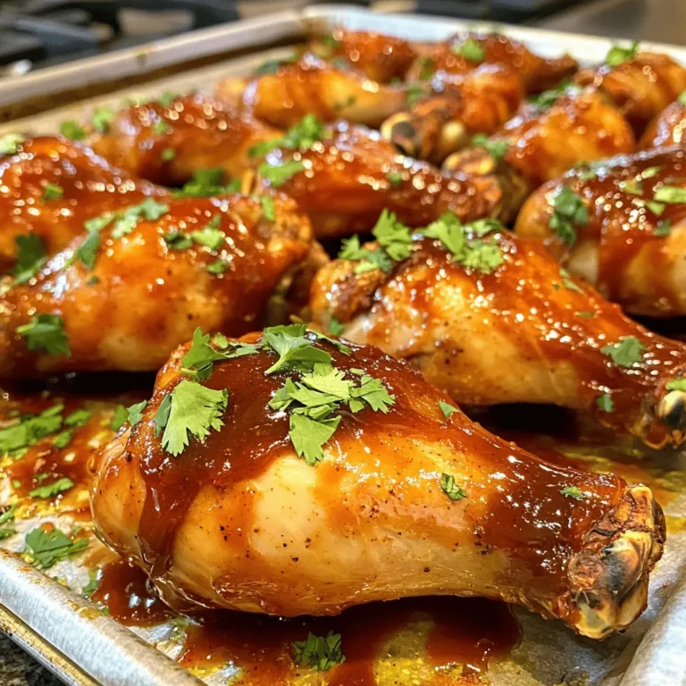 Here’s what you need for BBQ chicken drumsticks. Gather these items before you start: - 8 chicken drumsticks - 1 cup BBQ sauce (your favorite brand) - 2 tablespoons olive oil - 1 teaspoon garlic powder - 1 teaspoon onion powder - 1 teaspoon smoked paprika - ½ teaspoon cayenne pepper (optional for heat) - Salt and pepper to taste - Fresh cilantro or parsley for garnish These ingredients come together to create a dish full of flavor. Choose a BBQ sauce that you love. It really makes a difference! The spices add depth and warmth, while the fresh herbs bring a pop of color and taste. Each piece of chicken will soak up all those good flavors. This is what makes your meal special and memorable. 1. Preheat your oven to 425°F (220°C). Line a large sheet pan with aluminum foil for easy cleanup. 2. In a mixing bowl, combine: - 1 cup BBQ sauce - 2 tablespoons olive oil - 1 teaspoon garlic powder - 1 teaspoon onion powder - 1 teaspoon smoked paprika - ½ teaspoon cayenne pepper (optional) - Salt and pepper to taste 3. Pat the chicken drumsticks dry with paper towels. This helps them crisp up better. 4. Add the chicken drumsticks to the bowl. Coat them well with the BBQ sauce mixture. 5. Spread the drumsticks on the sheet pan. Make sure to leave space between them. 6. Bake in the preheated oven for 25-30 minutes. Flip the drumsticks halfway through. They should be crispy and reach 165°F (74°C) inside. 7. For a nice caramelized finish, broil them for the last 2-3 minutes. Watch them closely to avoid burning. 8. Once done, remove the drumsticks from the oven. Let them rest for 5 minutes. 9. Garnish with freshly chopped cilantro or parsley before serving. Enjoy your BBQ chicken drumsticks! To get crispy drumsticks, start by patting them dry. Use paper towels to soak up any extra moisture. This step helps the skin crisp up nicely. Next, coat the drumsticks well with the BBQ sauce mixture. Make sure every bit is covered. Spacing is key on your sheet pan. Place the drumsticks apart from each other. This allows hot air to circulate. If they are too close, they will steam instead of crisp. Aim for a single layer for the best results. For BBQ sauce, I love to use well-known brands like Sweet Baby Ray’s or Stubb’s. These sauces have a great balance of sweetness and tang. They make the dish flavorful without extra work. If you want to try a homemade BBQ sauce, mix ketchup, brown sugar, and vinegar. Add some mustard and Worcestershire sauce for depth. You can adjust the flavors to your taste. Adding a bit of smoked paprika can enhance the taste too. Enjoy experimenting! {{image_2}} You can change up the BBQ chicken drumsticks in fun ways. For a spicy kick, add more cayenne pepper or try a spicy BBQ sauce. This adds heat and excitement. You might also enjoy a fresh herb twist. Use fresh herbs like thyme or rosemary in your BBQ sauce. This brings a bright taste that pairs well with the chicken. You can grill or bake the drumsticks. Grilling gives a nice smoky flavor and adds grill marks. Just make sure to watch them closely. Baking is easy and less messy. It makes the chicken crispy in the oven. You can even use a slow cooker for a tender option. Cooking in a slow cooker takes longer but keeps the chicken juicy. Just coat the drumsticks and cook on low for 6-8 hours. After enjoying your BBQ chicken drumsticks, you might have some left. To keep them fresh, place the drumsticks in an airtight container. This will help them last longer in the fridge. Store them in the fridge for up to three days. If you want to keep them longer, freezing is a good option. Wrap each drumstick in plastic wrap, then place them in a freezer bag. This helps prevent freezer burn. They can last up to three months in the freezer. When it's time to eat your leftovers, reheating is key. To keep the skin crispy, the oven is your best friend. Preheat your oven to 375°F (190°C). Place the drumsticks on a baking sheet. Heat them for about 15-20 minutes or until warm. If you want extra crispiness, broil them for 2-3 minutes at the end. Just watch them closely to avoid burning. You can also use an air fryer for a quick reheat. This method keeps the drumsticks nice and crunchy. Yes, you can use frozen chicken drumsticks. Just remember to thaw them first. The best way is to leave them in the fridge overnight. If you're in a hurry, you can run them under cold water. This helps them cook evenly. The best internal temperature for chicken drumsticks is 165°F (74°C). Use a meat thermometer to check. This ensures the chicken is safe to eat. It also keeps the meat juicy and tender. Leftovers can last in the fridge for about 3-4 days. Make sure to store them in an airtight container. This keeps them fresh and tasty. If you want to save them longer, consider freezing them. Yes, you can make this recipe in advance. You can marinate the drumsticks in the BBQ sauce mixture. Just cover them and place them in the fridge for a few hours or overnight. This allows the flavors to soak in, making them even better when you bake them. You learned how to make tasty BBQ chicken drumsticks. We covered key ingredients, preparation steps, and baking techniques. I shared tips for crispy skin and creative sauce options. You can try different flavors, and I showed how to store and reheat leftovers. With these skills, you can impress others and enjoy delicious meals. Cooking should be fun and rewarding. Don't hesitate to experiment with your favorite flavors!