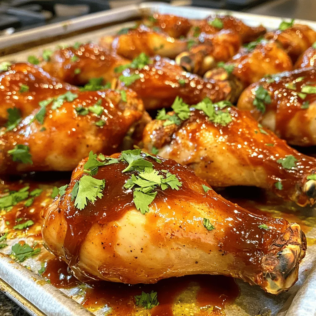 Here’s what you need for BBQ chicken drumsticks. Gather these items before you start: - 8 chicken drumsticks - 1 cup BBQ sauce (your favorite brand) - 2 tablespoons olive oil - 1 teaspoon garlic powder - 1 teaspoon onion powder - 1 teaspoon smoked paprika - ½ teaspoon cayenne pepper (optional for heat) - Salt and pepper to taste - Fresh cilantro or parsley for garnish These ingredients come together to create a dish full of flavor. Choose a BBQ sauce that you love. It really makes a difference! The spices add depth and warmth, while the fresh herbs bring a pop of color and taste. Each piece of chicken will soak up all those good flavors. This is what makes your meal special and memorable. 1. Preheat your oven to 425°F (220°C). Line a large sheet pan with aluminum foil for easy cleanup. 2. In a mixing bowl, combine: - 1 cup BBQ sauce - 2 tablespoons olive oil - 1 teaspoon garlic powder - 1 teaspoon onion powder - 1 teaspoon smoked paprika - ½ teaspoon cayenne pepper (optional) - Salt and pepper to taste 3. Pat the chicken drumsticks dry with paper towels. This helps them crisp up better. 4. Add the chicken drumsticks to the bowl. Coat them well with the BBQ sauce mixture. 5. Spread the drumsticks on the sheet pan. Make sure to leave space between them. 6. Bake in the preheated oven for 25-30 minutes. Flip the drumsticks halfway through. They should be crispy and reach 165°F (74°C) inside. 7. For a nice caramelized finish, broil them for the last 2-3 minutes. Watch them closely to avoid burning. 8. Once done, remove the drumsticks from the oven. Let them rest for 5 minutes. 9. Garnish with freshly chopped cilantro or parsley before serving. Enjoy your BBQ chicken drumsticks! To get crispy drumsticks, start by patting them dry. Use paper towels to soak up any extra moisture. This step helps the skin crisp up nicely. Next, coat the drumsticks well with the BBQ sauce mixture. Make sure every bit is covered. Spacing is key on your sheet pan. Place the drumsticks apart from each other. This allows hot air to circulate. If they are too close, they will steam instead of crisp. Aim for a single layer for the best results. For BBQ sauce, I love to use well-known brands like Sweet Baby Ray’s or Stubb’s. These sauces have a great balance of sweetness and tang. They make the dish flavorful without extra work. If you want to try a homemade BBQ sauce, mix ketchup, brown sugar, and vinegar. Add some mustard and Worcestershire sauce for depth. You can adjust the flavors to your taste. Adding a bit of smoked paprika can enhance the taste too. Enjoy experimenting! {{image_2}} You can change up the BBQ chicken drumsticks in fun ways. For a spicy kick, add more cayenne pepper or try a spicy BBQ sauce. This adds heat and excitement. You might also enjoy a fresh herb twist. Use fresh herbs like thyme or rosemary in your BBQ sauce. This brings a bright taste that pairs well with the chicken. You can grill or bake the drumsticks. Grilling gives a nice smoky flavor and adds grill marks. Just make sure to watch them closely. Baking is easy and less messy. It makes the chicken crispy in the oven. You can even use a slow cooker for a tender option. Cooking in a slow cooker takes longer but keeps the chicken juicy. Just coat the drumsticks and cook on low for 6-8 hours. After enjoying your BBQ chicken drumsticks, you might have some left. To keep them fresh, place the drumsticks in an airtight container. This will help them last longer in the fridge. Store them in the fridge for up to three days. If you want to keep them longer, freezing is a good option. Wrap each drumstick in plastic wrap, then place them in a freezer bag. This helps prevent freezer burn. They can last up to three months in the freezer. When it's time to eat your leftovers, reheating is key. To keep the skin crispy, the oven is your best friend. Preheat your oven to 375°F (190°C). Place the drumsticks on a baking sheet. Heat them for about 15-20 minutes or until warm. If you want extra crispiness, broil them for 2-3 minutes at the end. Just watch them closely to avoid burning. You can also use an air fryer for a quick reheat. This method keeps the drumsticks nice and crunchy. Yes, you can use frozen chicken drumsticks. Just remember to thaw them first. The best way is to leave them in the fridge overnight. If you're in a hurry, you can run them under cold water. This helps them cook evenly. The best internal temperature for chicken drumsticks is 165°F (74°C). Use a meat thermometer to check. This ensures the chicken is safe to eat. It also keeps the meat juicy and tender. Leftovers can last in the fridge for about 3-4 days. Make sure to store them in an airtight container. This keeps them fresh and tasty. If you want to save them longer, consider freezing them. Yes, you can make this recipe in advance. You can marinate the drumsticks in the BBQ sauce mixture. Just cover them and place them in the fridge for a few hours or overnight. This allows the flavors to soak in, making them even better when you bake them. You learned how to make tasty BBQ chicken drumsticks. We covered key ingredients, preparation steps, and baking techniques. I shared tips for crispy skin and creative sauce options. You can try different flavors, and I showed how to store and reheat leftovers. With these skills, you can impress others and enjoy delicious meals. Cooking should be fun and rewarding. Don't hesitate to experiment with your favorite flavors!