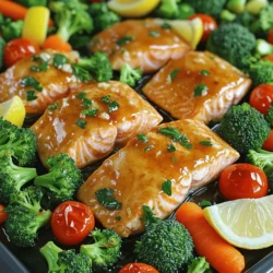 Here’s what you need for this dish: - 4 salmon fillets (skinless) - 1/4 cup honey - 4 cloves garlic, minced - 1 tablespoon soy sauce (low sodium) - 1 tablespoon apple cider vinegar - 1 tablespoon Dijon mustard - 1 teaspoon grated fresh ginger - Salt and pepper to taste - 1 cup broccoli florets - 1 cup baby carrots, halved - 1 cup cherry tomatoes, halved - Fresh parsley, chopped (for garnish) - Lemon wedges (for serving) These ingredients come together to create a sweet and savory flavor. The honey adds a nice touch of sweetness. The garlic gives it a strong, bold taste. You might want to mix things up with these: - Other veggies like bell peppers or zucchini. - Fresh herbs like thyme or dill for extra flavor. - Sesame oil for a nutty twist. Using these can change the dish. It adds your personal flair and keeps it fresh. Each serving of this dish offers great nutrition. Here's what you can expect: - Calories: Approximately 350 - Protein: 30 grams - Fat: 15 grams - Carbohydrates: 25 grams - Fiber: 4 grams This meal is packed with healthy fats and protein. It makes for a well-rounded dinner. Plus, the veggies add vitamins and minerals too. 1. Preheat your oven to 400°F (200°C). This helps cook the salmon perfectly. 2. Line a large sheet pan with parchment paper. This makes clean-up easy. 3. In a medium bowl, whisk together the honey, minced garlic, soy sauce, apple cider vinegar, Dijon mustard, grated ginger, salt, and pepper. Mix until smooth. 4. Place the salmon fillets in the center of the sheet pan. Brush the honey garlic mix over them. Make sure they are well-coated. 5. In another bowl, toss the broccoli, carrots, and cherry tomatoes with the leftover honey garlic mixture. This adds great flavor to the veggies. 6. Arrange the veggies around the salmon on the sheet pan. 1. Put the sheet pan in the preheated oven. Bake for 15-20 minutes. 2. Check if the salmon flakes easily with a fork. This means it is done. 3. The veggies should be tender but still bright. To check if your salmon is done, use a fork. Gently press it into the thickest part. If it flakes easily, it is ready. The salmon should be opaque and not too shiny inside. If you’re unsure, you can cook it a bit longer. Just keep an eye on it to avoid overcooking. To cook salmon well, use fresh fillets. Look for bright color and no strong smell. Always start with a clean pan. Preheat your oven to 400°F (200°C) before you begin. This helps the salmon cook evenly. Place the salmon in the center of the pan. This way, it gets nice heat from all sides. You can boost flavor by adding herbs like dill or basil. Fresh lemon juice adds a bright taste too. If you enjoy a bit of spice, try adding red pepper flakes. A dash of sesame oil also gives a nice twist. Don't forget to taste your honey garlic mixture before using. Adjust salt and pepper to your liking. One common mistake is overcooking the salmon. This makes it dry. Keep an eye on the time. Use a fork to check doneness; it should flake easily. Another mistake is not seasoning enough. A little salt and pepper go a long way. Lastly, don’t crowd the pan with too many veggies. This can lead to steaming instead of roasting. {{image_2}} You can change up the veggies in this dish. Try using asparagus or zucchini. Cauliflower also works well. You can mix and match to fit your taste. Just make sure to cut them into similar sizes. This way, they cook evenly with the salmon. Want to switch up the flavor? Add some heat with red pepper flakes. You can also use lime juice instead of lemon for a fresh kick. If you love herbs, try adding dill or cilantro. These small changes can make a big difference in taste. No honey? Use maple syrup for a sweet touch. If you need a soy sauce swap, try coconut aminos. It’s a great option for a lighter flavor. You can also use agave nectar in place of honey. These swaps let you enjoy the dish in different ways. To store leftover Honey Garlic Sheet Pan Salmon, let it cool first. Place the salmon and veggies in an airtight container. This keeps them fresh. Store the container in the fridge. It lasts for up to three days. Make sure to separate the salmon from the veggies if you want different textures later. When you are ready to eat the leftovers, preheat your oven to 350°F (175°C). Place the salmon and veggies on a baking sheet. Cover them with foil to keep moisture in. Heat for about 10-15 minutes. You can also use a microwave. Just use a microwave-safe dish and heat in short bursts. Check every 30 seconds to avoid overcooking. If you want to freeze the salmon, do it right after cooking. Wrap each piece tightly in plastic wrap. Then place them in a freezer bag. Squeeze out as much air as you can before sealing. It can last up to three months in the freezer. To thaw, move it to the fridge overnight. This helps keep the texture nice. When ready to eat, reheat as described above. Yes, you can use skin-on salmon fillets. The skin adds flavor and texture. It also helps keep the fish moist while cooking. Just remember to adjust the cooking time if needed. Skin-on fillets might take a minute longer to cook compared to skinless. I recommend cooking salmon for 15 to 20 minutes at 400°F (200°C). The fish is done when it flakes easily with a fork. If you use thicker fillets, you may need to cook them a bit longer. Always check to ensure they are cooked through for safety. You can serve many sides with this dish. Here are some ideas: - Rice or quinoa for a healthy grain. - Mixed greens salad for freshness. - Garlic bread for a comforting touch. - Steamed asparagus or green beans for extra veggies. These sides balance the sweet and savory flavors of the salmon. Yes, this recipe is great for meal prep. You can store the salmon and veggies in airtight containers. It stays fresh in the fridge for up to three days. Just reheat in the microwave or oven before serving. This makes it easy to enjoy a healthy meal throughout the week. This blog post covered how to make Honey Garlic Sheet Pan Salmon. We explored key ingredients and optional add-ins. I shared clear steps for preparation and cooking, plus tips for getting the best results. You also learned about variations and storage options. With this knowledge, you can make a tasty meal that fits your style. Enjoy cooking and experimenting with salmon in new ways!