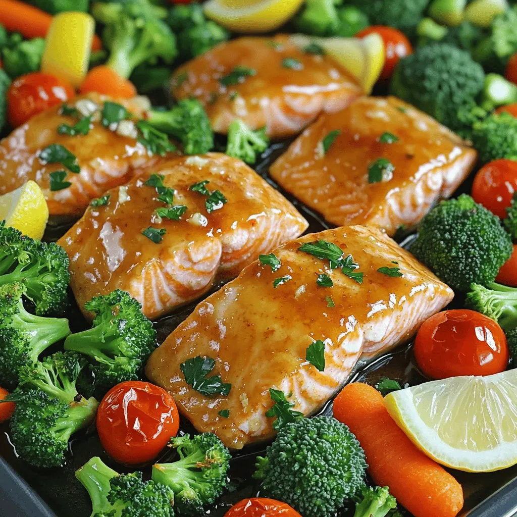Here’s what you need for this dish: - 4 salmon fillets (skinless) - 1/4 cup honey - 4 cloves garlic, minced - 1 tablespoon soy sauce (low sodium) - 1 tablespoon apple cider vinegar - 1 tablespoon Dijon mustard - 1 teaspoon grated fresh ginger - Salt and pepper to taste - 1 cup broccoli florets - 1 cup baby carrots, halved - 1 cup cherry tomatoes, halved - Fresh parsley, chopped (for garnish) - Lemon wedges (for serving) These ingredients come together to create a sweet and savory flavor. The honey adds a nice touch of sweetness. The garlic gives it a strong, bold taste. You might want to mix things up with these: - Other veggies like bell peppers or zucchini. - Fresh herbs like thyme or dill for extra flavor. - Sesame oil for a nutty twist. Using these can change the dish. It adds your personal flair and keeps it fresh. Each serving of this dish offers great nutrition. Here's what you can expect: - Calories: Approximately 350 - Protein: 30 grams - Fat: 15 grams - Carbohydrates: 25 grams - Fiber: 4 grams This meal is packed with healthy fats and protein. It makes for a well-rounded dinner. Plus, the veggies add vitamins and minerals too. 1. Preheat your oven to 400°F (200°C). This helps cook the salmon perfectly. 2. Line a large sheet pan with parchment paper. This makes clean-up easy. 3. In a medium bowl, whisk together the honey, minced garlic, soy sauce, apple cider vinegar, Dijon mustard, grated ginger, salt, and pepper. Mix until smooth. 4. Place the salmon fillets in the center of the sheet pan. Brush the honey garlic mix over them. Make sure they are well-coated. 5. In another bowl, toss the broccoli, carrots, and cherry tomatoes with the leftover honey garlic mixture. This adds great flavor to the veggies. 6. Arrange the veggies around the salmon on the sheet pan. 1. Put the sheet pan in the preheated oven. Bake for 15-20 minutes. 2. Check if the salmon flakes easily with a fork. This means it is done. 3. The veggies should be tender but still bright. To check if your salmon is done, use a fork. Gently press it into the thickest part. If it flakes easily, it is ready. The salmon should be opaque and not too shiny inside. If you’re unsure, you can cook it a bit longer. Just keep an eye on it to avoid overcooking. To cook salmon well, use fresh fillets. Look for bright color and no strong smell. Always start with a clean pan. Preheat your oven to 400°F (200°C) before you begin. This helps the salmon cook evenly. Place the salmon in the center of the pan. This way, it gets nice heat from all sides. You can boost flavor by adding herbs like dill or basil. Fresh lemon juice adds a bright taste too. If you enjoy a bit of spice, try adding red pepper flakes. A dash of sesame oil also gives a nice twist. Don't forget to taste your honey garlic mixture before using. Adjust salt and pepper to your liking. One common mistake is overcooking the salmon. This makes it dry. Keep an eye on the time. Use a fork to check doneness; it should flake easily. Another mistake is not seasoning enough. A little salt and pepper go a long way. Lastly, don’t crowd the pan with too many veggies. This can lead to steaming instead of roasting. {{image_2}} You can change up the veggies in this dish. Try using asparagus or zucchini. Cauliflower also works well. You can mix and match to fit your taste. Just make sure to cut them into similar sizes. This way, they cook evenly with the salmon. Want to switch up the flavor? Add some heat with red pepper flakes. You can also use lime juice instead of lemon for a fresh kick. If you love herbs, try adding dill or cilantro. These small changes can make a big difference in taste. No honey? Use maple syrup for a sweet touch. If you need a soy sauce swap, try coconut aminos. It’s a great option for a lighter flavor. You can also use agave nectar in place of honey. These swaps let you enjoy the dish in different ways. To store leftover Honey Garlic Sheet Pan Salmon, let it cool first. Place the salmon and veggies in an airtight container. This keeps them fresh. Store the container in the fridge. It lasts for up to three days. Make sure to separate the salmon from the veggies if you want different textures later. When you are ready to eat the leftovers, preheat your oven to 350°F (175°C). Place the salmon and veggies on a baking sheet. Cover them with foil to keep moisture in. Heat for about 10-15 minutes. You can also use a microwave. Just use a microwave-safe dish and heat in short bursts. Check every 30 seconds to avoid overcooking. If you want to freeze the salmon, do it right after cooking. Wrap each piece tightly in plastic wrap. Then place them in a freezer bag. Squeeze out as much air as you can before sealing. It can last up to three months in the freezer. To thaw, move it to the fridge overnight. This helps keep the texture nice. When ready to eat, reheat as described above. Yes, you can use skin-on salmon fillets. The skin adds flavor and texture. It also helps keep the fish moist while cooking. Just remember to adjust the cooking time if needed. Skin-on fillets might take a minute longer to cook compared to skinless. I recommend cooking salmon for 15 to 20 minutes at 400°F (200°C). The fish is done when it flakes easily with a fork. If you use thicker fillets, you may need to cook them a bit longer. Always check to ensure they are cooked through for safety. You can serve many sides with this dish. Here are some ideas: - Rice or quinoa for a healthy grain. - Mixed greens salad for freshness. - Garlic bread for a comforting touch. - Steamed asparagus or green beans for extra veggies. These sides balance the sweet and savory flavors of the salmon. Yes, this recipe is great for meal prep. You can store the salmon and veggies in airtight containers. It stays fresh in the fridge for up to three days. Just reheat in the microwave or oven before serving. This makes it easy to enjoy a healthy meal throughout the week. This blog post covered how to make Honey Garlic Sheet Pan Salmon. We explored key ingredients and optional add-ins. I shared clear steps for preparation and cooking, plus tips for getting the best results. You also learned about variations and storage options. With this knowledge, you can make a tasty meal that fits your style. Enjoy cooking and experimenting with salmon in new ways!