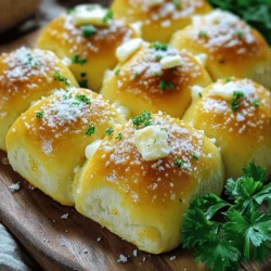 - 2 cups all-purpose flour - 1 cup warm milk (about 110°F) - 2 tablespoons sugar - 1 packet (2 ¼ teaspoons) active dry yeast - 1/2 teaspoon salt - 3 tablespoons unsalted butter, melted - 2 cloves garlic, minced - 1/3 cup grated Parmesan cheese - 1 teaspoon dried Italian herbs (oregano, basil) - 1 egg for egg wash (optional) You can swap all-purpose flour with whole wheat flour for a nutty taste. If you want a dairy-free option, use almond milk instead of warm milk. Instead of sugar, try honey for a touch of sweetness. Use fresh garlic instead of minced if you prefer a stronger flavor. If you lack Parmesan cheese, Romano cheese works well. You can skip the egg wash; your rolls will still taste great! Using fresh ingredients makes a big difference. Fresh garlic brings a strong and clear flavor. Fresh herbs add depth and aroma, making the rolls stand out. High-quality cheese enhances the taste and texture. Fresh flour ensures good rise and soft rolls. Always check your yeast; if it’s expired, the rolls won’t rise. Fresh ingredients lead to better results, making your Garlic Parmesan Dinner Rolls truly special! To start, you need to wake up the yeast. In a small bowl, mix warm milk, sugar, and yeast. Let this sit for 5 to 10 minutes. You want the mixture to get frothy. This shows the yeast is active. If it doesn't froth, the yeast may be old. Now, grab a large mixing bowl. Combine the flour and salt well. Make a well in the center. Pour in the frothy yeast mixture, melted butter, minced garlic, and dried herbs. Mix everything together until a dough forms. Once it comes together, knead the dough on a floured surface. Do this for 5 to 7 minutes. You want it smooth and elastic. After kneading, place the dough in a greased bowl. Cover it with a clean kitchen towel. Let it rise in a warm spot for about 1 hour. It should double in size. Once risen, punch the dough down gently. Divide it into 12 equal pieces. Shape each piece into a ball. Place the rolls in a greased 9x13 inch baking dish. For a nice golden top, brush the rolls with an egg wash. Sprinkle grated Parmesan cheese on top. Cover the dish with a towel again. Let the rolls rise for another 30 minutes. Preheat your oven to 375°F (190°C). Bake the rolls for 20 to 25 minutes. They should be golden brown when done. Let them cool slightly before serving. When making Garlic Parmesan Dinner Rolls, watch out for a few common errors. First, always check the yeast. If it does not foam, your rolls may not rise. Next, do not skip kneading. Kneading makes the dough smooth and helps it rise well. Lastly, avoid overbaking. Keep an eye on the rolls, so they stay soft and golden. To get that soft and fluffy texture, use warm milk at about 110°F. This warmth wakes up the yeast, making it active. Also, knead the dough until it feels elastic. This step is key for the rolls to rise properly. After the first rise, let the dough rest again for 30 minutes. This extra time gives the rolls a light and airy feel. To boost the flavor of your rolls, try adding fresh herbs. Chopped rosemary or thyme can add depth. You can also mix in more garlic if you love a strong taste. For a cheesy twist, experiment with different cheeses. Mozzarella or cheddar can create a fun variation. Finally, brush the tops with garlic butter before serving for an extra burst of flavor. {{image_2}} You can play with different cheeses in these rolls. Cheddar brings a sharp kick. Mozzarella adds a stretchy, gooey texture. Feta gives a nice tang and crumbly feel. Mix cheeses for a fun twist! Try adding up to 1/2 cup of your favorite cheese into the dough. This adds flavor and richness to each bite. Herbs can change the taste of your rolls. Basil, rosemary, or thyme each add a unique flavor. You can use fresh or dried herbs. For a stronger taste, use fresh herbs. A tablespoon of fresh chopped herbs can make a big difference. Try mixing them into the dough for a burst of flavor. You can make these rolls gluten-free too! Use a gluten-free all-purpose flour blend. Look for one that has xanthan gum. This helps the rolls rise well. You may need to adjust the amount of liquid. Start with the recipe's amount and add more if needed. The texture will be slightly different, but they will still be tasty! To keep your garlic Parmesan dinner rolls fresh, place them in an airtight container. You can also wrap them in plastic wrap or aluminum foil. Store them at room temperature for up to three days. If your home is warm, put them in the fridge. This helps maintain their softness. To freeze the rolls, wait until they cool completely. Then, wrap each roll in plastic wrap. Place wrapped rolls in a freezer bag, removing as much air as you can. They will stay fresh for up to three months. When you want to enjoy them, just thaw in the fridge overnight. To reheat, preheat your oven to 350°F (175°C). Place the rolls on a baking sheet. Cover them with foil to prevent drying out. Heat for about 10-15 minutes. You can also microwave them for about 15-20 seconds. Just be careful not to overheat, as they can become tough. Enjoy your rolls warm for the best taste! Garlic Parmesan Dinner Rolls last about 2 to 3 days at room temperature. Store them in an airtight bag or container. For longer freshness, keep them in the fridge. They can last up to a week that way. If you want to keep them even longer, freeze them. They can stay good for about a month in the freezer. Yes, you can make the dough in advance. After mixing and kneading, place the dough in a greased bowl. Cover it and let it rise until doubled in size. Then, punch it down and shape it into rolls. You can place the shaped rolls in the fridge overnight. When you are ready to bake, let them rise again before baking. You can serve Garlic Parmesan Dinner Rolls with many dishes. They pair well with soups and salads. Try them with a creamy tomato soup for a cozy meal. They also go great with pasta dishes. Serve them alongside spaghetti or fettuccine Alfredo for a tasty combo. If you're having a barbecue, these rolls can add a nice touch to grilled meats. Enjoy them with soft butter or a sprinkle of herbs for extra flavor! In this blog post, we explored all the key steps to make Garlic Parmesan Dinner Rolls. We discussed important ingredients, shared tips to avoid mistakes, and showed how to store leftovers. Remember, using fresh ingredients makes a big difference in taste. When you follow these steps, your rolls will rise perfectly and taste great. I hope you try making these rolls soon. Enjoy sharing them with family and friends!