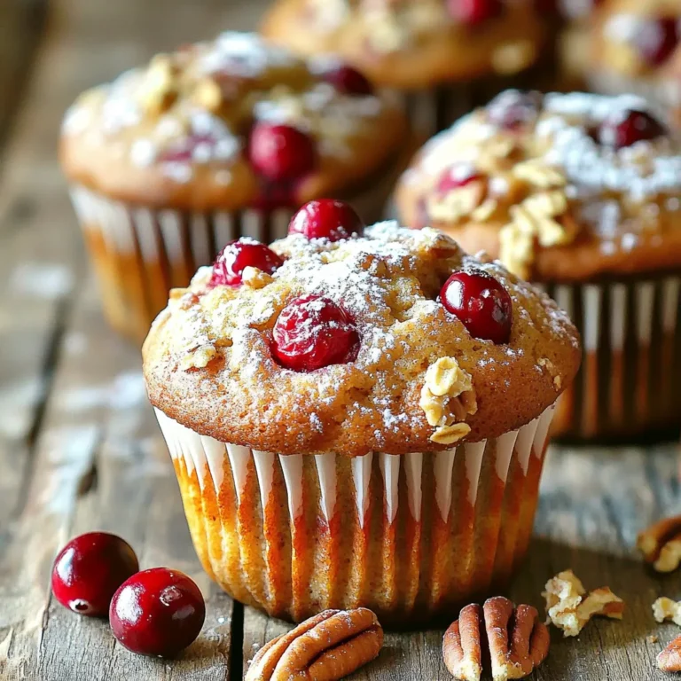 To start, gather these key ingredients for your cranberry pecan muffins: - 1 ½ cups all-purpose flour - ¾ cup granulated sugar - ½ cup packed brown sugar - 1 tablespoon baking powder - ½ teaspoon salt - 1 teaspoon ground cinnamon - 1 large egg - ½ cup milk (can be almond milk) - ⅓ cup vegetable oil - 1 teaspoon vanilla extract - 1 cup fresh or frozen cranberries (if frozen, do not thaw) - ½ cup pecans, chopped - ¼ cup oats (optional, for added texture) You can add a few items to boost flavor: - Zest from one orange for a bright taste - A pinch of nutmeg for warmth - A handful of chocolate chips for sweetness - Chopped walnuts instead of pecans for a different nutty flavor If you need changes, here are some substitutions: - Use whole wheat flour for a healthier option. - Swap sugar with honey or maple syrup for a natural sweetener. - Replace vegetable oil with melted coconut oil for a tropical twist. - Try applesauce instead of the egg for a vegan muffin. - Use non-dairy milk like oat milk for a dairy-free version. These ingredients make your muffins tasty and adaptable. Enjoy mixing and baking! Start by preheating your oven to 350°F (175°C). This step is key for even baking. Next, grab a muffin tin. You can line it with paper liners or just grease it lightly with cooking spray. This helps the muffins come out easily. In a large bowl, whisk together the dry ingredients. Combine 1 ½ cups of flour, ¾ cup of granulated sugar, ½ cup of brown sugar, 1 tablespoon of baking powder, ½ teaspoon of salt, and 1 teaspoon of cinnamon. Mixing these well ensures your muffins have a balanced flavor. In another bowl, beat 1 large egg. Then add ½ cup of milk (you can use almond milk), ⅓ cup of vegetable oil, and 1 teaspoon of vanilla extract. Mix these until smooth. This mixture brings moisture and flavor to your muffins. Now, pour the wet ingredients into the dry ingredients. Use a spatula to stir gently. Stop mixing as soon as everything is combined. It's okay if some lumps remain. This helps keep your muffins light and fluffy. Next, gently fold in 1 cup of cranberries, ½ cup of chopped pecans, and ¼ cup of oats if you want extra texture. Make sure these ingredients are evenly spread throughout the batter. This step adds flavor and crunch to every bite. Divide your batter evenly among the muffin cups. Fill each cup about ¾ full. This will give your muffins room to rise without overflowing. Place the muffin tin in the preheated oven. Bake for 18-20 minutes. Check if they're done by inserting a toothpick into the center of a muffin. If it comes out clean, they are ready. Let the muffins cool in the tin for about 5 minutes before moving them to a wire rack. This cooling step helps them set properly. To get that soft and fluffy muffin, you need to mix well but not too much. Overmixing makes muffins tough. Stir just enough to combine the wet and dry ingredients. Leave some lumps; they are okay! This helps keep the muffins light. Start with dry ingredients in one bowl and wet in another. Whisk the dry mix well to break up any lumps. For the wet mix, beat the egg first, then add the other wet items. When combining, use a spatula to fold gently. Avoid using a mixer; it can create too much air. Serve your cranberry pecan muffins warm for the best taste. You can sprinkle a bit of powdered sugar on top for a nice finish. Enjoy them with coffee or tea. For a fun touch, place a whole pecan on each muffin before baking. This gives a nice look and adds flavor. {{image_2}} You can easily make gluten-free cranberry pecan muffins. Just swap all-purpose flour for gluten-free flour. Many brands work well, so choose one you like. Check the package for any special instructions. The rest of the recipe stays the same. You still get the tasty mix of cranberries and pecans. To make vegan cranberry pecan muffins, replace the egg with a flax egg. Mix one tablespoon of flaxseed meal with three tablespoons of water. Let it sit for five minutes until it thickens. Use almond milk instead of regular milk. You can also choose vegetable oil or coconut oil. These swaps keep the muffins moist and flavorful. You can add fun flavors to your muffins. Try adding orange zest for a citrusy twist. Just use the zest of one orange and mix it in with the wet ingredients. If you're a chocolate fan, mix in half a cup of chocolate chips. They melt and create a yummy treat. You can get creative with spices too. A pinch of nutmeg or ginger can add warmth to your muffins. To keep your cranberry pecan muffins fresh, store them in an airtight container. This helps prevent them from drying out. You can also wrap each muffin in plastic wrap for extra protection. Place them at room temperature if you plan to eat them within a few days. Freezing your muffins is a great way to save them for later. First, let the muffins cool completely. Then, wrap each muffin in plastic wrap and place them in a freezer-safe bag. Remove as much air as possible before sealing. To thaw, simply take a muffin out and leave it at room temperature for about an hour. You can also reheat them in the oven for a warm treat. When stored properly, cranberry pecan muffins last up to 3 days at room temperature. If you freeze them, they can last up to 3 months. Just remember to check for any signs of freezer burn when you take them out. Enjoy your muffins while they’re still fresh and tasty! Yes, you can use dried cranberries. They will give a sweeter taste. Just remember to reduce the sugar slightly. Dried cranberries soak up moisture. The muffins may be a bit denser. To make these muffins healthier, try these tips: - Use whole wheat flour instead of all-purpose flour. - Replace sugar with honey or maple syrup. - Add more nuts or seeds for protein. - Use less oil or replace it with applesauce. - Add fruits like bananas or apples for natural sweetness. Yes, you can replace the egg with a vegan alternative. Use 1 tablespoon of ground flaxseed mixed with 2.5 tablespoons of water. Let it sit for a few minutes until it thickens. This will help bind the muffins. You can also use mashed bananas or unsweetened applesauce. To reheat muffins, use the oven or microwave. For the oven, preheat to 350°F (175°C). Wrap muffins in foil and heat for 10 minutes. For the microwave, place a muffin on a plate. Heat for 10-15 seconds. Check if it’s warm enough. You can check if the muffins are done by using a toothpick. Insert it into the center of a muffin. If it comes out clean or with a few crumbs, they are ready. If the toothpick has wet batter, bake a few more minutes. Making cranberry pecan muffins is simple and fun. We covered all the key ingredients, from the main ones to optional flavor boosters. I shared step-by-step instructions to help you bake perfect muffins. You now have tips for texture and storage. Plus, we explored tasty variations for gluten-free and vegan options. Baking can be a joy. With these tips, you’ll make muffins your family loves. Enjoy your baking adventure and share these muffins with friends!