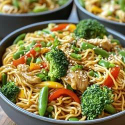 - Lo mein noodles (8 ounces): These are the star of the dish. They are thick and chewy, making them perfect for soaking up flavor. - Sesame oil (1 tablespoon): This oil adds a rich, nutty flavor. It helps with cooking and gives a great aroma. - Chicken breasts (2, sliced thinly): Chicken adds protein and heartiness. Thin slices cook quickly and mix well with the noodles. - Broccoli florets (1 cup): Broccoli brings a fresh crunch and bright color. It is full of vitamins and minerals. - Red bell pepper (1, julienned): This sweet pepper adds color and a slight sweetness. It cooks quickly and enhances the dish. - Snap peas (1 cup): Snap peas add a crisp bite and natural sweetness. They are fun to eat and healthy. - Green onions (3, chopped): These add a fresh and mild onion flavor. They are great for garnish and taste. - Garlic (3 cloves, minced): Garlic gives a strong and warm flavor. It is a must-have for savory dishes. - Ginger (1 inch, grated): Ginger adds warmth and a slight spice. It brightens the flavor of the dish. - Soy sauce (3 tablespoons): Soy sauce adds saltiness and umami. It brings all the flavors together. - Oyster sauce (1 tablespoon): This sauce adds depth and sweetness. It enhances the overall flavor of the dish. - Chili garlic sauce (1 teaspoon, optional): If you like heat, this sauce adds spice. It can be adjusted to your taste. - Salt and pepper to taste: These basic seasonings help enhance all other flavors. Use them wisely. - Sesame seeds for garnish: These seeds add a nice crunch and a touch of flair. They make the dish look appealing. Using fresh ingredients is key to a great Chicken Lo Mein. Fresh veggies and meats ensure good flavor and texture. They also provide nutrients. When you pick fresh items, you get the best taste. Always try to use what you find at local markets or stores. This way, your meal will be tasty and healthy! Start by boiling a big pot of water. Add the lo mein noodles and cook them until they are al dente. This usually takes about 4-5 minutes. Once they are done, drain the noodles. Toss them with a bit of sesame oil to stop them from sticking. Next, heat a large skillet or wok over medium-high heat. Add one tablespoon of sesame oil. Once hot, add the thinly sliced chicken. Stir-fry for about 5 minutes until the chicken turns brown and is cooked through. Remove the chicken from the skillet and set it aside. Using the same skillet, add the broccoli, red bell pepper, and snap peas. Stir-fry these veggies for about 3-4 minutes. You want them to be tender but still crisp. Now, add the minced garlic and grated ginger to the vegetables. Stir-fry for one more minute until you can smell their great aroma. This step adds a lot of flavor to your dish. Return the cooked chicken to the skillet. Pour in the soy sauce, oyster sauce, and chili garlic sauce if you want some heat. Mix everything well so the flavors blend together. Heat this for a few minutes until it is all hot. Now it’s time to add the cooked lo mein noodles. Toss them into the skillet with the chicken and veggies. Stir-fry for another 2-3 minutes. Make sure everything is well combined, and taste for salt and pepper. Once done, take the skillet off the heat. Sprinkle chopped green onions and sesame seeds on top for a nice finish. Serve your Chicken Lo Mein in deep bowls for a beautiful presentation. Enjoy your meal! To get the best texture in your lo mein noodles, cook them just right. Follow the package instructions closely. Aim for al dente, which means they should be firm but not hard. After draining, toss them in a bit of sesame oil. This keeps them from sticking together. Stir-frying is quick and fun! Keep your ingredients ready before you start. Heat your skillet or wok on medium-high heat. Add oil first, then your chicken. Cook it until it turns golden brown. Don’t crowd the pan; this helps everything cook evenly. Stir constantly for the best results. How to incorporate more vegetables You can add more veggies to your lo mein for color and nutrition. Try adding carrots, bell peppers, or mushrooms. Just chop them small so they cook fast. Mix them in with your other vegetables during stir-frying. Substitutions for chicken If you want a change from chicken, you can use shrimp, beef, or tofu. Each protein brings a different flavor. Make sure to adjust the cooking time based on your choice. For tofu, press it first to remove extra water. For beef or shrimp, cook them until they are just done. {{image_2}} If you want a meat-free meal, try vegetable lo mein. You can use any fresh veggies you like. Some great choices are bell peppers, carrots, and mushrooms. Just stir-fry the veggies as you would the chicken. This gives you a colorful and healthy dish. It’s fun to mix different textures and flavors. Plus, it’s a great way to use up vegetables in your fridge. For seafood lovers, shrimp lo mein is a tasty option. Simply swap the chicken for shrimp. Cook the shrimp until they turn pink, then add your veggies. You can do the same with beef. Use thin slices of flank steak or sirloin. Cook them until they brown, then add the rest of the ingredients. Both options add a nice twist to the classic chicken lo mein. If you need a gluten-free meal, you can make some easy swaps. Look for gluten-free lo mein noodles or rice noodles instead. Check your sauces, too. Many soy sauces contain gluten, but you can find gluten-free versions. This way, you can enjoy a delicious chicken lo mein without any worries. Adjust the recipe as needed, and you’ll still have a great dish that everyone can enjoy. To store leftovers, first let the Chicken Lo Mein cool down. Place it in an airtight container. You can keep it in the fridge for up to three days. Make sure to seal the container tightly. This keeps the dish fresh and tasty. When you want to eat leftovers, you can reheat them easily. Use a microwave-safe bowl. Add a splash of water to keep it moist. Heat in the microwave for about two minutes. Stir halfway through to warm it evenly. You can also reheat it in a skillet on low heat. This helps keep the noodles nice and chewy. If you want to save it for later, you can freeze Chicken Lo Mein. Use a freezer-safe container or bag. Make sure to remove as much air as possible. The dish can be frozen for up to three months. When you’re ready to eat, thaw it in the fridge overnight. Then, reheat it as mentioned above. This way, you can enjoy a quick meal anytime. Lo Mein and Chow Mein are both Chinese noodle dishes. The main difference lies in the noodle texture and preparation. Lo Mein uses soft, chewy noodles. Chow Mein uses crispy, fried noodles. Lo Mein is often saucy, while Chow Mein is drier. Both are delicious, but they offer different eating experiences. Yes, you can use other noodles. If you cannot find lo mein noodles, try egg noodles or even spaghetti. Rice noodles also work well. Just ensure you cook them according to the package instructions. This way, your dish stays tasty and fun. To spice up Chicken Lo Mein, add chili garlic sauce. You can also include sliced fresh chili peppers. Another option is to use sriracha or red pepper flakes. Start with a small amount and adjust to your taste. This adds heat without losing the dish's flavor. Absolutely! Chicken Lo Mein is great for meal prep. You can make it ahead and store it in the fridge. It keeps well for up to three days. When ready to eat, reheat it in a pan or microwave. The flavors will blend even more, making it taste fantastic. To sum up, this blog post covered the key ingredients for Chicken Lo Mein and their importance. We laid out clear, step-by-step instructions for cooking and combining all the flavors. You learned tips for perfect noodles and great stir-frying. Variations and storage options were also discussed, along with answers to common questions. Ultimately, cooking Chicken Lo Mein can be fun and rewarding. Enjoy making this dish and experimenting with your favorite elements!