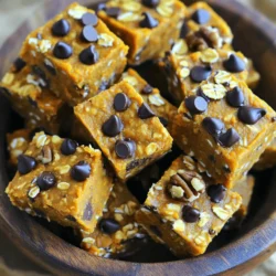 - 1 cup rolled oats - 1/2 cup canned pumpkin puree - 1/2 cup almond butter (or peanut butter) - 1/4 cup honey or maple syrup - 1/2 teaspoon ground cinnamon - 1/4 teaspoon nutmeg - 1/2 teaspoon vanilla extract - 1/2 cup mini chocolate chips - 1/4 cup chopped walnuts or pecans (optional) - A pinch of salt The ingredients for No-Bake Pumpkin Chocolate Chip Energy Squares are simple but full of flavor. Rolled oats give a hearty base. Pumpkin puree adds natural sweetness and moisture. Almond butter or peanut butter brings a creamy texture. Honey or maple syrup sweetens the mix perfectly. Ground cinnamon and nutmeg add warmth and spice. Vanilla extract enhances the overall flavor. Mini chocolate chips provide little bursts of joy. Nuts can add crunch, but they are optional. Lastly, a pinch of salt balances the sweetness. - If you can’t find almond butter, peanut butter works well too. - You can use agave syrup instead of honey for a vegan option. - If you need to replace rolled oats, try quick oats or ground oats. These substitutes make the recipe flexible. Almond butter gives a nutty taste, but peanut butter can be just as tasty. Agave syrup replaces honey for those avoiding animal products. Quick oats can save time and still work well in this recipe. Exploring these options can help you customize your energy squares. - Mixing the base ingredients In a mixing bowl, combine 1 cup of rolled oats, 1/2 cup of pumpkin puree, and 1/2 cup of almond butter. Add in 1/4 cup of honey or maple syrup. Mix well until everything is smooth. - Incorporating spices and chocolate chips Next, add 1/2 teaspoon of ground cinnamon, 1/4 teaspoon of nutmeg, and 1/2 teaspoon of vanilla extract. Toss in a pinch of salt and 1/2 cup of mini chocolate chips. If you like, fold in 1/4 cup of chopped walnuts or pecans. - Lining the baking dish Line an 8x8 inch baking dish with parchment paper. Leave some paper overhang to make removal easier later. - Transferring the mixture Transfer the mixture into the lined baking dish. Use a spatula or your hands to spread it evenly. - Pressing down the mixture into the dish Press down firmly on the mixture. This helps the squares hold together once chilled. - Covering and refrigerating Cover the dish with plastic wrap. Place it in the fridge for at least 2 hours. This helps the squares set and become firm. - Cutting the squares After chilling, lift the parchment paper out of the dish. Cut the set mixture into squares. - Plating suggestions for serving Serve the squares on a nice plate. They pair well with a cup of tea or coffee for a tasty snack. To get the right texture, your mixture should be sticky but not too wet. If it feels too loose, add more oats. If it's too dry, add a touch of almond butter or pumpkin puree. Adjusting sweetness is easy. Taste the mixture before chilling. If you want it sweeter, stir in more honey or maple syrup. The best way to store these energy squares is in an airtight container. Keep them in the fridge. This helps them stay fresh and tasty. They can last up to a week. If you want to keep them longer, consider freezing them. Just wrap each square in plastic wrap before placing them in a freezer bag. These energy squares go well with yogurt or smoothies. They make a great snack for kids after school. You can serve them at parties or picnics too. They are perfect for a quick breakfast on busy mornings. Enjoy them anytime you need a healthy treat! {{image_2}} You can change the flavor of your energy squares easily. Adding dried fruit like raisins or cranberries gives a sweet twist. You can also mix in spices. Try ginger or cloves for a warm, cozy taste. If you want a crunch, add seeds. Chia or flaxseed work well in the mix. You can also use protein powder. This adds a boost and makes your squares even more filling. Want to make these energy squares vegan? Swap honey for maple syrup. This keeps the sweetness but removes animal products. For gluten-free options, use certified gluten-free oats. These small changes keep everyone happy and satisfied. Each square is packed with good stuff. You get protein, fiber, and healthy fats. Here’s a quick look at what each serving offers: - Calories: 150 - Protein: 4g - Fat: 7g - Carbohydrates: 20g - Fiber: 3g - Sugars: 6g Pumpkin is low in calories and high in vitamins. It gives you vitamin A, which helps your eyes. Oats provide fiber, which helps with digestion. They keep you full and satisfied. Nuts add healthy fats and protein. They help your heart stay strong. Each energy square has about 150 calories. This is lower than many snacks. For a candy bar, you can easily hit 200 calories or more. These energy squares are a smart choice. They fuel your day without loads of sugar. Be mindful of allergens. These squares contain nuts. If you or someone you know has a nut allergy, use sunflower seed butter instead. Also, watch the sugar. If you want less sweetness, cut back on honey or syrup. These small changes keep the treats healthy. These energy squares last about one week in the fridge. Store them in an airtight container. This keeps them fresh and tasty. The flavors get better as they sit. Yes, you can freeze these squares! Wrap each square in plastic wrap. Then place them in a freezer bag. They stay good for up to three months. Just thaw them in the fridge before eating. Absolutely! These energy squares are great for kids. They are packed with healthy ingredients. The mini chocolate chips add a sweet touch. Kids love the flavor, and they are easy to chew. You can use different sweeteners easily. Try agave syrup or coconut sugar. Both work well in this recipe. Just keep the measurements the same for a sweet treat. These energy squares pair well with yogurt or fruit. Serve them with a smoothie for a quick breakfast. They also make a great snack for after school. Enjoy them with a warm drink too! In this post, we explored a delicious and healthy no-bake energy square recipe. We covered key ingredients like oats, pumpkin puree, and almond butter. I shared easy steps for mixing, chilling, and serving these treats. We also discussed tips for perfecting the recipe and suggested fun variations. These energy squares are tasty, simple, and perfect for many occasions. Try making them with your favorite flavors. Enjoy a snack that fuels your day!