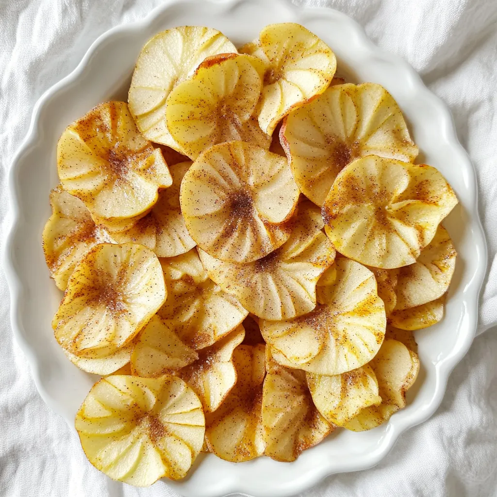To make air fryer apple chips, you need: - 2 large apples (like Granny Smith or Fuji) - 1 teaspoon lemon juice - 2 tablespoons granulated sugar - 1 teaspoon ground cinnamon - Pinch of salt You can mix things up by adding: - Nutmeg or ginger for extra spice - Honey or maple syrup for sweetness - Other fruits like pears or bananas Fresh ingredients make a big difference. Apples that are crisp will turn out better. They will be crunchier and more flavorful. Use apples that feel firm when you squeeze them. Avoid apples with soft spots or blemishes. Fresh ingredients not only taste better, but they also help create a healthy snack. Enjoy the natural sweetness of apples with a sprinkle of cinnamon sugar for a perfect treat! Start by washing your apples well. Choose large ones like Granny Smith or Fuji. Using a sharp knife or mandoline, slice the apples into very thin rounds. Aim for about 1/8 inch thick. This helps them crisp up nicely. Don’t forget to remove any seeds from the slices. This step is key for a great texture. To keep your apple slices fresh and bright, use lemon juice. In a small bowl, mix one teaspoon of lemon juice with a tablespoon of water. Dip each apple slice in this solution for a quick moment. This helps prevent browning. Toss them gently in the bowl, then drain off the extra liquid. This simple trick keeps your chips looking great. Next, let’s make the cinnamon sugar. In another bowl, combine two tablespoons of granulated sugar, one teaspoon of ground cinnamon, and a pinch of salt. Mix it well. Now, sprinkle this mixture over the apple slices. Use your hands to rub it onto each slice. Make sure every slice gets a good coat. This adds amazing flavor. Now it’s time to preheat your air fryer. Set it to 300°F (150°C) for about 3 to 5 minutes. Preheating helps cook the apples evenly and quickly. Don't skip this step if you want crispy chips. Once preheated, it’s time to arrange the apple slices. Layer them in the air fryer basket in a single layer. Make sure they don’t overlap. If your air fryer is small, you may need to do this in batches. Now, cook the apple slices for 15 to 20 minutes. Shake the basket halfway through. Keep an eye on them to avoid overcooking. You want them crispy and lightly golden brown. When the apple chips are done, carefully remove them from the air fryer. Let them cool on a wire rack. They will continue to crisp up as they cool. Once cooled, enjoy them as a healthy snack or dessert. You can also serve them with yogurt or nut butter for a tasty twist! To get your apple chips crispy, slice the apples thinly. Aim for about 1/8 inch thick. Even slices help them cook evenly. Make sure not to overlap the slices in the air fryer. This will let hot air circulate, making them crisp. Shake the basket halfway through cooking to promote even browning. Keep an eye on them, as cooking times may vary. The cinnamon sugar mix can be adjusted based on your taste. Start with 2 tablespoons of sugar and 1 teaspoon of cinnamon. If you like it sweeter, add more sugar. For a spicier kick, add more cinnamon. You can also try a pinch of nutmeg for extra flavor. Feel free to mix and match until you find what you love! Choosing the right apples makes a big difference. I recommend using Granny Smith or Fuji apples. Granny Smith offers a nice tartness, while Fuji is sweet and crisp. Other great options are Honeycrisp and Pink Lady. These apples hold up well during cooking and create a delicious chip. Always pick fresh, firm apples for the best results! {{image_2}} You can easily change the flavor of your apple chips. Adding spices like nutmeg or ginger can bring new tastes. Just sprinkle a little of these spices when mixing the cinnamon sugar. Nutmeg adds warm notes, while ginger gives a spicy kick. Use what you like for a fun twist. If you want a different sweetness, try honey or maple syrup. Instead of sugar, drizzle these over the apple slices before adding the cinnamon. This method gives your chips a unique flavor. Both options are tasty and can make the chips more natural. Adjust the amount based on your taste. Don’t limit yourself to apples! You can use pears, bananas, or even peaches. Slice these fruits thinly and follow the same steps. Each fruit brings its own flavor and sweetness. Experimenting with different fruits keeps things exciting and tasty. You might find a new favorite! To keep your apple chips fresh, store them in an airtight container. You can use a glass jar or a plastic bag. Make sure to press out any air before sealing. This step helps prevent moisture from making them soft. Keep the container in a cool, dry place. Avoid sunlight, as it can affect the taste and texture of the chips. When stored properly, apple chips can last for about two weeks. If you keep them in the fridge, they may last a bit longer, but they might lose some crunch. Fresh apple slices can brown and spoil quickly. Dried chips, however, stay crisp longer. Just remember, the sooner you eat them, the better they taste! If your apple chips lose their crunch, you can reheat them. Place them back in the air fryer at 300°F (150°C) for about 3 to 5 minutes. This step will help bring back the crispiness. Just watch closely to avoid burning. Enjoy your chips fresh and crunchy, just like when you first made them! Yes, you can use many types of apples. Granny Smith apples give a nice tartness. Fuji apples are sweeter and crispier. You can even mix different apples for more flavor. I like using a mix for a fun taste. You can bake apple chips in the oven. Slice the apples as thin as you can. Arrange them on a baking sheet. Set your oven to 200°F (93°C) and bake for about 2 hours. Flip them halfway through for even crispiness. Keep an eye on them to avoid burning. Yes, sugar substitutes work well. You can try stevia or monk fruit sweetener. Use them in the same amount as sugar. Just remember that some substitutes can have a different taste, so adjust to your liking. If your apple chips aren't crispy, try cooking them longer. Make sure they are in a single layer in the air fryer. You can also lower the temperature to 275°F (135°C) and cook longer. This helps them get crispy without burning. Serve your apple chips as a healthy snack. They pair well with yogurt or nut butter for dipping. You can also use them as a crunchy topping on salads or oatmeal. Enjoy them right out of the bowl for a sweet treat! In this post, we explored how to make delicious apple chips. We covered the ingredients needed, from required to optional for added flavor. I shared step-by-step instructions to prepare, cook, and serve these tasty snacks. I provided tips for the perfect texture and creative variations for your taste. Finally, we discussed storage best practices. Now, you have everything to make great apple chips at home. Enjoy your crunchy snacks anytime!