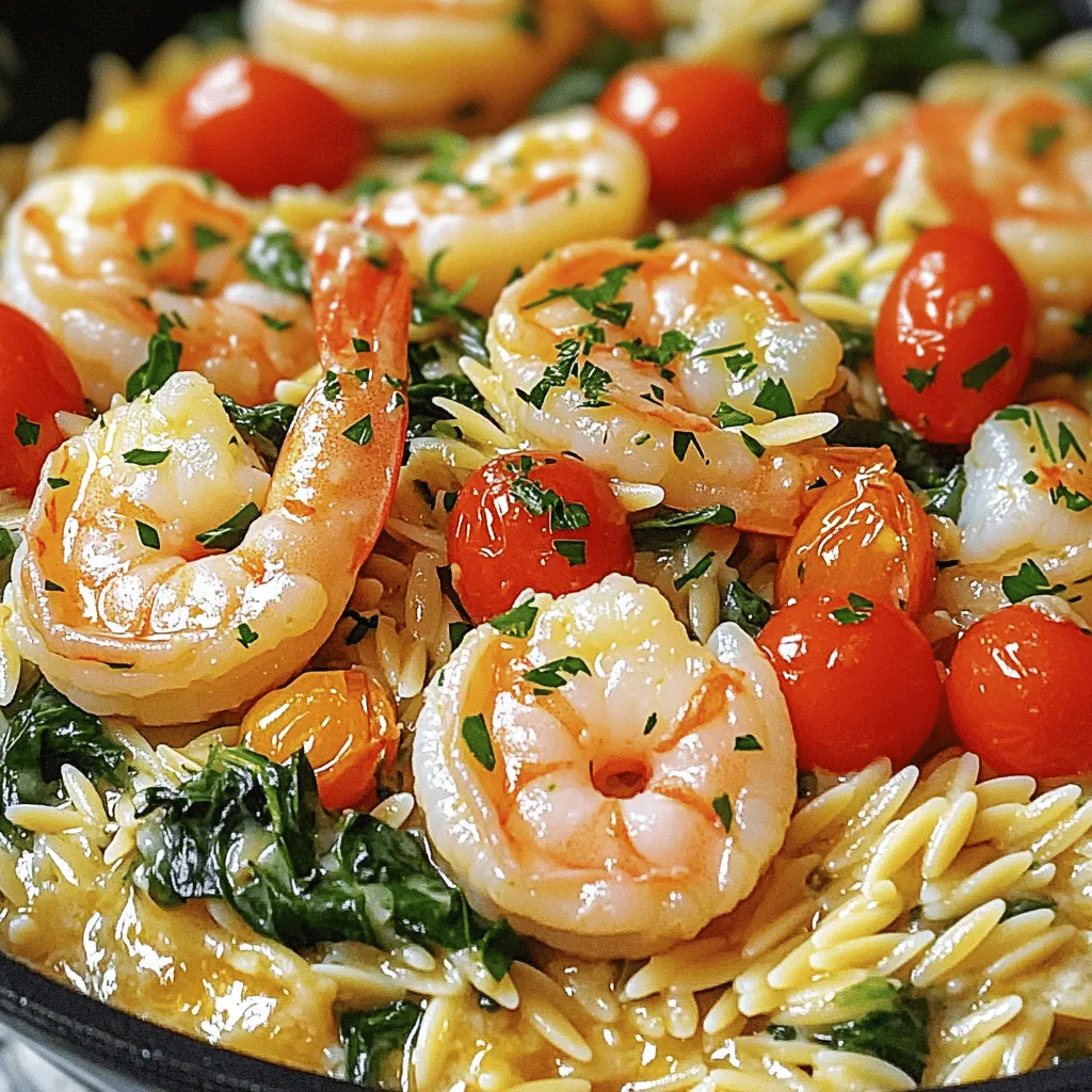 To make Creamy Garlic Butter Shrimp Orzo, gather these simple ingredients: - 1 lb (450g) large shrimp, peeled and deveined - 1 cup orzo pasta - 4 tablespoons unsalted butter - 4 cloves garlic, minced - 1 cup heavy cream - 1 cup chicken broth - 1 cup cherry tomatoes, halved - 1 cup fresh spinach - 1 teaspoon paprika - Salt and pepper to taste - Fresh parsley, chopped (for garnish) - Grated Parmesan cheese (optional, for serving) You can use fresh or frozen shrimp for this dish. Fresh shrimp usually taste better and have a nice texture. They cook quickly and add a lovely flavor. If you choose frozen shrimp, make sure to thaw them first. Place them in the fridge overnight or run them under cold water. This step helps avoid rubbery shrimp in your meal. If you don’t have some ingredients, don’t worry! You can make easy swaps. - Shrimp: Use chicken or firm tofu for a different protein. - Orzo: Substitute with any small pasta, like rice or quinoa. - Heavy cream: Use half-and-half or a non-dairy milk for a lighter sauce. - Spinach: Kale or Swiss chard can be good alternatives. These swaps can help you create a dish that still tastes great! To cook orzo, start with a large pot of salted boiling water. Add 1 cup of orzo pasta. Cook it for about 8-10 minutes. You want it to be al dente, which means firm to the bite. Stir it occasionally to prevent sticking. When it's done, drain the orzo well and set it aside. This step sets the base for our creamy dish. Next, we sauté the shrimp. In a large skillet, melt 2 tablespoons of unsalted butter over medium heat. Once it melts, add 1 pound of large shrimp. Cook the shrimp for 2-3 minutes on each side. They should turn pink and opaque when done. Once cooked, remove the shrimp from the skillet and place them on a plate. This keeps them juicy and tender. Now, let’s make the creamy garlic butter sauce. In the same skillet, add the remaining 2 tablespoons of butter. Then, add 4 cloves of minced garlic. Sauté for about 1 minute until it smells amazing. After that, pour in 1 cup of chicken broth. Bring it to a gentle simmer. Gradually stir in 1 cup of heavy cream. Mix well until it’s smooth and creamy. It’s time to combine everything for maximum flavor. Add 1 cup of halved cherry tomatoes and 1 cup of fresh spinach to the skillet. Sprinkle in 1 teaspoon of paprika. Cook this for about 3-4 minutes. You want the spinach to wilt and the tomatoes to soften. Finally, return the cooked shrimp and orzo to the skillet. Gently toss everything together. Make sure the orzo is well coated in that creamy sauce. Season with salt and pepper to taste. Enjoy your dish! To get a creamy texture, you need the right balance of liquids. Start with heavy cream for richness. The chicken broth adds flavor while keeping it smooth. Stir the cream in slowly to avoid clumps. If your sauce seems too thick, add more chicken broth. If it’s too thin, simmer it longer. This way, you get a perfect creamy sauce each time. Seasonings make this dish pop. I always add salt and pepper to taste. Paprika adds a nice warmth, while garlic brings out the best flavors. Fresh herbs like parsley brighten the dish. If you want a kick, consider adding red pepper flakes. You can also try adding lemon juice for brightness. These small touches make a big difference. Serve your creamy garlic butter shrimp orzo with a fresh green salad. A crisp salad complements the rich dish well. Garlic bread is another great choice to soak up the sauce. For drinks, a chilled white wine pairs nicely. You can also enjoy it with iced tea for a refreshing balance. This dish is perfect for family dinners or gatherings. {{image_2}} You can add many vegetables to boost nutrition. Try bell peppers for crunch. Zucchini adds moisture and flavor. Broccoli is rich in vitamins and cooks quickly. Carrots give sweetness and color. Mix these veggies during the garlic butter step. This way, they soak up the flavor. If you don’t like shrimp, chicken works great. Use boneless chicken thighs or breasts. Cut them into bite-sized pieces. Sauté them until golden brown. Tofu is another option for a plant-based meal. Press it to remove water, then cube it. Cook until crispy for the best texture. Orzo is perfect for this dish, but other pasta types fit well too. Try small shells or farfalle. They catch the sauce nicely. If you want a gluten-free option, use brown rice or quinoa. These grains add a different taste and texture while remaining filling. To keep your Creamy Garlic Butter Shrimp Orzo fresh, store it in an airtight container. Make sure to cool the dish to room temperature before sealing it. This helps prevent moisture build-up, which can spoil the meal. Leftovers stay tasty for about three days in the fridge. Always label your container with the date for easy tracking. When it's time to enjoy your leftovers, reheat gently. Use a skillet over low heat to warm the orzo and shrimp. Add a splash of chicken broth or cream to keep it creamy. Stir often to avoid sticking. You can also use a microwave. Heat in short bursts, stirring in between. This helps the dish heat evenly without drying out. You can freeze Creamy Garlic Butter Shrimp Orzo for later meals. First, cool the dish completely. Then, place it in a freezer-safe container. It can stay frozen for up to two months. When you're ready to eat, thaw it overnight in the fridge. Reheat it slowly, adding a bit of liquid to restore the creamy texture. Yes, you can use other pasta types. Options like penne or fusilli work well. Just adjust the cooking time based on the pasta you choose. This dish is flexible, so feel free to experiment. To lighten the sauce, try using half-and-half instead of heavy cream. You can also add more chicken broth to balance the creaminess. Adding more veggies can help too. This dish pairs well with a fresh salad or garlic bread. A side of steamed veggies adds color and nutrition. You could also serve it with a light white wine to enhance the flavors. Creamy Garlic Butter Shrimp Orzo lasts about 3 days in the fridge. Store it in an airtight container to maintain freshness. Reheat it gently on the stove or microwave. Yes, you can prep some parts in advance. Cook the orzo and shrimp ahead of time. Store them separately in the fridge. When ready, combine and heat everything for a quick meal. This guide covered everything you need for a delicious Creamy Garlic Butter Shrimp Orzo. We explored the ingredients, from fresh shrimp to tasty substitutes. I shared step-by-step cooking instructions to sauté shrimp and make the creamy sauce. Helpful tips and fun variations help you customize the dish. Proper storage info ensures leftovers stay fresh. Remember, you can experiment with pasta types and flavors. Enjoy crafting a dish that fills your table with joy and taste!