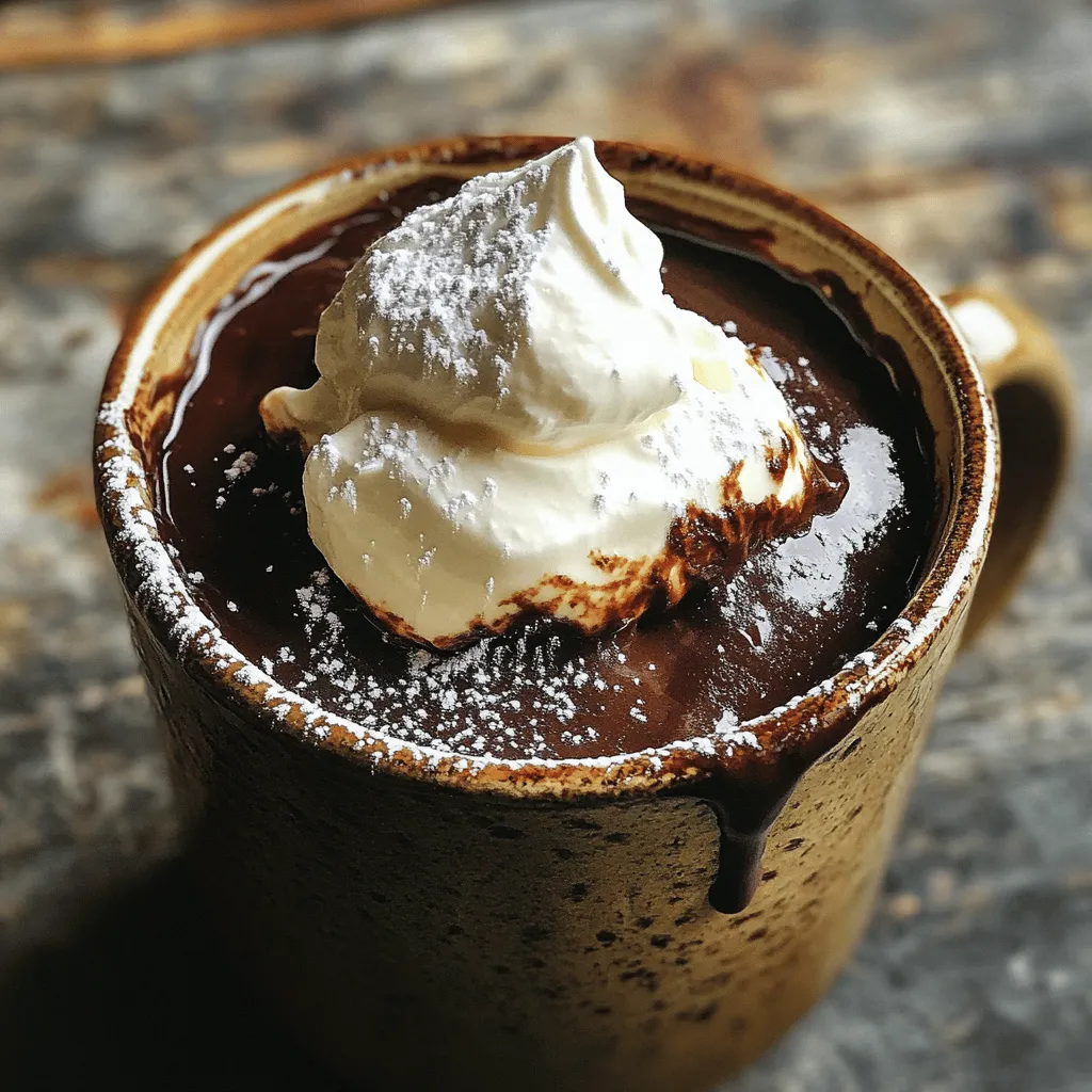 - 1/2 cup cottage cheese - 1/4 cup all-purpose flour - 1/4 cup unsweetened cocoa powder - 2 tablespoons honey or maple syrup - 1/4 teaspoon baking powder - 1/4 teaspoon vanilla extract - A pinch of salt The main ingredients for this mug cake are simple yet effective. Cottage cheese is the star. It gives the cake a creamy texture and boosts protein. The all-purpose flour binds everything together. Cocoa powder brings that rich chocolate flavor we crave. Sweeten the mix with honey or maple syrup to add a touch of natural sweetness. Baking powder makes the cake rise, while vanilla extract adds depth. A pinch of salt balances the sweetness and enhances flavors. - 1 tablespoon chocolate chips - Fresh berries or whipped cream for topping For a fun twist, you can add chocolate chips. They melt and create gooey pockets of chocolate. If you want to spruce up your cake, top it with fresh berries or whipped cream. This adds flavor and makes your dessert look fancy. You can mix and match toppings based on what you enjoy. The options are endless! - In a microwave-safe mug, combine 1/2 cup of cottage cheese and 2 tablespoons of honey or maple syrup. Mix them well to create a creamy base. - Next, add 1/4 cup of all-purpose flour, 1/4 cup of unsweetened cocoa powder, 1/4 teaspoon of baking powder, 1/4 teaspoon of vanilla extract, and a pinch of salt. Stir until the batter is smooth and all ingredients are blended. - Place the mug in the microwave and cook on high for about 1 minute and 30 seconds. - Check the cake for doneness. If it looks wet in the middle, microwave in 15-second increments until fully cooked but still moist. - Let the mug cake cool slightly for about 2 minutes before you dig in. - For extra flavor, top with whipped cream, fresh berries, or a drizzle of chocolate sauce. You can also sprinkle powdered sugar for a nice touch. For the best results, I always measure my ingredients carefully. Accurate measurements make a big difference in your cake's texture. If your microwave has a higher wattage, you may need to adjust the cooking time. Start with 1 minute and 30 seconds. Check your cake after that. If it’s still wet, heat it in 15-second increments. You can boost the flavor of your mug cake easily. Try adding a dash of cinnamon or a few drops of almond extract. These little touches make a big impact. If you prefer sweetness, you can swap honey for agave syrup or use a low-calorie sweetener. I recommend using a large ceramic mug for your cake. It helps the cake rise well and keeps it moist. If you have a whisk or a small electric mixer, use those to blend your ingredients. They make mixing quick and easy. {{image_2}} To switch it up, you can change the flavor of your mug cake. For a vanilla mug cake, leave out the cocoa powder. Use 1/4 cup of vanilla protein powder instead. This gives you a sweet treat that is light and fluffy. You can also add a splash of almond extract for a nutty taste. Want something fruity? Add mashed bananas or applesauce to the batter. This gives the cake a moist texture and a burst of flavor. You can also fold in berries for a refreshing twist. Try using nut butters like peanut or almond for a rich taste. Just mix in a tablespoon to the batter. If you need a gluten-free version, try almond flour or coconut flour. These flours work well and keep the cake fluffy. You can also use oat flour if you want a heartier option. Just substitute it for the all-purpose flour. For a lower-calorie sweetener, use stevia or monk fruit instead of honey or maple syrup. These options keep your mug cake sweet without the added calories. Adjust the amount based on your taste. A little goes a long way! You can get creative with seasonal flavors. In fall, add pumpkin puree and pumpkin spice. This makes the cake taste like a warm autumn treat. Just mix in 1/4 cup of pumpkin puree and a pinch of spice for a cozy flavor. In summer, brighten your dessert with fresh fruits. Try adding diced peaches or strawberries to the batter. This not only adds flavor but also makes the cake look colorful. Serve it with whipped cream or a drizzle of honey for extra sweetness! If you have leftover cottage cheese chocolate mug cake, store it in the fridge. Place the cake in an airtight container. It will stay fresh for up to two days. This way, you can enjoy it later! To reheat your mug cake, use the microwave. Place it in the microwave for about 15 to 30 seconds. Check it often to keep it moist. If it gets too dry, add a little water or milk before warming. This helps keep the cake soft and fluffy. Yes, you can freeze your mug cake! Wrap it tightly in plastic wrap or foil. This helps prevent freezer burn. It can last for about a month in the freezer. To thaw, place it in the fridge overnight. When ready to eat, just reheat it in the microwave. Enjoy your treat! A mug cake is a quick and easy dessert made in a mug. You mix all the ingredients in one mug and cook it in the microwave. This method makes it simple and fast. You can enjoy a warm cake in just a few minutes. Mug cakes are great for single servings, perfect for when you crave something sweet. Yes, you can use other cheeses for different flavors. Cream cheese gives a rich taste. Ricotta adds a creamy texture. Both can make your mug cake special. Just remember that different cheeses may change the flavor and texture a bit. Experimenting can lead to fun and tasty results! If you want a non-chocolate version, try these ideas. You can use vanilla extract instead of cocoa powder. This gives your mug cake a lovely vanilla flavor. You can also add fruits like mashed bananas or applesauce for sweetness. Another option is to use spices like cinnamon or nutmeg for a warm taste. Adjust the sugar to balance the flavors. In this post, we covered how to make a delicious mug cake using simple ingredients. We looked at the main items needed, along with optional add-ins for extra flavor. You learned the step-by-step instructions for preparing and cooking your mug cake in a microwave. We also explored tips for perfecting your cake and different variations to try. This easy dessert lets you enjoy a treat quickly. So grab your ingredients and start baking!