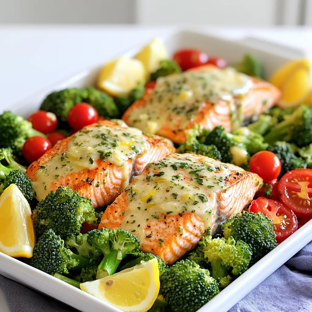 - 4 salmon fillets (6 oz each) - 2 cups broccoli florets - 1 cup cherry tomatoes, halved - 1 red bell pepper, sliced - 4 tablespoons unsalted butter, melted - 4 garlic cloves, minced - 1 tablespoon fresh lemon juice - 1 teaspoon dried thyme - 1 teaspoon paprika - Salt and pepper to taste - Lemon wedges - Optional side dishes For this dish, the salmon fillets are the star. I love using fresh salmon, as it gives the best flavor. Broccoli, cherry tomatoes, and red bell peppers add a nice crunch and color. Each vegetable brings its unique taste while cooking with the salmon. The garlic butter sauce is simple but full of flavor. Using unsalted butter lets you control the salt. Minced garlic adds a bold punch. Fresh lemon juice brightens the dish and balances the richness of the butter. Dried thyme and paprika bring warmth and depth. Finally, salt and pepper enhance all these flavors. When serving, I always add lemon wedges. They give a fresh touch that wakes up all the flavors. You can also pair this dish with rice or a fresh salad for a complete meal. This recipe is easy and quick. You can have a healthy dinner ready in just 30 minutes! Enjoy your flavorful garlic butter salmon and veggies! - Preheating the Oven Start by preheating your oven to 400°F (200°C). This step sets the perfect cooking stage for your salmon and veggies. - Preparing the Baking Sheet Line a large baking sheet with parchment paper. This makes cleanup easy and helps the food cook evenly. - Mixing Ingredients In a small bowl, combine 4 tablespoons of melted butter, 4 minced garlic cloves, 1 tablespoon of fresh lemon juice, 1 teaspoon of dried thyme, and 1 teaspoon of paprika. Add salt and pepper to taste. Stir until well mixed. This sauce adds rich flavor to your dish. - Adjusting Flavor to Taste Taste the sauce and adjust the seasoning if needed. You can add more garlic for a stronger kick or more lemon juice for extra brightness. - Arranging Salmon and Veggies Place 4 salmon fillets in the center of your baking sheet. Arrange 2 cups of broccoli florets, 1 cup of halved cherry tomatoes, and 1 sliced red bell pepper around the salmon. This colorful mix makes for a beautiful dish. - Drizzling the Sauce Drizzle half of your garlic butter sauce over the salmon and veggies. Make sure everything gets a nice coat of flavor. - Baking Time and Temperature Bake your dish in the preheated oven for about 15 to 20 minutes. The salmon should cook quickly, while the veggies will become tender but still bright. - Checking for Doneness Check the salmon to see if it flakes easily with a fork. If it does, it’s ready to enjoy. The veggies should also be tender but not mushy. - Cooking Time Tips: Bake the salmon for 15-20 minutes at 400°F. Timing depends on thickness. Thicker fillets may need more time. Always watch closely to avoid overcooking. - Checking for Flakes: To check if the salmon is done, use a fork. Gently press the top; it should flake easily. If it resists, give it a bit more time. - Best Practices for Freshness: Choose bright and firm veggies. Look for vibrant colors, especially in broccoli and bell peppers. Freshness ensures better taste and nutrition. - Cooking Times for Different Veggies: Cherry tomatoes need about the same time as salmon. Broccoli takes a bit longer, about 20 minutes, to become tender. Bell peppers will soften nicely in this time as well. - Additional Seasonings: Try adding a pinch of cayenne for heat or a sprinkle of fresh herbs like parsley for brightness. These can really elevate the dish. - Substitutions for Ingredients: If you don’t have fresh lemon juice, use vinegar as a tangy alternative. You can swap salmon with chicken or tofu for different protein options. {{image_2}} You can switch out salmon for other fish. Cod or tilapia works well. Both have a mild taste that pairs nicely with garlic butter. If you’re not a fish fan, try chicken. Chicken breasts or thighs cook well on the same sheet pan. Tofu is another great option for a vegetarian meal. It absorbs the garlic butter flavor beautifully. Feel free to change the veggies based on what you have. Seasonal vegetables add fresh flavors. You could use asparagus, zucchini, or even carrots. Broccoli, cherry tomatoes, and red bell pepper are great, but variety keeps meals exciting. Roasted veggies like cauliflower or Brussels sprouts also add a nice touch. Just keep an eye on cooking times. You can play with herbs and spices. Adding fresh parsley or dill brightens the dish. A pinch of red pepper flakes adds heat if you like spice. You can also try other sauces. A drizzle of balsamic glaze or a sprinkle of cheese can add unique flavors. Experiment with what you have to keep things fresh and fun! - Let the salmon and veggies cool down before storing. - Place leftovers in an airtight container. - Store in the fridge for up to 3 days. - Use a microwave or an oven to reheat. - For the microwave, heat on medium for 1-2 minutes. - For the oven, preheat to 350°F (175°C) and bake for 10 minutes. - Check that the salmon is warm and veggies are tender. - Wrap leftovers tightly in plastic wrap or foil. - Place in a freezer-safe bag or container. - They can last up to 3 months in the freezer. - To thaw, move to the fridge overnight. - Reheat in the oven or microwave as needed. I recommend baking the salmon for about 15-20 minutes. This time works well at 400°F (200°C). The salmon cooks quickly and stays moist when baked at this temperature. Yes, you can use frozen salmon. Just add a few extra minutes to the cooking time. Make sure the salmon is fully thawed for even cooking. If it's still a bit frozen, check it after 20 minutes. You can serve garlic butter salmon with many tasty sides. Here are some ideas: - Rice or quinoa for a filling base - Steamed asparagus for a fresh crunch - Mashed potatoes for comfort - A light salad to balance the meal Check the salmon for a few signs of doneness. Look for: - The salmon should flake easily with a fork. - The flesh should turn from translucent to opaque. - It should reach an internal temperature of 145°F (63°C). When you see these signs, your salmon is ready to enjoy! This blog post covered how to make a delicious garlic butter salmon dish. We went over the key ingredients, like fresh salmon and tasty veggies. I shared easy steps for preparation and cooking to ensure your salmon is perfect every time. Remember, you can customize the recipe with different proteins and veggies. Trying new flavors and combinations can make cooking fun and exciting. Use the tips provided to create a dish that impresses everyone. Enjoy your cooking and the tasty meals ahead!