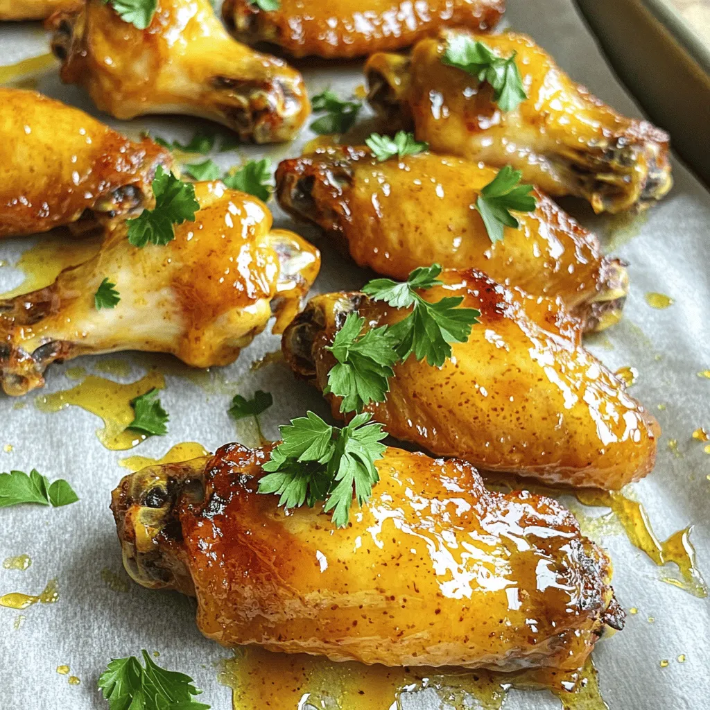 - 2 lbs chicken wings, cleaned and patted dry - 1/4 cup honey - 1/4 cup Dijon mustard - 2 tablespoons olive oil - 1 tablespoon apple cider vinegar - 1 teaspoon garlic powder - 1 teaspoon onion powder - 1/2 teaspoon smoked paprika - Salt and pepper to taste Using fresh ingredients makes a big difference in flavor and quality. When you start with fresh chicken wings, honey, and mustard, you set yourself up for success. The flavors shine through better. Fresh ingredients also help create a crispy texture that everyone loves. - Fresh parsley, chopped - Other herbs like cilantro or chives You can add fresh parsley for color and taste. It makes the wings look great too! Consider serving with dips like ranch or blue cheese. These pair well with the sweet and tangy honey mustard flavor. Enjoy your meal! To start, clean and dry your chicken wings. Rinse them under cold water. Use paper towels to pat them dry. This step helps the wings get crispy when cooked. Next, preheat your oven to 425°F (220°C). Preheating is key. It helps cook the wings evenly and makes them crispy. If you skip this, your wings might not turn out as well. Now let’s make the honey mustard sauce. In a bowl, whisk together these ingredients: honey, Dijon mustard, olive oil, apple cider vinegar, garlic powder, onion powder, smoked paprika, salt, and pepper. Mix until smooth and well combined. For the best flavor, taste the sauce. Adjust the sweetness or tanginess if needed. You can add more honey for sweetness or more mustard for a stronger flavor. After mixing the sauce, add the chicken wings to the bowl. Toss them well to coat each wing in the sauce. Next, arrange the wings on a baking sheet lined with parchment paper. Make sure they are in a single layer. This helps them cook evenly. Bake the wings for 25-30 minutes. Halfway through, flip the wings over. This ensures they cook evenly and get crispy on both sides. Enjoy the delicious smell as they bake! To make sure your chicken wings are crispy, start with dry wings. Pat them dry with paper towels before seasoning. This helps the skin crisp up in the oven. I recommend using parchment paper on your baking sheet. It helps wings get nice and crispy without sticking. If you use aluminum foil, your wings might stick and not get as crispy. You can add more flavor to your wings by using extra spices. Try cayenne for heat or smoked paprika for depth. You can also marinate your wings before cooking. Let them sit in the honey mustard mix for an hour or two. This will help the wings soak up all that tasty flavor. Serve your honey mustard chicken wings with classic sides. Celery sticks and carrot sticks are great options. They add a nice crunch and freshness. For presentation, arrange the wings on a large platter. Sprinkle fresh parsley on top for color. This makes the dish look special when you have guests. {{image_2}} You can add heat to your wings. Use hot sauce or chili powder. Start with a small amount. Taste the sauce and adjust as needed. A little heat goes a long way. Consider using smoked paprika for a smoky flavor. You can also balance the heat with extra honey. This keeps the sweet taste while adding spice. Baking wings is easy and healthier than frying. When you bake, you use less oil. Fried wings can be crispier but are higher in fat. Baking gives wings a nice texture if done right. Preheat your oven to get them crispy. If you want a crunch, broil them for a few minutes after baking. You can try many marinades for wings. For a tangy twist, use barbecue sauce or teriyaki. For a lighter option, try a lemon herb mix. If you follow a diet, customize your sauce. Use low-sugar honey or mustard alternatives. Experimenting lets you find your favorite flavor. Enjoy the process! To keep your honey mustard chicken wings fresh, follow these steps: - Cool first: Let the wings cool to room temperature. - Use airtight containers: Place wings in a container with a tight lid. - Label and date: Write the date on the container. This helps you know when to use them. - Fridge storage: Store in the fridge for up to three days. Keeping the wings sealed helps prevent them from drying out. This way, they stay tasty for later meals. Reheating wings correctly keeps them crispy and flavorful. Here’s how: - Oven method: Preheat your oven to 350°F (175°C). Place wings on a baking sheet. Heat for 10-15 minutes until warm. This method keeps them crispy. - Microwave method: Place wings on a microwave-safe plate. Cover with a damp paper towel to keep moisture. Heat for about 1-2 minutes. This method can make them soggy, so use it carefully. Choosing the oven helps maintain texture, while the microwave is quick. You can pick based on your time and texture needs. You should bake chicken wings for 25 to 30 minutes at 425°F. The exact time depends on the size of the wings. If you like them extra crispy, aim for the longer time. Flip the wings halfway through cooking for even crispiness. This ensures they cook well and get that golden color. Always check that the internal temperature reaches 165°F for safe eating. Yes, you can use frozen chicken wings. Just remember to thaw them before cooking. The best way to thaw wings is to leave them in the fridge overnight. If you're short on time, you can use cold water. Place the wings in a sealed bag and submerge in cold water for about an hour. Pat them dry before mixing with the honey mustard sauce. This helps the sauce stick better. Honey mustard chicken wings pair well with many sides. Here are some popular options: - Celery sticks: Their crunch is refreshing. - Carrot sticks: A sweet crunch complements the wings. - Potato wedges: Crispy and hearty. - Coleslaw: Adds a creamy touch. - Dips: Ranch or blue cheese dressing work great. These sides not only balance the flavor but also make your meal more fun. Enjoy experimenting with your favorites! In this article, we explored how to make delicious honey mustard chicken wings. We discussed the key ingredients, preparation steps, and tips for achieving crispy wings. I shared options for flavor variations, garnishes, and serving ideas. Remember, using fresh ingredients and following these steps helps you create the best wings at home. Try different marinades to suit your taste. Enjoy making and sharing your tasty creations!