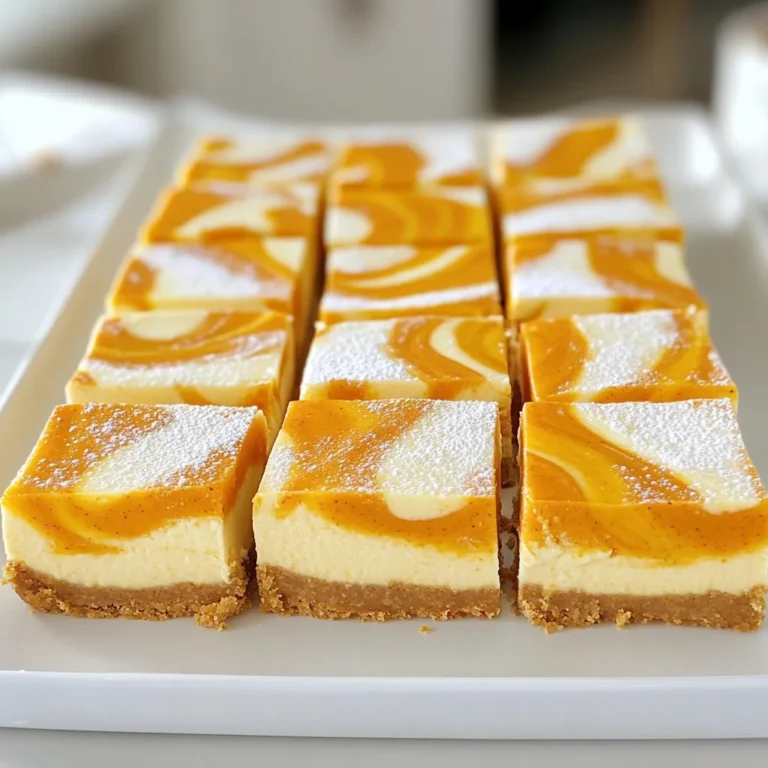 - 2 cups graham cracker crumbs - 1/2 cup unsalted butter, melted - 1/4 cup granulated sugar - 16 oz cream cheese, softened - 2 large eggs - 1 cup canned pumpkin purée - 1 tsp pumpkin pie spice - 1/2 tsp cinnamon - 1/4 tsp nutmeg - Pinch of salt These ingredients make your cheesecake bars rich and delicious. The graham crackers give a nice crunch. The cream cheese adds creaminess. Pumpkin purée gives it that fall vibe. If you need a dairy-free option, use almond or cashew cream cheese. They work well in this recipe. For gluten-free bars, use gluten-free graham cracker crumbs. It’s a tasty swap that keeps the flavor intact. Always choose fresh pumpkin purée. Fresh purée has a vibrant flavor that canned versions may lack. If you can, make your own by roasting a pumpkin and blending it. When picking cream cheese, look for a full-fat version. It will give you a richer texture. Avoid low-fat options; they don’t blend as smoothly. Quality ingredients lead to the best results in your bars. 1. Preheat your oven to 325°F (160°C). This ensures even baking. 2. Prepare your baking dish. Grease a 9x13 inch dish or line it with parchment paper. 3. Mix the crust ingredients. In a medium bowl, combine: - 2 cups graham cracker crumbs - 1/2 cup unsalted butter, melted - 1/4 cup granulated sugar 4. Press the mixture into the dish. Use your fingers or a flat-bottomed cup to create an even layer. 5. Bake the crust for 10 minutes. This gives it a nice, firm base. Let it cool slightly once done. 1. Beat the cream cheese. In a large bowl, use an electric mixer to beat: - 16 oz cream cheese, softened until smooth and creamy. 2. Add sugar and vanilla. Mix in: - 1 cup granulated sugar - 1 tsp vanilla extract Continue mixing until well combined. 3. Incorporate the eggs. Add: - 2 large eggs, one at a time. Mix well after each egg. Scrape the bowl sides as needed. 1. Divide the filling. Split the cream cheese mixture in half. Transfer one half to another bowl. 2. Add pumpkin and spices. To the first half, stir in: - 1 cup canned pumpkin purée - 1 tsp pumpkin pie spice - 1/2 tsp cinnamon - 1/4 tsp nutmeg - Pinch of salt Mix until everything is well blended. 3. Create the marbled effect. Alternate dollops of the plain cream cheese mixture and the pumpkin mixture over the cooled crust. 4. Swirl gently. Use a knife or spatula to lightly swirl the two mixtures together. Be careful not to over-mix; you want a nice marbled look. 5. Bake. Place the dish in the oven for 30-35 minutes. The edges should be set, and the center should have a slight jiggle. 6. Cool and chill. After baking, let the bars cool to room temperature. Refrigerate for at least 4 hours, or overnight, before cutting into bars. - Overmixing the cream cheese mixture: Be gentle when you mix. Overmixing can add too much air. This makes the texture too light and can cause cracks when baking. Mix just until smooth. - Not allowing bars to chill sufficiently: Patience is key here. Allow the bars to chill for at least four hours. This helps them set properly. If you cut them too soon, they may fall apart. - Techniques for effective swirling: Use a knife or spatula to create swirls. Start from the center and move outward. Make gentle motions to mix the two layers without blending them fully. - Best tools to use for swirling: A small offset spatula works well for this. A toothpick can also help you create delicate swirls. Just remember to keep it simple. - Presentation ideas for serving: Cut the bars into even squares. Dust them with powdered sugar for a lovely finish. Serve on a plate with mini pumpkins to add a festive touch. - Pairing drinks with pumpkin cheesecake bars: A warm spiced apple cider pairs perfectly. Coffee with a hint of cinnamon also works well. These drinks enhance the fall flavors of the bars. {{image_2}} You can make your pumpkin swirl cheesecake bars even more fun! Try adding chocolate or caramel swirls. Just melt some chocolate or caramel and drizzle it over the top. Then, use a knife to create a lovely pattern. You can also mix in nuts or seeds. Chopped walnuts or pecans add a nice crunch. They give texture and richness to each bite. Toppings can change the look and taste of your bars. Whipped cream is a classic choice. It adds lightness and sweetness. You can also use cream cheese frosting for a richer finish. Seasonal fruits like cranberries or figs can brighten your dessert. They add color and a fresh taste. Just sprinkle them on top before serving to wow your guests. If you need a vegan or dairy-free version, replace cream cheese with a nut-based option. You can use cashew cheese or silken tofu blended until smooth. For a low-sugar alternative, you can swap regular sugar for a natural sweetener like maple syrup or stevia. Just make sure to adjust the amounts properly for best results. This way, everyone can enjoy these tasty bars! To keep your Pumpkin Swirl Cheesecake Bars fresh, start by refrigerating them. After they cool, cover the dish tightly with plastic wrap. You can also place the bars in an airtight container. This helps prevent them from drying out and keeps their flavor intact. - Recommended refrigeration methods: - Use plastic wrap or foil to cover the bars. - Store in an airtight container for best results. The best containers for storage are glass or plastic. They seal well and keep moisture in. Avoid metal containers as they can react with the cheesecake. If you want to save some bars for later, freezing is a great option. First, cut the bars into squares. Wrap each one in plastic wrap to prevent freezer burn. Then, place them in a freezer-safe bag or container. - How to freeze leftover bars: - Wrap each bar in plastic wrap. - Put wrapped bars in a freezer-safe bag or container. When you’re ready to enjoy them, take the bars out and let them thaw. Place them in the fridge overnight for best results. You can also thaw them at room temperature for a couple of hours. - Thawing and serving after freezing: - Thaw in the fridge overnight or at room temperature. - Serve cold or at room temperature for the best taste. In the fridge, these bars last about five days. Make sure to check them before eating. Look for any signs of spoilage, such as a sour smell or visible mold. - How long do they last in the fridge? - About five days when stored properly. - Signs of spoilage to look out for: - Sour smell. - Visible mold or discoloration. Yes, you can make these bars up to two days in advance. Prepare the bars, let them cool, and refrigerate them. This helps the flavors deepen. You can use a few alternatives for eggs. Here are some great options: - Flaxseed meal: Mix 1 tablespoon with 2.5 tablespoons of water. Let it sit for 5 minutes. - Chia seeds: Use the same ratio as flaxseed. - Unsweetened applesauce: Use 1/4 cup per egg. - Silken tofu: Blend 1/4 cup until smooth. These options work well in the recipe. Look for a few signs of doneness: - The edges should be set and firm. - The center should have a slight jiggle, not liquid. - The top will look slightly dull. Let them cool fully before cutting. This ensures the best texture. This article covered how to make delicious Pumpkin Swirl Cheesecake Bars. You learned about the needed ingredients and smart substitutions. We explored tips for choosing quality ingredients and step-by-step baking instructions. I shared common mistakes to avoid and serving ideas. With practice, you can master this recipe and wow your friends. Don't be afraid to try new flavors and toppings. Enjoy experimenting and savoring each bite!
