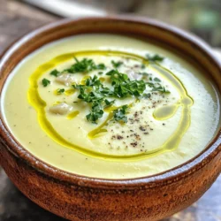 To make creamy roasted garlic cauliflower soup, gather these ingredients: - 1 medium head of cauliflower, chopped into florets - 1 whole bulb of garlic - 1 large onion, chopped - 2 tablespoons olive oil - 4 cups vegetable broth - 1 cup heavy cream (or coconut cream for a dairy-free option) - Salt and pepper to taste - 1 teaspoon thyme (dried or fresh) - 1 tablespoon lemon juice - Fresh parsley for garnish You can swap some ingredients if needed: - Use shallots instead of onion for a sweeter flavor. - Replace heavy cream with coconut cream for a vegan option. - Use chicken broth instead of vegetable broth for a richer taste. - If you don’t have thyme, try rosemary or oregano instead. Each serving of this soup offers great nutrients: - Calories: 250 - Protein: 3g - Fat: 20g - Carbohydrates: 18g - Fiber: 4g - Sugar: 3g This soup is a warm hug in a bowl. Enjoy the creamy texture and rich flavors! First, gather your ingredients. You need: - 1 medium head of cauliflower, chopped into florets - 1 whole bulb of garlic - 1 large onion, chopped - 2 tablespoons olive oil - 4 cups vegetable broth - 1 cup heavy cream (or coconut cream for a dairy-free option) - Salt and pepper to taste - 1 teaspoon thyme (dried or fresh) - 1 tablespoon lemon juice - Fresh parsley for garnish Now, preheat your oven to 400°F (200°C). Trim the top off the garlic bulb. This helps it roast better. Wrap the garlic in aluminum foil and set it aside. Next, chop the cauliflower and onion. Toss them in a bowl with olive oil, salt, and pepper. Make sure they are well coated for flavor. Spread the cauliflower and onion on a large baking sheet. Keep them in a single layer for even roasting. Place the wrapped garlic on the same sheet. Roast everything in the oven for about 30-35 minutes. The cauliflower should be tender and slightly golden. When the timer goes off, check the veggies. Let them cool for a few minutes before moving on. Once the garlic has cooled a bit, squeeze the cloves out of their skins into a blender. Add the roasted cauliflower and onion next. Pour in the vegetable broth. Blend until smooth. If your blender is small, do this in batches. Then, return the soup to a pot over medium heat. Stir in the heavy cream (or coconut cream), thyme, and lemon juice. Taste it and adjust the salt and pepper as needed. Heat the soup for about 5 minutes. When ready, serve it hot, garnished with fresh parsley and a drizzle of olive oil if you like. Enjoy your creamy roasted garlic cauliflower soup! To get the best creamy texture, use heavy cream or coconut cream. Both options add richness. Blend the roasted cauliflower, onion, and garlic well. If your blender gets too full, blend in batches. This ensures a smooth soup. Make sure to blend until there are no lumps. For an even creamier base, add a little more cream before heating. Seasoning is key for great flavor. Use salt and pepper to taste. Add a teaspoon of thyme for a hint of earthiness. A splash of lemon juice brightens the soup's taste. You can also try adding a pinch of nutmeg for warmth. Taste and adjust the seasonings as you go. This makes the soup your own. Garnishing adds a nice touch. Use fresh parsley to bring color and freshness. A drizzle of olive oil adds richness and shine. You can also add some croutons for crunch. For a spicy kick, sprinkle a little cayenne pepper on top. These toppings make the soup look and taste better. {{image_2}} You can make this soup dairy-free and vegan easily. Instead of heavy cream, use coconut cream. This gives the soup a rich flavor while keeping it plant-based. You can also add almond milk or cashew cream for a lighter option. These choices keep the soup creamy without dairy. Feel free to mix in other veggies for extra flavor. You can add potatoes for a thicker texture or carrots for sweetness. Try adding celery or leeks to boost the onion flavor. For more nutrients, toss in some spinach or kale right before blending. Each addition changes the taste and keeps it fun. Spice it up with different seasonings. Try adding a pinch of cumin or smoked paprika for warmth. If you love fresh herbs, mix in some basil or dill. These herbs bring a unique taste that makes the soup shine. Experiment with your favorite spices to create a version just for you. To store leftover soup, let it cool first. Pour it into an airtight container. Seal the container tightly. Place it in the fridge. It will stay fresh for up to three days. Always check for off smells before eating. You can freeze the soup for later use. Pour cooled soup into freezer-safe containers. Leave some space at the top for expansion. Seal the containers tightly and label them with the date. The soup can last up to three months in the freezer. To reheat, take the soup out of the fridge or freezer. If frozen, thaw it in the fridge overnight. Heat the soup in a pot over medium heat. Stir often to avoid sticking. You can also use a microwave. If you want, add a splash of water or broth while reheating to get the right consistency. Enjoy your warm soup! You can use coconut cream as a great dairy-free option. It gives a rich taste similar to heavy cream. You can also try cashew cream for a nutty flavor. Blend soaked cashews with water to make it smooth. Another choice is using whole milk or half-and-half for a lighter soup. The soup lasts about 4 to 5 days in the fridge. Store it in an airtight container to keep it fresh. Make sure it cools down completely before placing it in the fridge. If you want it to last longer, consider freezing it. You can use fresh garlic, but the flavor will change. Raw garlic is more potent and sharp. If you want a milder taste, sauté the fresh garlic with the onions. This way, you still get some sweetness without the strong bite of raw garlic. This blog post covered how to make a delicious cauliflower soup. We looked at the needed ingredients and fun substitutes. I shared prep steps, roasting, and blending for great flavor. Tips for creamy texture and seasoning tricks were included. You found variations for a vegan version and other fun add-ins. Lastly, we discussed how to store and reheat your soup. Enjoy making this dish and let it warm your belly!