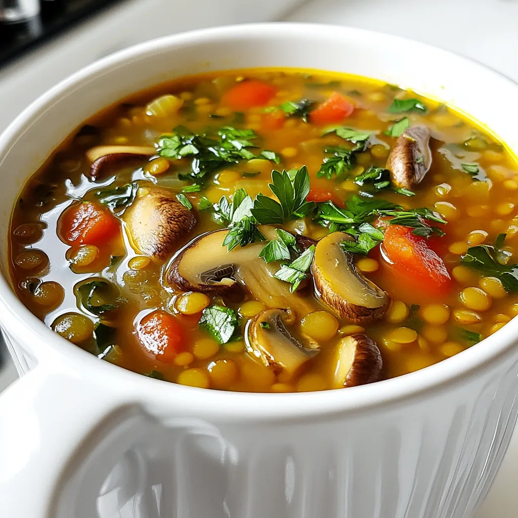 For a tasty mushroom lentil soup, gather these key ingredients: - 1 cup dried lentils (green or brown), rinsed - 2 tablespoons olive oil - 1 large onion, diced - 3 cloves garlic, minced - 2 medium carrots, diced - 2 celery stalks, diced - 8 ounces cremini mushrooms, sliced - 1 teaspoon dried thyme - 1 teaspoon smoked paprika - 4 cups vegetable broth - 1 can (14.5 oz) diced tomatoes, with juice - 2 cups fresh spinach - Salt and pepper to taste - Fresh parsley, for garnish These ingredients create a warming and hearty dish. The lentils give protein, while the vegetables add flavor. You can add more depth to your soup with these optional ingredients: - 1 bay leaf - 1 tablespoon lemon juice - 1 teaspoon red pepper flakes - A splash of soy sauce Including these extras can make your soup unique. For instance, lemon juice brightens the flavors, while bay leaves add a lovely aroma. Each serving provides: - Calories: 250 - Protein: 12g - Carbs: 40g - Fiber: 12g - Fat: 6g This soup is not just tasty, but also good for you. It’s rich in fiber and keeps you full. Enjoy this comforting meal without guilt! Start by gathering your ingredients. You will need lentils, olive oil, onion, garlic, carrots, celery, and mushrooms. Rinse the lentils well in cold water. Dice one large onion and three cloves of garlic. Cut two medium carrots and two celery stalks into small pieces. Slice the mushrooms into thin pieces. In a large pot, heat two tablespoons of olive oil over medium heat. Add the diced onion and cook for about five minutes. Stir until the onion turns soft and clear. Next, add the minced garlic, diced carrots, and celery. Cook this mix for another five minutes. Stir it often to avoid burning. Now, it’s time to add the mushrooms. Place the sliced mushrooms into the pot. Cook them for five to seven minutes. You want the mushrooms to release their moisture and soften. Once they look good, add one teaspoon of dried thyme and one teaspoon of smoked paprika. Mix everything well. Add the rinsed lentils to the pot along with four cups of vegetable broth. Pour in a can of diced tomatoes with their juice. Bring this mix to a boil. After that, reduce the heat to low. Cover the pot and let it simmer for 30 to 35 minutes. This will make the lentils nice and tender. Once the lentils are cooked, stir in two cups of fresh spinach. Let the spinach wilt for about two to three minutes. Now, taste your soup and season it with salt and pepper as needed. Serve the soup hot, and sprinkle fresh parsley on top for a bright touch. Enjoy your delicious mushroom lentil soup! To cook lentils well, rinse them first. This removes dirt and debris. Use green or brown lentils for this soup. They hold their shape better. Soak them in water for an hour if you have time. This helps them cook faster. Always check for small stones before cooking. Cooking lentils takes about 30-35 minutes. Watch them closely. You want them tender but not mushy. Start with good aromatics. Onion and garlic give a great base flavor. Sauté them until soft and fragrant. Next, add carrots and celery. These add sweetness and texture. Don’t forget the mushrooms! They bring earthy notes to the soup. Using smoked paprika gives it a lovely depth. Season with salt and pepper as you cook. Taste often to adjust the flavor. Serve the soup hot in bowls. A sprinkle of fresh parsley adds color. You can also add a squeeze of lemon for brightness. Pair it with crusty bread for a hearty meal. For a fun twist, top it with croutons or cheese. This soup is great for lunch or dinner. Enjoy it with family or friends. {{image_2}} This soup is already vegan! The main ingredients are plant-based. You get rich flavors from mushrooms, lentils, and spices. Each bite is full of taste. Use vegetable broth to keep it vegan-friendly. For creaminess, add coconut milk instead of cream. It will make the soup even better. This recipe is gluten-free too! The lentils and vegetables are safe for a gluten-free diet. Make sure your vegetable broth has no gluten. Some brands add gluten-based thickeners. You can also add rice or quinoa for a heartier soup. Just adjust the cooking time as needed. You can customize this soup in many ways. Try adding different veggies like bell peppers or zucchini. You can also mix in herbs like basil or oregano. For heat, add red pepper flakes. Want a smoky flavor? Use chipotle in adobo sauce. You can even add a splash of balsamic vinegar for a tangy twist. These options make the soup unique and flavorful. To store leftover mushroom lentil soup, let it cool down first. Once cooled, transfer it to an airtight container. This keeps the soup fresh and prevents spills. You can store it in the fridge for up to five days. Label the container with the date so you know when to enjoy it again. If you want to keep the soup longer, freezing is a great option. Portion the soup into freezer-safe containers. Leave some space at the top of the container for the soup to expand. You can freeze the soup for up to three months. To thaw, place the soup in the fridge overnight. If you're in a hurry, you can use the microwave. Just heat it at low power to avoid hot spots. When it's time to eat your soup, reheating is simple. Pour the soup into a pot and heat over medium heat. Stir occasionally to ensure even heating. If the soup is too thick, add a splash of broth or water. You can also use the microwave. Heat it in a microwave-safe bowl, stirring every minute, until hot. Enjoy your warm mushroom lentil soup! Mushroom lentil soup stays fresh for about 4 to 5 days in the fridge. To keep it tasting great, store it in an airtight container. This helps seal in flavor and moisture. If you want to enjoy it later, you can freeze it for up to 3 months. Just make sure to leave some space in the container for expansion. Yes, you can use different types of lentils! Green and brown lentils work best because they hold their shape well. You can also try red lentils, but they cook faster and will make the soup thicker. Just watch the cooking time if you decide to switch. Mushroom lentil soup pairs well with many sides. Here are a few tasty options: - Crusty bread: A warm loaf is perfect for dipping. - Salad: A fresh green salad adds crunch and color. - Rice or quinoa: These grains make a heartier meal. - Cheese: A sprinkle of cheese on top can add creaminess. Enjoy mixing and matching to find your favorite combo! Mushroom lentil soup is easy to make and packed with flavor. You can use essential ingredients like mushrooms and lentils for a healthy meal. Optional herbs boost the taste even more. Follow the step-by-step guide to prepare it simply. Use my tips to cook lentils right and find the perfect flavor balance. You can even try variations like vegan or gluten-free versions. Store leftovers well for later enjoyment. With this soup, you’ll have a warm, tasty dish ready when you need it. Enjoy the cooking, and share this delightful recipe with friends!