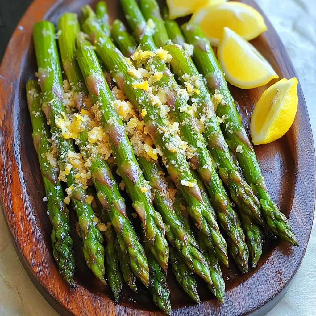 - 1 lb fresh asparagus, trimmed - 3 tablespoons olive oil - 4 cloves garlic, minced - 1/2 cup grated Parmesan cheese - 1 teaspoon lemon zest - 1 teaspoon salt - 1/2 teaspoon black pepper - Optional: 1/4 teaspoon red pepper flakes (for extra heat) Gather these ingredients to make Air Fryer Garlic Parmesan Asparagus. The fresh asparagus should be crisp and bright green. Trim the ends to remove any tough parts. The olive oil will help coat the asparagus and give it a nice crisp. Mince the garlic finely for the best flavor. The Parmesan cheese adds a savory touch. For a bright kick, lemon zest is great. The salt and pepper enhance the taste. If you like heat, add red pepper flakes. This mix of flavors will make your dish pop! Make sure to have everything ready before you start cooking. This dish comes together quickly, so prep work is key. Enjoy the journey of cooking this easy and quick dish! 1. Preheat the air fryer to 400°F (200°C). This takes about 5 minutes. Preheating helps cook the asparagus evenly. 2. Prepare and trim the asparagus. Grab one pound of fresh asparagus. Snap off the tough ends. This makes the asparagus tender and easy to eat. 1. Toss asparagus with olive oil. In a large bowl, add three tablespoons of olive oil. Coat the asparagus well. This adds flavor and helps it crisp up. 2. Add seasonings and Parmesan cheese. Mince four cloves of garlic. Add the garlic, half a teaspoon of black pepper, one teaspoon of salt, and one teaspoon of lemon zest to the bowl. For a kick, add red pepper flakes. Toss everything together until the asparagus is fully coated. Then, sprinkle half a cup of grated Parmesan cheese over the asparagus. Toss gently to mix. 3. Air fry the asparagus for 8-10 minutes. Place the seasoned asparagus in a single layer in the air fryer basket. If needed, cook in batches. Air fry for eight to ten minutes. Shake the basket halfway through. This ensures all sides get crisp. The asparagus is done when it is tender and the cheese is golden. Enjoy your delicious garlic Parmesan asparagus right away! To make great air fryer garlic Parmesan asparagus, start by placing the asparagus in a single layer. This helps them cook evenly. If your air fryer is small, cook in batches. It ensures the heat reaches every piece. Next, adjust the cooking time for your taste. For softer asparagus, cook for 10 minutes. For a crunchier bite, 8 minutes should do. Keep an eye on it to avoid burning the cheese. When it's time to serve, make it look beautiful! Sprinkle extra Parmesan on top for that wow factor. A little lemon juice adds brightness and flavor. Arrange the asparagus on a nice platter. Add lemon wedges on the side for a fresh touch. This makes your dish not just tasty, but also stunning! {{image_2}} You can easily change the flavors in this dish. Try adding different cheeses. Cheddar adds a sharp taste. Feta brings a creamy texture. Both options work well with the garlic and asparagus. Herbs can also enhance the dish. Fresh thyme adds a light earthiness. Rosemary gives a strong, fragrant flavor. Just sprinkle a bit on before cooking. You will love how these flavors mix. You can cook asparagus in other ways too. Oven roasting is one option. Preheat your oven to 425°F (220°C). Spread the seasoned asparagus on a baking sheet. Roast for about 12-15 minutes. This method gives a different texture. Grilling asparagus is another fun way to cook it. Heat your grill to medium-high. Place the asparagus on the grill for 5-7 minutes. This adds a nice smoky flavor. Enjoy the variety in cooking methods! To keep your leftover Air Fryer Garlic Parmesan Asparagus fresh, place it in an airtight container. This helps prevent moisture loss and keeps the asparagus crisp. Store it in the refrigerator for up to three days. For best results, let the asparagus cool to room temperature before sealing it in the container. To maintain the flavor and texture, avoid stacking the asparagus too tightly. This allows air to circulate and keeps it from becoming soggy. If you have a lot of leftovers, consider dividing them into smaller portions. This way, you can grab just what you need when you want to enjoy them again. When it’s time to reheat your asparagus, there are a few methods to choose from. The best way is to use the air fryer again. Set it to 350°F (175°C) and air fry the asparagus for about 3-5 minutes. This will help restore its crispness and flavor. Another option is to use the oven. Preheat the oven to 350°F (175°C) and spread the asparagus on a baking sheet. Heat for about 5-7 minutes. If you prefer the microwave, place the asparagus on a microwave-safe plate. Heat for 30 seconds, checking often to avoid overcooking. Remember, the goal is to warm it up without making it mushy. Yes, you can use frozen asparagus. Just thaw it first and pat it dry. This helps to remove extra moisture. If you skip this step, your dish may turn out soggy. Adjust the cooking time to about 10-12 minutes. To make this dish vegan, simply skip the Parmesan cheese. You can try using nutritional yeast instead for a cheesy flavor. It adds a nice taste without the dairy. You can also use a vegan cheese option if you prefer. Any air fryer that fits your budget works great for veggies. Look for one with adjustable temperature settings and a good capacity. A basket-style air fryer is ideal since it allows air to circulate well. This ensures even cooking. Asparagus is done when it is tender yet still firm. You want it to be bright green and slightly crispy. If the Parmesan is golden and crispy, your asparagus is likely ready. Shake the basket halfway during cooking for even results. This blog post covered a simple way to make crispy air-fried asparagus. We discussed key ingredients, step-by-step cooking instructions, and tips for success. You learned about variations to try and how to store leftovers. Asparagus is healthy, tasty, and easy to adapt. By mixing in flavors or trying different cooking methods, you can always keep it exciting. Enjoy your cooking and feel proud of your delicious creation!
