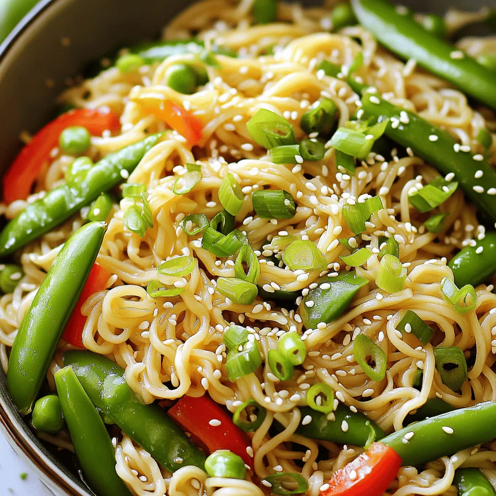 You need these key ingredients to make Minute Sesame Ginger Noodles: - 8 oz. rice noodles - 3 tablespoons sesame oil - 2 tablespoons fresh ginger, grated - 2 cloves garlic, minced - 3 tablespoons low-sodium soy sauce - 2 tablespoons rice vinegar - 1 tablespoon honey or maple syrup - 1 cup snap peas, trimmed - 1 red bell pepper, thinly sliced - 2 scallions, chopped - 2 tablespoons sesame seeds These items create a balanced mix of flavors and textures. The rice noodles give a nice base. The ginger and garlic add warmth and zest. The sesame oil brings richness, while the veggies offer crunch. For a beautiful finish, consider these optional garnishes: - Fresh cilantro - Extra sesame seeds Adding these garnishes enhances the dish’s look and taste. Fresh cilantro adds brightness, while extra sesame seeds provide a lovely crunch. If you need to swap ingredients, here are some ideas: - Use soba or udon noodles instead of rice noodles. - Replace soy sauce with tamari for a gluten-free option. - Use agave syrup instead of honey for a vegan choice. - Try other veggies like carrots or broccoli for variety. These substitutions let you customize the dish while keeping it delicious. Feel free to experiment based on your tastes or what you have on hand! First, bring a large pot of water to a boil. Add 8 oz. of rice noodles to the pot. Cook them until they are al dente, about 4-5 minutes. Drain the noodles and rinse them under cold water. This stops the cooking process and keeps them from getting sticky. Set the noodles aside in a bowl. In a small bowl, combine 3 tablespoons of sesame oil, 2 tablespoons of grated ginger, and 2 minced garlic cloves. Add 3 tablespoons of low-sodium soy sauce, 2 tablespoons of rice vinegar, and 1 tablespoon of honey or maple syrup. Whisk everything together until it is well mixed. This sauce brings a burst of flavor to the dish. Heat a large skillet or wok over medium-high heat. Add a splash of sesame oil to the pan. When the oil is hot, add 1 cup of trimmed snap peas and 1 thinly sliced red bell pepper. Stir-fry these veggies for 2-3 minutes. You want them to soften a bit but still have some crunch. Now, add the cooled rice noodles to the skillet with the sautéed vegetables. Pour the sesame ginger sauce over the noodles. Toss everything together gently. Make sure the noodles are well coated with the sauce. Heat everything through for about 2-3 minutes. This makes sure all the flavors blend nicely. To cook rice noodles, start by boiling water in a large pot. Add the noodles and cook for about 3 to 5 minutes. Check the package for exact time. You want them to be soft but still firm. Once done, drain the noodles and rinse them with cold water. This stops the cooking process. Make sure they don’t stick together. Toss them with a bit of sesame oil for extra flavor and to keep them separate. You can boost the taste of your noodles easily. Try adding more veggies like carrots or broccoli. You can also toss in some cooked chicken, shrimp, or tofu for protein. If you like heat, add red pepper flakes or sliced chili. For a fresh twist, squeeze some lime juice over the dish before serving. You can even mix in nuts for crunch. Each addition makes the dish more exciting. When stir-frying, make sure your pan or wok is hot before adding any oil. This helps prevent sticking. Add the vegetables in stages, starting with the ones that take longer to cook, like bell peppers. Stir them quickly to keep them crisp. After a couple of minutes, add the snap peas. Finally, add the noodles and sauce. Toss everything together gently. This ensures even coating and warm noodles. Enjoy the delicious flavors! {{image_2}} To make these Minute Sesame Ginger Noodles vegan, swap honey for maple syrup. This simple change keeps the sweetness while staying plant-based. You can also add more vegetables, like mushrooms or zucchini. They add texture and flavor without any animal products. If you want more protein in your dish, try adding tofu or chickpeas. Tofu works well when you marinate it in the sauce and pan-fry it until golden. Chickpeas can be tossed in right with the vegetables. Both options make the meal hearty and satisfying. Feel free to mix and match your veggies. Broccoli, carrots, or bell peppers can add great color and crunch. You can also use leafy greens like spinach or kale. Just remember to adjust cooking times, as some veggies cook faster than others. This keeps your dish fresh and exciting with every bite. To keep your leftover Minute Sesame Ginger Noodles fresh, place them in an airtight container. Let the noodles cool down before sealing the container. This helps prevent moisture buildup, which can make the noodles soggy. Store the container in the fridge for best results. When you're ready to enjoy the leftovers, you can reheat them easily. Use a skillet over medium heat, adding a splash of water or sesame oil. Stir the noodles gently until they warm up. You can also use the microwave. Place the noodles in a microwave-safe bowl, cover, and heat in short bursts. Stir in between to ensure even heating. These noodles last for about three to four days in the fridge. Keep an eye on them for any signs of spoilage. If they smell off or look strange, it’s best to toss them. If you want to keep them longer, consider freezing the noodles. They can last for up to three months in the freezer. Just thaw in the fridge before reheating. Yes, you can use other noodles! Try soba, udon, or even spaghetti. Each type gives a unique taste. Just cook them as you would rice noodles. The sauce works well with any noodle choice. If you need a soy sauce swap, use tamari or coconut aminos. Both options offer a similar flavor. They add that salty taste without soy. For a lighter option, try using vegetable broth or miso diluted with water. To make this dish gluten-free, choose rice noodles and tamari. Ensure your rice vinegar is gluten-free, too. This way, you can enjoy the same great taste without gluten. Yes, meal prepping works great with this recipe! Cook the noodles and veggies ahead of time. Store them separately in the fridge. When ready to eat, simply combine and heat the ingredients with the sauce. Enjoy your easy meal anytime! This post covered key ingredients for delicious rice noodles, along with steps to make them. I shared tips for getting the best flavor and texture, plus variations for special diets. You learned how to store leftovers and answered common questions about substitutions. In conclusion, cooking rice noodles can be easy and fun. You can tweak the recipe to suit your tastes. Enjoy experimenting with flavors and ingredients!