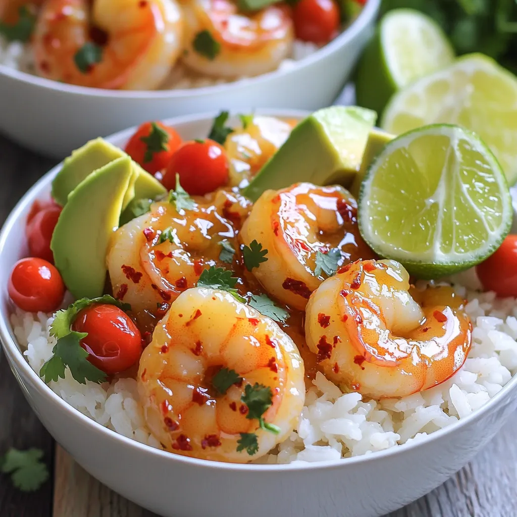 When making Garlic Chili Lime Shrimp Bowls, you need fresh and tasty ingredients. Here’s what you will use: - 1 pound large shrimp, peeled and deveined - 4 cloves garlic, minced - 1 red chili pepper, finely chopped - 2 tablespoons lime juice - 1 tablespoon lime zest - 1 teaspoon honey - 2 tablespoons olive oil - Salt and pepper to taste - 2 cups cooked jasmine rice - 1 avocado, sliced - 1 cup cherry tomatoes, halved - Fresh cilantro, chopped for garnish - Lime wedges for serving These ingredients blend to create a bright and zesty bowl. The shrimp brings protein, while the lime and chili add a kick. To make your dish even better, consider adding some optional ingredients. Here are a few ideas: - Corn for sweetness - Black beans for extra protein - Sliced radishes for crunch - Shredded carrots for color - Sliced jalapeños for more heat These add-ins can elevate your bowl and add different textures. Feel free to mix and match based on your taste. Understanding the nutrition helps you make healthy choices. Here’s the breakdown per serving (based on four servings): - Calories: 450 - Protein: 30g - Carbohydrates: 54g - Fat: 15g - Fiber: 6g This meal is balanced and packed with flavor. It offers good protein and healthy fats, making it a satisfying choice for lunch or dinner. To start, grab a bowl. Mix together the minced garlic, chopped red chili pepper, lime juice, lime zest, honey, olive oil, salt, and pepper. This mix is your marinade. The garlic adds a nice punch, while the chili brings the heat. Lime juice gives it a fresh zing, and honey balances the flavors. Now, add the shrimp to the bowl with the marinade. Toss them well to coat every piece. Let the shrimp sit in the marinade for 15 to 20 minutes. This allows the flavors to soak in. Don’t rush this step; it makes a big difference in taste. While the shrimp marinates, prepare your jasmine rice according to the package. Once the rice is ready, heat a large skillet over medium-high heat. Add the marinated shrimp to the hot skillet. Cook for 2 to 3 minutes on one side until they turn pink. Then, flip the shrimp and cook for another 1 to 2 minutes until they are fully opaque. They should look nice and juicy when done. Now it’s time to put everything together. Start with a generous scoop of jasmine rice at the bottom of a bowl. Next, add the cooked shrimp right on top. Then, layer in the sliced avocado and halved cherry tomatoes. For the final touch, sprinkle fresh cilantro on top. Serve with lime wedges on the side for a burst of flavor. Enjoy your Garlic Chili Lime Shrimp Bowls! To get the best flavor, marinate the shrimp right. Use a bowl and mix the minced garlic, chopped chili pepper, lime juice, lime zest, honey, olive oil, salt, and pepper. This mix is your magic marinade. Coat the shrimp well and let them sit for 15-20 minutes. This time lets the shrimp soak up the flavors. If you have more time, marinate for up to 30 minutes for even more taste. Cooking shrimp is easy if you follow a few rules. Heat your skillet over medium-high heat. This ensures the shrimp cooks quickly but does not dry out. Add the marinated shrimp and cook for 2-3 minutes on one side. When the shrimp turns pink, it is time to flip them. Cook for an additional 1-2 minutes until fully opaque. Avoid overcooking; shrimp can become rubbery if cooked too long. Making your bowls look great is fun! Start with a base of jasmine rice. Spoon a good amount in each bowl. Next, arrange the cooked shrimp on top. Add sliced avocado and halved cherry tomatoes around the shrimp. This adds color and freshness. Finish with a sprinkle of fresh cilantro for a pop of green. Serve lime wedges on the side. This makes every bite zesty and bright. {{image_2}} To make your shrimp even spicier, add more chili. You can use two red chili peppers instead of one. This boosts the heat and flavor. If you love heat, try a dash of cayenne pepper too. Mix that into your marinade for a fiery kick. Remember, balance is key. You want heat, but not so much that you lose the garlic and lime. If you prefer a meat-free option, swap shrimp for chickpeas or tofu. Both will soak up the garlic and lime flavors. For chickpeas, use one can, drained and rinsed. For tofu, press it to remove extra water, then cube it. Marinate the tofu or chickpeas just like the shrimp. They will create a tasty, filling bowl. For a grain-free meal, try cauliflower rice or zucchini noodles. Cauliflower rice is easy to make. Just pulse fresh cauliflower in a food processor until it resembles rice. Sauté it briefly in a pan for flavor. Zucchini noodles, or zoodles, provide a light and refreshing base. Use a spiralizer to create noodles from zucchini. Cook them for just a minute to keep them crisp. To store leftover Garlic Chili Lime Shrimp Bowls, let them cool first. Place the shrimp, rice, and toppings in an airtight container. Keep it in the fridge for up to two days. If you want to keep it longer, consider freezing it. When reheating, use the stove for the best taste. Heat a skillet over medium heat. Add a splash of olive oil to keep the shrimp moist. Cook for about 3-4 minutes until warmed through. Stir in the rice and toppings just before serving. This method keeps the flavors fresh and bright. If you want to freeze shrimp bowls, separate the ingredients. Store shrimp and rice in separate bags. You can freeze shrimp for up to three months. Cooked rice can stay good for about one month. To use, thaw in the fridge overnight before reheating. This keeps each component tasting great. Yes, you can use frozen shrimp. Just be sure to thaw them first. Place them in cold water for about 15 minutes. This helps them thaw evenly. After thawing, pat them dry to remove excess water. This will allow the marinade to stick better. You can use any rice you like. Brown rice, basmati rice, or quinoa all work well. Each option brings a unique flavor and texture. If you want a low-carb choice, try cauliflower rice. It cooks fast and absorbs flavors nicely. To change the heat level, adjust the chili pepper amount. Use less for a mild taste. If you want more heat, add sliced jalapeños or red pepper flakes. You can also add hot sauce to the marinade for an extra kick. This blog covered how to make delicious garlic chili lime shrimp bowls. You learned about the main ingredients, optional add-ins, and the nutritional facts. I gave step-by-step instructions and shared tips for marinating and cooking shrimp. We also explored variations and storage options. In the end, you can enjoy tasty meals full of flavor. Now, you have the tools to make these bowls your own. Happy cooking!
