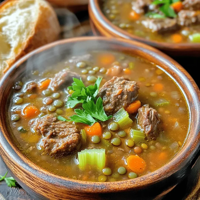 - 1 pound beef chuck, cut into 1-inch cubes - 1 cup green or brown lentils, rinsed and drained - 1 large onion, diced - 2 carrots, chopped - 2 celery stalks, chopped - 4 cloves garlic, minced - 1 can (14.5 oz) diced tomatoes (no salt added) - 6 cups beef broth (low sodium) - 2 teaspoons ground cumin - 1 teaspoon smoked paprika - 1/2 teaspoon dried thyme - 1 bay leaf - Salt and pepper to taste - 2 tablespoons olive oil - Fresh parsley for garnish (optional) If you want to swap ingredients, here are some great options: - Use beef stew meat instead of chuck for a leaner choice. - Swap lentils for split peas if you prefer a different texture. - You can use vegetable broth for a lighter flavor. - If you don’t have fresh garlic, garlic powder works too. When picking ingredients, look for these signs: - Choose beef that is bright red with no brown spots. - Lentils should be clean and dry, with no broken pieces. - For veggies, look for firm carrots and celery with vibrant colors. - Fresh garlic should feel hard and have no sprouting. - Always check broth for low sodium to keep the soup healthy. Using fresh ingredients can make your soup taste even better! Start by cutting your beef chuck into 1-inch cubes. This size helps the meat cook well. Next, heat a skillet over medium heat. Add 2 tablespoons of olive oil. Once hot, add the beef cubes. Brown them for about 5-7 minutes. This step brings out a rich flavor. You want a nice sear on all sides. After browning, transfer the beef to your slow cooker. Now, it’s time to prepare the vegetables. Dice 1 large onion, chop 2 carrots, and 2 celery stalks. Mince 4 cloves of garlic. Rinse and drain 1 cup of green or brown lentils. These lentils add texture and protein to the soup. In the slow cooker, add the browned beef. Then, add the diced onion, chopped carrots, chopped celery, and minced garlic. Next, include the rinsed lentils and 1 can of diced tomatoes. Make sure to add the juice from the can too. Then, sprinkle in 2 teaspoons of ground cumin, 1 teaspoon of smoked paprika, and 1/2 teaspoon of dried thyme. Don’t forget to toss in a bay leaf, salt, and pepper to taste. Now, pour in 6 cups of low-sodium beef broth. Ensure all the ingredients are submerged in the broth. This helps them cook evenly and absorb flavors. Cover the slow cooker with its lid. You have two options for cooking: set it on low for 8-10 hours or high for 4-5 hours. Cooking on low gives flavors a chance to deepen. On high, the soup cooks faster but may not be as rich. Check the soup towards the end of cooking time. The lentils and beef should be tender. Before serving, remove the bay leaf. Taste your soup and adjust the seasoning with more salt and pepper if needed. Serve hot and garnish with fresh parsley for a nice touch. Enjoy! To get the best taste in your soup, start by browning the beef. This step adds deep flavor. Use a skillet over medium heat with olive oil. Brown the beef cubes for about 5-7 minutes. Then, add fresh herbs and spices. Ground cumin and smoked paprika work wonders. They add warmth and depth. Don’t forget to season well with salt and pepper. Always taste your soup before serving. This way, you can adjust the seasoning to your liking. One common mistake is not rinsing the lentils. Always rinse them to remove dust and debris. Another mistake is overcooking the soup. If you cook it too long, the lentils can turn mushy. Keep an eye on the cooking time. If you want a soup with chunks, avoid using too much liquid. Remember, the soup thickens as it cooks. Lastly, don’t skip the bay leaf. It adds a subtle flavor that enhances the whole dish. If your soup is too thin, there are easy ways to thicken it. One method is to mash some of the lentils against the side of the slow cooker. This adds body without changing the taste. You can also add a slurry of cornstarch and water. Mix one tablespoon of cornstarch with two tablespoons of cold water. Stir this into the soup and let it cook for 10 more minutes. Another option is to let the soup cook uncovered for a while. This helps reduce the liquid and thickens the soup naturally. {{image_2}} You can change the beef in this soup. Try using chicken or turkey. These meats cook well and keep the soup tasty. You can also use beans like kidney or black beans. Just make sure to cook them until soft. If you use canned beans, add them in the last hour of cooking. This way, they stay whole and firm. To make a vegetarian or vegan version, skip the beef. Use mushrooms instead. Their rich flavor adds depth. You can also use lentils as the main protein. A mix of green and brown lentils works best. To boost flavor, add vegetable broth. You can even toss in plant-based sausage for extra taste. Adding more veggies is a great idea. Try spinach, kale, or zucchini. These greens add vitamins and minerals. You can also add bell peppers, sweet potatoes, or corn for sweetness. Chop them small and toss them in the slow cooker. They will cook well and add color to your soup. More veggies mean more nutrition and taste! After enjoying your soup, let it cool down to room temperature. Then, pour the soup into an airtight container. This helps keep flavors fresh. Store it in the fridge for up to three days. If you want to eat it later, consider freezing it. To reheat your soup, pour it into a pot over medium heat. Stir it often to warm it evenly. You can also use the microwave. Just make sure to heat it in short bursts and stir in between. This helps avoid hot spots and keeps it tasty. For long-term storage, freeze the soup in freezer-safe bags or containers. Be sure to leave some space at the top because soup expands. It can last in the freezer for up to three months. When ready to eat, thaw it overnight in the fridge. Then, reheat it as described above. Enjoy your warm meal on a cold day! Yes, you can make this soup on the stovetop. To do this, brown the beef in a large pot. Add the onion, carrots, celery, garlic, and lentils. Stir in the diced tomatoes and spices. Pour in the beef broth and bring it to a boil. Lower the heat and let it simmer for about 45 minutes. Check that the beef and lentils are tender before serving. This stovetop method cuts down the time needed and still gives you great flavor. This soup pairs well with crusty bread or a fresh salad. You can also serve it with warm rolls or crackers for added crunch. A sprinkle of fresh parsley on top brightens the dish. If you want a more filling meal, consider adding a side of rice or quinoa. These options add texture and complement the soup’s hearty flavors. The soup stays fresh in the refrigerator for about 3 to 4 days. Make sure to cool it down before putting it in an airtight container. This helps maintain its taste and quality. If you want to keep it longer, consider freezing it instead. When stored properly, the soup can last for up to 3 months in the freezer. Just remember to thaw it overnight in the fridge before reheating. This blog post walked you through the essential ingredients and how to make slow cooker beef lentil soup. We covered substitutions, tips for choosing fresh items, and step-by-step cooking instructions. I shared tricks for great flavor, common mistakes to avoid, and how to modify your soup for different diets. Afterward, I provided storage advice and answered common questions. Now, you have the tools to craft a delicious meal that suits your taste! Enjoy creating your own version of this soup.