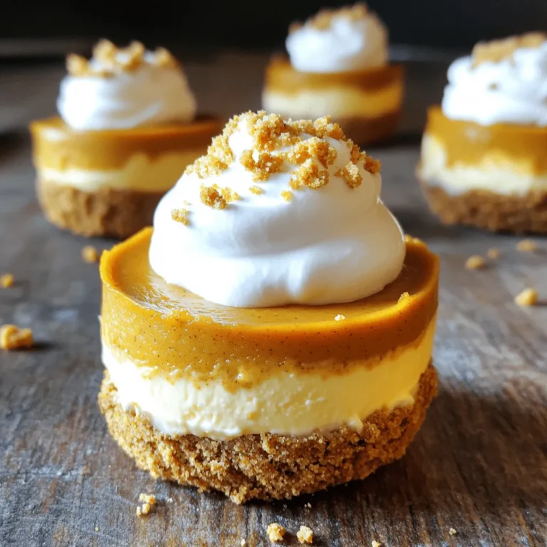 To make pumpkin pie cheesecake cups, you need: - 1 cup graham cracker crumbs - 1/4 cup unsalted butter, melted - 2 tablespoons brown sugar - 8 oz cream cheese, softened - 1/2 cup sugar - 1 cup pumpkin puree - 2 eggs - 2 teaspoons vanilla extract - 1 teaspoon ground cinnamon - 1/2 teaspoon ground ginger - 1/4 teaspoon ground nutmeg - 1/4 teaspoon salt - Whipped cream (for topping) - Crushed graham crackers (for garnish) You can swap some ingredients if needed: - Use almond flour for graham cracker crumbs for a gluten-free option. - Coconut oil can replace unsalted butter. - Maple syrup works well in place of sugar. - Silken tofu can be a dairy-free substitute for cream cheese. - Canned sweet potato may replace pumpkin puree if you want a different twist. When selecting ingredients, freshness counts. Here are some tips: - Choose high-quality cream cheese. This will make your filling rich and creamy. - Look for pure pumpkin puree. Avoid pumpkin pie filling as it has added sugar and spices. - Use fresh spices for the best flavor. Ground spices lose potency over time. - Select organic eggs for better taste and quality. - For the best crust, get fresh graham crackers. They should be crisp and crunchy. These tips and substitutions help make your pumpkin pie cheesecake cups delicious and unique. Happy baking! Start by preheating your oven to 350°F (175°C). In a medium bowl, mix the graham cracker crumbs, melted butter, and brown sugar. Stir until the crumbs are fully coated. This mix will create a tasty base for your cups. Next, press the crumb mixture firmly into the bottom of each cup or muffin liner. Ensure an even layer for the best results. Bake the crusts for 5 minutes. Once done, take them out and let them cool slightly. In a large mixing bowl, beat the softened cream cheese and sugar together. Mix until smooth and creamy. Now, add the pumpkin puree, eggs, vanilla extract, cinnamon, ginger, nutmeg, and salt. Stir these ingredients together until you have a creamy and colorful filling. It should look rich and inviting. Carefully spoon the pumpkin cheesecake filling into each crust. Fill them about three-quarters full, leaving some room for puffing during baking. Bake the filled cups for 25-30 minutes. They should puff up a bit and set in the middle. Keep an eye on them to ensure they don’t overbake. After baking, take them out and let them cool to room temperature. Once they cool, put them in the fridge for at least 2 hours. This step is important as it helps them firm up. Before serving, you can add a dollop of whipped cream on top. Finish with a sprinkle of crushed graham crackers for a nice touch. Enjoy your tasty pumpkin pie cheesecake cups! To get a smooth and creamy texture, start with softened cream cheese. If it’s cold, it won’t mix well. Beat the cream cheese and sugar until fluffy and free of lumps. Mix in the pumpkin puree and spices slowly. This helps keep the mixture light. When baking, don’t overfill the cups. Fill them about three-quarters full to allow for rising. One common mistake is not cooling the crust properly. Make sure it cools before adding the filling. Another mistake is baking too long. Overbaking can cause cracks and dry out the cups. Watch for the centers to puff slightly. If they look set, they are ready to cool. Lastly, don’t skip the chilling time after baking. Chilling helps them firm up and taste even better. To make your cheesecake cups shine, top them with a generous swirl of whipped cream. Sprinkle crushed graham crackers on top for a nice crunch. You can also add a sprinkle of cinnamon for extra flavor. For a fun touch, serve them in cute cups or jars. This makes each serving feel special. You can even add a slice of pumpkin or a sprig of mint on top for color. {{image_2}} You can change the flavors in your pumpkin pie cheesecake cups. One great idea is to add chocolate. Melt some chocolate and mix it into the cheesecake filling. This adds a rich taste. You can also sprinkle chocolate chips on top. Another option is to swap spices. Try adding more nutmeg or a pinch of allspice. Each change gives a new twist to the classic flavor. You can make these cups gluten-free easily. Use gluten-free graham cracker crumbs for the crust. Many brands offer these now. You can also use almond flour or crushed nuts. For the filling, ensure your cream cheese is gluten-free. Most brands are safe, but it's good to check the label. Enjoying this treat can be safe and tasty! You can make these cheesecake cups in mini sizes or regular sizes. Mini cups are perfect for parties. They allow guests to try a small bite. Use a mini muffin tin for these. If you prefer regular sizes, stick with a standard muffin tin. The baking time may change. Mini cups bake for about 15-20 minutes, while regular ones take 25-30 minutes. Enjoy both sizes based on your needs! To keep your pumpkin pie cheesecake cups fresh, place them in an airtight container. Use a container that fits them snugly to prevent movement. This will help keep the crust from getting soggy. If you have topped them with whipped cream, add the cream just before serving. When stored properly in the fridge, these cheesecake cups last for about 4 to 5 days. Make sure to check for any off smells or changes in texture. If they look or smell funny, toss them out. Always trust your senses when it comes to food safety. Yes, you can freeze these cheesecake cups! To freeze, wrap each cup tightly with plastic wrap. Then, place them in a freezer-safe bag or container. They can last in the freezer for up to 2 months. To thaw, move them to the fridge overnight. Enjoy your fall treat even when the season changes! Yes, you can make these cheesecake cups ahead of time. Prepare them a day in advance. After baking, let them cool to room temperature. Then, chill them in the fridge for at least two hours. This helps the flavors meld well. You can also add the whipped cream right before serving. This keeps the topping fresh and fluffy. If you need a substitute for cream cheese, use mascarpone cheese. It has a similar texture and flavor. You can also try Greek yogurt for a lighter option. Just remember, Greek yogurt may change the taste slightly. Silken tofu can be a great dairy-free choice. Blend it well to get a creamy texture. Check if the cheesecake cups are done by looking at their centers. They should be set and slightly puffed. Gently shake the pan; if they wobble slightly in the center, they are ready. Remember, they will firm up as they cool. Keep an eye on them during the last few minutes of baking to avoid overcooking. You learned how to create delicious pumpkin cheesecake cups. We explored key ingredients and smart substitutions for every taste. I shared step-by-step instructions for the crust and filling, along with tips to ensure the best texture. We discussed variations and how to present your cups beautifully. Lastly, we covered storage and answered common questions. Now, you can impress anyone with these treats. Happy baking!