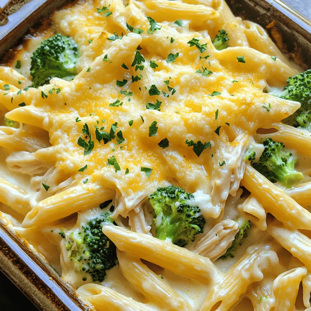 To make a creamy chicken Alfredo pasta bake, gather these key ingredients: - 2 cups penne pasta - 2 cups cooked chicken breast, shredded - 2 cups Alfredo sauce (store-bought or homemade) - 1 cup broccoli florets, steamed - 1 cup mozzarella cheese, shredded - 1/2 cup Parmesan cheese, grated - 1 teaspoon garlic powder - 1 teaspoon Italian seasoning - Salt and pepper to taste - Fresh parsley, chopped (for garnish) These ingredients come together to create a rich, creamy dish that comforts every time you eat it. You can add extra flavors or textures to your bake. Consider these options: - Peas or spinach for added greens - Sun-dried tomatoes for a pop of color and taste - Cooked bacon bits for extra crunch - A pinch of red pepper flakes for heat These optional ingredients let you play with flavors and make the meal your own. If you have dietary needs, you can easily swap some ingredients. Here are some ideas: - Use gluten-free pasta if you need it. - Substitute chicken with cooked tofu or chickpeas for a vegetarian option. - For a lighter version, choose low-fat Alfredo sauce. - Use dairy-free cheese for a vegan dish. These substitutions allow anyone to enjoy this creamy chicken Alfredo bake, no matter their diet! First, preheat your oven to 350°F (175°C). This step is key for even cooking. Next, cook 2 cups of penne pasta according to the package. You want it to be al dente. Once done, drain the pasta and set it aside. In a big bowl, mix the cooked penne, 2 cups of shredded chicken, and 2 cups of Alfredo sauce. If you want to make the sauce at home, I can help with that later! Add 1 cup of steamed broccoli, 1 teaspoon of garlic powder, and 1 teaspoon of Italian seasoning. Season with salt and pepper to your taste. Stir everything well so all the pasta is coated. Now, transfer this mixture to a greased 9x13 inch baking dish. Sprinkle 1 cup of shredded mozzarella and 1/2 cup of grated Parmesan cheese on top. This cheese layer adds flavor and a nice texture. Bake it in the oven for 25 to 30 minutes. You want the cheese to be bubbly and golden brown. Keep an eye on it to avoid burning. When it’s ready, take it out and let it cool for a few minutes. This helps with serving and makes it less hot. Serve the creamy chicken Alfredo pasta bake in individual bowls. For extra flavor, you can drizzle more Alfredo sauce on top. If you like a bit of heat, add some crushed red pepper flakes. Finally, sprinkle chopped fresh parsley for a touch of color and freshness. This dish is not just tasty; it looks great too! Enjoy your meal! Making your own Alfredo sauce is simple and tasty. Start with butter and cream. Melt 1/2 cup of butter in a pan over low heat. Then, add 1 cup of heavy cream. Stir until combined. Next, add 1 cup of grated Parmesan cheese. Mix until it melts. You can sprinkle in some garlic powder and black pepper for flavor. This sauce pairs well with your pasta bake. Cooking pasta correctly makes a big difference. Use a large pot filled with water. Add a pinch of salt to the water before it boils. This adds flavor to the pasta. Cook the penne until it's al dente, which means firm to the bite. Stir the pasta a few times while it cooks. This helps prevent sticking. Drain it well but do not rinse. Rinsing washes away the starch that helps sauce stick. Garnishing your dish makes it look special. Fresh parsley adds color and a fresh taste. Chop some parsley and sprinkle it over the top before serving. You can also drizzle a bit of extra Alfredo sauce for a creamy look. For a spicy kick, try crushed red pepper flakes. Serve the pasta bake in individual bowls for a nice touch. This makes each serving feel special and fancy. {{image_2}} If you want to switch up the protein, try using turkey or ham. Both work great and add a new flavor. You can even use rotisserie chicken for a quick option. For a lighter meal, shrimp or scallops are also tasty choices. Each protein option gives a unique twist to your bake. For a vegetarian version, simply leave out the chicken. You can add more veggies like bell peppers or mushrooms instead. If you want a vegan option, replace the Alfredo sauce with a plant-based version. Use vegan cheese to keep it creamy. This way, everyone can enjoy the dish, no matter their diet. While penne pasta is perfect, you can use any pasta shape you like. Bowtie or rigatoni adds fun shapes to your dish. For extra flavor, try adding sun-dried tomatoes or olives. You can also mix in spinach or kale for more greens. These add-ins not only taste great but also make your dish more colorful. To store leftover creamy chicken Alfredo pasta bake, let it cool first. Then, place it in an airtight container. You can keep it in the fridge for up to three days. Make sure to cover it well to prevent drying out. When you're ready to enjoy leftovers, preheat your oven to 350°F (175°C). Place the pasta bake in an oven-safe dish. Cover it with foil to keep it moist. Heat for about 20 minutes, or until warm. You can also reheat it in the microwave. Just use a microwave-safe bowl and heat it for 2-3 minutes. Stir halfway for even warming. If you want to freeze the pasta bake, it’s best to do this before baking. Assemble everything in a container, but skip the oven step. Cover well with plastic wrap and foil. You can freeze it for up to three months. When you're ready to cook, let it thaw overnight in the fridge. Then bake as usual, adding a few extra minutes if needed. Yes, you can make this dish ahead of time. Prepare it as directed but do not bake. Cover it tightly and store it in the fridge for up to 24 hours. When you’re ready to bake, remove it from the fridge and let it sit at room temperature for about 30 minutes. Then, bake it at 350°F (175°C) as instructed. This saves time on busy nights and still tastes great. If you don’t like broccoli, try other veggies. Cauliflower, spinach, or green beans work well. You can also use peas or bell peppers for a colorful dish. Just make sure the veggies are cooked or steamed before adding them to the pasta mix. This keeps the bake creamy and flavorful. To boost flavor, use fresh garlic instead of garlic powder. Sauté it in olive oil before mixing it into the dish. Adding crushed red pepper flakes gives it a nice kick. You can also mix in herbs like basil or thyme for a fresh taste. Lastly, a sprinkle of lemon juice before serving brightens the whole dish. In this blog post, I shared how to create a delicious Creamy Chicken Alfredo Pasta Bake. We covered the key ingredients, step-by-step instructions, and helpful tips. I offered ways to customize the dish and shared storage information to keep your leftovers tasty. Lastly, I answered common questions to make cooking easier. Enjoy making this dish and share it with others! It’s simple, satisfying, and perfect for any meal.