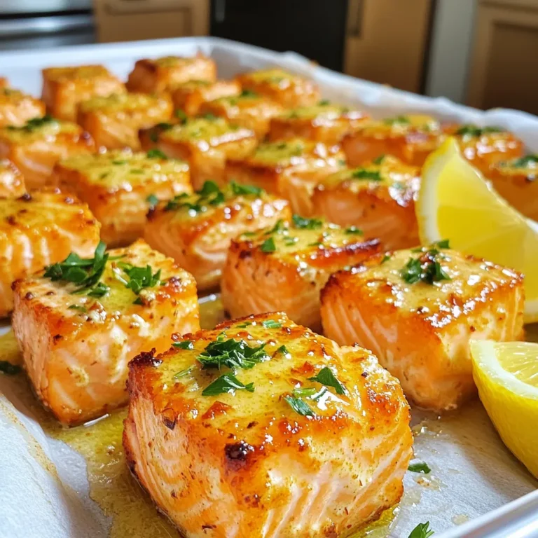 - 1 pound salmon fillet, skinless and boneless - 4 tablespoons unsalted butter - 4 cloves garlic - Fresh parsley - Lemon juice - Smoked paprika - Salt and pepper - Lemon wedges for serving Gathering the right ingredients is key to making Air Fryer Garlic Butter Salmon Bites. Start with fresh salmon. Choose a skinless, boneless fillet. This makes cutting into cubes easy. You need about one pound for four servings. Next, get unsalted butter. You will melt four tablespoons of it. Butter gives the salmon a rich flavor. Garlic is your next ingredient. Mince four cloves for a great taste. For seasoning, fresh parsley adds a nice touch. You will need one tablespoon, chopped. Lemon juice brightens the dish. Use one tablespoon for just the right zing. Smoked paprika adds a bit of warmth. One teaspoon works well. Don't forget salt and pepper. They will enhance all the flavors. Lastly, slice up some lemon wedges. These are for serving and add freshness to each bite. With these ingredients ready, you are all set to make a tasty delight! - Combine 4 tablespoons of melted butter with 4 cloves of minced garlic. - Add 1 tablespoon of chopped parsley, 1 tablespoon of lemon juice, 1 teaspoon of smoked paprika, and some salt and pepper. - Mix well to blend all the flavors together. This sauce will give your salmon a tasty kick. - Take 1 pound of skinless, boneless salmon and cut it into bite-sized cubes. - In a large bowl, pour the garlic butter sauce over the salmon. - Toss gently to ensure every piece is evenly coated with that rich sauce. You want all the bites to be flavorful. - Preheat your air fryer to 400°F (200°C) for about 5 minutes. This step is key for nice crispiness. - Place the coated salmon bites in a single layer in the air fryer basket. Don’t overcrowd them. - Cook for 8-10 minutes. Shake the basket halfway through to help them cook evenly. - Look for a golden color and flaky texture when they are done. Enjoy the smell—it's amazing! To get the best texture, cut your salmon into uniform pieces. This helps them cook evenly. When air frying, shake the basket halfway through. This lets all sides brown nicely. Want to boost the flavor? Try adding herbs like dill or thyme. You can also experiment with spices like cayenne for heat. For a fresh kick, use citrus juices like lime or orange. They brighten the dish. These salmon bites go great with sides. Try pairing them with rice or steamed vegetables. Dipping sauces can elevate the meal. A tangy tartar or zesty aioli works well. Enjoy these bites warm with lemon wedges for added zing. {{image_2}} You can make this dish even healthier! - Replace butter with olive oil. It adds healthy fats. - Use a low-sodium marinade for less salt. This keeps flavors without too much sodium. Want to make this dish more exciting? - Add grated lemon zest. It brightens the taste. - Experiment with different spice blends. Try garlic powder or cayenne for a kick. You can change how you serve these bites. - Serve them as appetizers at your next party. They’re sure to impress. - Create a salad topping with the salmon bites. It adds protein and flavor to greens. To keep your garlic butter salmon bites fresh, store them in an airtight container. This helps seal in moisture and flavor. They will last for up to three days in the fridge. For the best texture, reheat the salmon bites in your air fryer. Set the temperature to 350°F (175°C) and heat for about 3-5 minutes. This method keeps them crispy. You can also use a microwave, but it may make them a bit soggy. To preserve flavor, add a splash of lemon juice when reheating. You can freeze the salmon bites for later. Place them in a single layer on a baking sheet until firm. Then, transfer the bites to a freezer-safe bag. They can last for up to three months. To thaw, place them in the fridge overnight. When ready to cook, just air fry them at 400°F (200°C) for 10-12 minutes, or until hot and flaky. It takes about 8-10 minutes to cook salmon bites in an air fryer. Preheat the air fryer to 400°F (200°C) for five minutes. Then, place the salmon bites in a single layer. Shake the basket halfway through to ensure even cooking. You'll know they are ready when they look golden and flaky. Yes, you can use frozen salmon, but it will change the cooking time. Make sure to thaw the salmon completely before cutting it into bite-sized cubes. This helps the garlic butter sauce stick better. If you don’t thaw it, the bites may cook unevenly. Garlic butter salmon bites pair well with many sides. Here are some great options: - Steamed rice - Roasted vegetables - Fresh salad - Garlic bread - Quinoa These sides complement the rich flavor of salmon and enhance your meal experience. You learned how to make delicious garlic butter salmon bites. We covered the ingredients, from fresh salmon to tasty spices. I shared tips for cooking and serving these bites perfectly. You can even try fun variations to keep it interesting. Don’t forget how to store and reheat leftovers for later. Enjoy this dish as an easy meal or a special treat. Happy cooking!