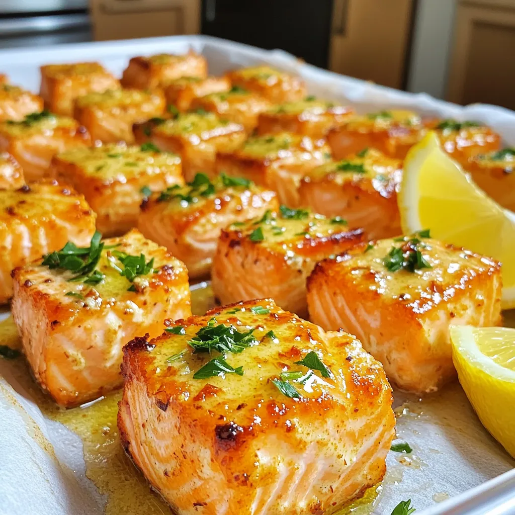 - 1 pound salmon fillet, skinless and boneless - 4 tablespoons unsalted butter - 4 cloves garlic - Fresh parsley - Lemon juice - Smoked paprika - Salt and pepper - Lemon wedges for serving Gathering the right ingredients is key to making Air Fryer Garlic Butter Salmon Bites. Start with fresh salmon. Choose a skinless, boneless fillet. This makes cutting into cubes easy. You need about one pound for four servings. Next, get unsalted butter. You will melt four tablespoons of it. Butter gives the salmon a rich flavor. Garlic is your next ingredient. Mince four cloves for a great taste. For seasoning, fresh parsley adds a nice touch. You will need one tablespoon, chopped. Lemon juice brightens the dish. Use one tablespoon for just the right zing. Smoked paprika adds a bit of warmth. One teaspoon works well. Don't forget salt and pepper. They will enhance all the flavors. Lastly, slice up some lemon wedges. These are for serving and add freshness to each bite. With these ingredients ready, you are all set to make a tasty delight! - Combine 4 tablespoons of melted butter with 4 cloves of minced garlic. - Add 1 tablespoon of chopped parsley, 1 tablespoon of lemon juice, 1 teaspoon of smoked paprika, and some salt and pepper. - Mix well to blend all the flavors together. This sauce will give your salmon a tasty kick. - Take 1 pound of skinless, boneless salmon and cut it into bite-sized cubes. - In a large bowl, pour the garlic butter sauce over the salmon. - Toss gently to ensure every piece is evenly coated with that rich sauce. You want all the bites to be flavorful. - Preheat your air fryer to 400°F (200°C) for about 5 minutes. This step is key for nice crispiness. - Place the coated salmon bites in a single layer in the air fryer basket. Don’t overcrowd them. - Cook for 8-10 minutes. Shake the basket halfway through to help them cook evenly. - Look for a golden color and flaky texture when they are done. Enjoy the smell—it's amazing! To get the best texture, cut your salmon into uniform pieces. This helps them cook evenly. When air frying, shake the basket halfway through. This lets all sides brown nicely. Want to boost the flavor? Try adding herbs like dill or thyme. You can also experiment with spices like cayenne for heat. For a fresh kick, use citrus juices like lime or orange. They brighten the dish. These salmon bites go great with sides. Try pairing them with rice or steamed vegetables. Dipping sauces can elevate the meal. A tangy tartar or zesty aioli works well. Enjoy these bites warm with lemon wedges for added zing. {{image_2}} You can make this dish even healthier! - Replace butter with olive oil. It adds healthy fats. - Use a low-sodium marinade for less salt. This keeps flavors without too much sodium. Want to make this dish more exciting? - Add grated lemon zest. It brightens the taste. - Experiment with different spice blends. Try garlic powder or cayenne for a kick. You can change how you serve these bites. - Serve them as appetizers at your next party. They’re sure to impress. - Create a salad topping with the salmon bites. It adds protein and flavor to greens. To keep your garlic butter salmon bites fresh, store them in an airtight container. This helps seal in moisture and flavor. They will last for up to three days in the fridge. For the best texture, reheat the salmon bites in your air fryer. Set the temperature to 350°F (175°C) and heat for about 3-5 minutes. This method keeps them crispy. You can also use a microwave, but it may make them a bit soggy. To preserve flavor, add a splash of lemon juice when reheating. You can freeze the salmon bites for later. Place them in a single layer on a baking sheet until firm. Then, transfer the bites to a freezer-safe bag. They can last for up to three months. To thaw, place them in the fridge overnight. When ready to cook, just air fry them at 400°F (200°C) for 10-12 minutes, or until hot and flaky. It takes about 8-10 minutes to cook salmon bites in an air fryer. Preheat the air fryer to 400°F (200°C) for five minutes. Then, place the salmon bites in a single layer. Shake the basket halfway through to ensure even cooking. You'll know they are ready when they look golden and flaky. Yes, you can use frozen salmon, but it will change the cooking time. Make sure to thaw the salmon completely before cutting it into bite-sized cubes. This helps the garlic butter sauce stick better. If you don’t thaw it, the bites may cook unevenly. Garlic butter salmon bites pair well with many sides. Here are some great options: - Steamed rice - Roasted vegetables - Fresh salad - Garlic bread - Quinoa These sides complement the rich flavor of salmon and enhance your meal experience. You learned how to make delicious garlic butter salmon bites. We covered the ingredients, from fresh salmon to tasty spices. I shared tips for cooking and serving these bites perfectly. You can even try fun variations to keep it interesting. Don’t forget how to store and reheat leftovers for later. Enjoy this dish as an easy meal or a special treat. Happy cooking!