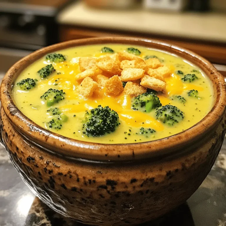 To make this creamy broccoli cheddar soup, gather these simple ingredients: - 4 cups broccoli florets (fresh or frozen) - 1 medium onion, chopped - 3 cloves garlic, minced - 4 cups vegetable broth - 2 cups shredded sharp cheddar cheese - 1 cup heavy cream or coconut milk (for a dairy-free option) - 1 teaspoon dried thyme - 1 teaspoon onion powder - Salt and pepper to taste - Optional: Croutons and extra cheddar for topping If you want a dairy-free twist, replace heavy cream with coconut milk. This gives the soup a rich, creamy taste without dairy. Use a dairy-free cheese if you want to keep it cheesy. Nutritional yeast is a great option for a cheesy flavor without dairy. Choosing fresh broccoli is key for this soup. Look for bright green florets with tight clusters. Avoid yellowing or wilting. The stems should feel firm and not soft. If you can, buy organic broccoli for better taste and fewer pesticides. Fresh broccoli will add more nutrients and flavor to your soup. Start by getting your slow cooker ready. Take 4 cups of broccoli florets, fresh or frozen, and add them to the pot. Next, chop one medium onion and mince three cloves of garlic. Toss these into the slow cooker with the broccoli. This mix adds great flavor. Now, pour in 4 cups of vegetable broth. Make sure the broth covers all the veggies. This step is key for a tasty soup. Next, add 1 teaspoon of dried thyme and 1 teaspoon of onion powder. Season with salt and pepper to taste. Stir everything together gently. Cover the slow cooker and cook on low for 4-5 hours, or on high for 2-3 hours. Check that the broccoli is tender before moving on. After cooking, it’s time to blend. If you have an immersion blender, use it to puree the soup until smooth. If you like some chunks, blend half and leave the rest as is. Now for the best part—add 2 cups of shredded sharp cheddar cheese and 1 cup of heavy cream or coconut milk. Stir until the cheese melts and everything is mixed well. Taste the soup and adjust the seasoning if needed. To boost the flavor of your creamy broccoli cheddar soup, use fresh herbs. Thyme adds depth. You can also try adding a squeeze of lemon juice. This gives a bright note to the dish. If you like a bit of heat, add a pinch of red pepper flakes. For extra richness, use good quality cheese. Sharp cheddar makes a big difference. A few common mistakes can ruin your soup. First, don’t skip the garlic. It adds great taste. Second, avoid overcooking the broccoli. You want it tender but not mushy. If you blend too long, you’ll lose the nice texture. Lastly, don’t forget to taste as you go. Adjusting salt and pepper can take your soup to the next level. Store your soup in airtight containers. It will stay fresh in the fridge for about three days. To reheat, warm it slowly on the stove. Stir often to keep it smooth. If the soup thickens too much, add a splash of broth or cream. You can also freeze the soup, but it may change texture. To thaw, let it sit overnight in the fridge before reheating. {{image_2}} You can make this creamy broccoli cheddar soup even heartier by adding protein. Chicken works great! Simply cook and shred some chicken breasts before adding them to the slow cooker. Cooked bacon is another tasty option. Chop it up and stir it in right before serving. The smoky flavor from the bacon adds a nice touch. If you want a vegetarian twist, swap out the chicken for beans. White beans or chickpeas add protein without meat. You can also toss in some tofu for a chewy texture. Just make sure the tofu is firm. Cook it in the slow cooker with the other veggies to soak up all the flavors. Cheddar cheese is classic, but feel free to mix it up! Try gouda for a rich taste or pepper jack for a spicy kick. You can even blend different cheeses. Just remember to choose cheeses that melt well. This way, your soup stays creamy and delicious. To store your creamy broccoli cheddar soup, let it cool first. Once cooled, pour it into an airtight container. This keeps the soup fresh and prevents spills. Label the container with the date. Use glass or BPA-free plastic containers for best results. You can freeze this soup if you want to enjoy it later. Pour the cooled soup into freezer-safe bags or containers. Leave some space at the top to allow for expansion. Seal tightly to avoid freezer burn. The soup can last in the freezer for up to three months. In the fridge, your creamy broccoli cheddar soup lasts about 3 to 4 days. Be sure to store it in an airtight container. If you see any signs of spoilage, like off smells or mold, throw it out. Always reheat only what you plan to eat. This keeps the remaining soup fresh longer. Yes, you can use frozen broccoli. It works just as well as fresh. Frozen broccoli is usually pre-cut and blanched. This means it will cook evenly. Just add it directly to your slow cooker. No need to thaw it first. This saves time and effort. To make your soup spicier, add crushed red pepper flakes. Start with a small amount. You can always add more if needed. Another option is to stir in some diced jalapeños. For a smoky heat, try adding smoked paprika. Adjust to your taste for the perfect kick. If you want a lighter option, use coconut milk. It adds creaminess without dairy. Another great alternative is cashew cream. Just blend soaked cashews with water until smooth. You can also use half-and-half for a milder choice. Each option keeps your soup delicious and creamy. This soup is easy to make and full of flavor. We covered fresh ingredients, slow cooking, and blending for creaminess. I shared tips on how to enhance flavor and avoid common mistakes. You can customize it with proteins or vegetarian options. Plus, I outlined the best storage tips to keep it fresh. Remember, you can always tweak the recipe to fit your taste or needs. Enjoy a warm bowl of this delicious soup today!