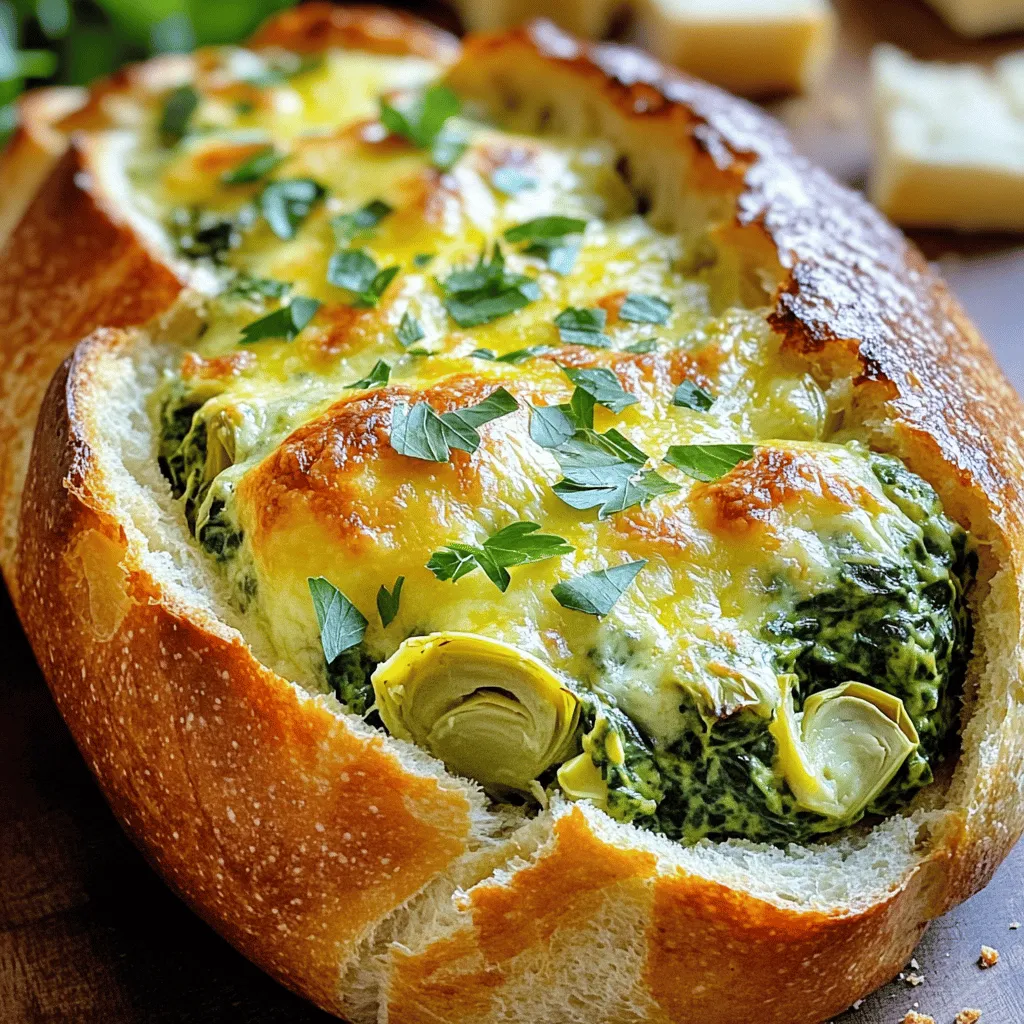 - 1 loaf of crusty bread (like sourdough or French bread) - 1 cup fresh spinach, chopped - 1 cup artichoke hearts, drained and chopped - 1 cup cream cheese, softened - ½ cup sour cream - ½ cup shredded mozzarella cheese - ½ cup grated Parmesan cheese These ingredients create a rich and creamy filling. The crusty bread serves as the perfect holder for the dip. Fresh spinach adds color and nutrients. Artichoke hearts offer a unique flavor. The blend of cream cheese, mozzarella, and Parmesan gives a great taste and texture. - 2 cloves garlic, minced - 1 teaspoon onion powder - 1 teaspoon lemon juice - Salt and pepper to taste These seasonings enhance the dip. Garlic brings a strong aroma and flavor. Onion powder adds depth. Lemon juice brightens the mix, while salt and pepper balance it out. Together, they make the dip pop with flavor. - Olive oil for brushing - Fresh parsley for garnish Brushing olive oil on the bread gives it a nice golden color. Fresh parsley adds a bright touch and enhances presentation. Both make the dish more appealing and tasty. With the right ingredients, your Spinach Artichoke Dip Stuffed Bread will impress everyone. - Preheat your oven to 375°F (190°C). This step is key to getting a crisp crust. - Slice off the top of the loaf of bread, about 1 inch thick. Use a sharp knife to make a clean cut. - Hollow out the inside of the bread. Leave about a ½-inch border around the edges. Keep the removed bread for dipping later. - In a mixing bowl, combine 1 cup of softened cream cheese and ½ cup of sour cream. Mix until smooth. This makes a creamy base for our dip. - Stir in 1 cup of chopped fresh spinach and 1 cup of drained, chopped artichoke hearts. Add ½ cup of shredded mozzarella cheese and ½ cup of grated Parmesan cheese. - Add 2 minced cloves of garlic, 1 teaspoon of onion powder, and 1 teaspoon of lemon juice. Season with salt and pepper to taste. Mix well until everything is combined. - Spoon the spinach artichoke mixture into the hollowed-out loaf. Pack it down lightly. This helps the dip stay put while baking. - Place the stuffed bread on a baking sheet. Brush the outside with olive oil for a nice golden color. - Bake the stuffed bread for about 25-30 minutes. Look for a golden brown crust and a bubbly dip. - Remove it from the oven and let it cool for a few minutes. Garnish with chopped fresh parsley before serving. The type of bread you use matters a lot. I recommend crusty breads like sourdough or French bread. These breads hold up well with the filling. You want a bread that is sturdy yet soft inside. This helps keep the dip from leaking. A good loaf gives you a nice crunch and a warm, soft center. For a creamy texture, mix your cream cheese and sour cream well. I use a hand mixer to blend them smoothly. Make sure both are at room temperature. This helps them combine easily. Add the spinach and artichokes slowly. Stir gently to keep the mix fluffy. You want it creamy, not too thick or runny. Adjust salt and pepper to taste for the best flavor. Pair your stuffed bread with a light white wine, like Sauvignon Blanc. It brings out the flavors of the dip. You can also serve it with a fresh salad. A simple green salad with lemon vinaigrette works well. For a fun twist, offer chips or veggies for dipping too. This gives everyone options and adds to the fun. {{image_2}} If you want a plant-based dip, you can swap out the cream cheese and sour cream. Use vegan cream cheese and a plant-based yogurt instead. These options give you the same creamy texture without dairy. You can also add cashew cream for richness. Blend soaked cashews with water, lemon juice, and a pinch of salt for a smooth alternative. To make your dip stand out, consider adding spices. A pinch of red pepper flakes can add heat. You can also mix in different cheeses. Try using goat cheese or feta for a tangy twist. These additions make the flavor pop and keep it exciting. Don't shy away from herbs like dill or basil. They bring a fresh taste to the mix. If you're gluten-sensitive, choose gluten-free bread. Many stores sell gluten-free options that taste great. Look for crusty bread made from rice flour or almond flour. You can also use gluten-free wraps or tortillas as a fun twist. Just fill them with the dip and bake until warm. This way, everyone can enjoy this tasty treat without worry. To keep your Spinach Artichoke Dip Stuffed Bread fresh, place it in an airtight container. If you have leftover filling, store it separately. Refrigerate both for up to three days. This method keeps the bread from getting soggy. Make sure you allow it to cool completely before storing. When you want to enjoy your leftovers, preheat your oven to 350°F (175°C). Wrap the bread in foil to keep it moist. Heat for about 15-20 minutes. This method warms the filling and keeps it creamy. If you use a microwave, do so in short bursts to avoid drying out the dip. To freeze your stuffed bread, first let it cool completely. Wrap it tightly in plastic wrap, then in foil. This keeps out air and avoids freezer burn. You can freeze it for up to three months. When ready to eat, thaw it overnight in the fridge before reheating. You can prep the filling a day before. Mix the cream cheese, sour cream, spinach, and artichokes. Store it in the fridge. Hollow out the bread a few hours before baking. This saves time on the day you plan to serve it. Just fill the bread and bake when you're ready. You can serve it with fresh veggies like carrots and celery. Chips also make a good side. Try pairing it with a light salad for a nice touch. For drinks, a crisp white wine or sparkling water goes well. Yes, you can use frozen spinach. It’s convenient and saves time. Just remember to thaw and drain it well. This helps avoid excess moisture. Fresh spinach has a brighter flavor and better texture. It’s a great choice if you have it on hand. In this blog post, we explored how to make Spinach Artichoke Dip Stuffed Bread. We covered key ingredients, step-by-step instructions, and helpful tips. You learned about variations for different diets and how to store leftovers. This dish is simple and delicious. Whether you enjoy it for a party or a quiet night, it’s a crowd-pleaser. Experiment with flavors and make it your own. Your kitchen will become a favorite spot for tasty moments.
