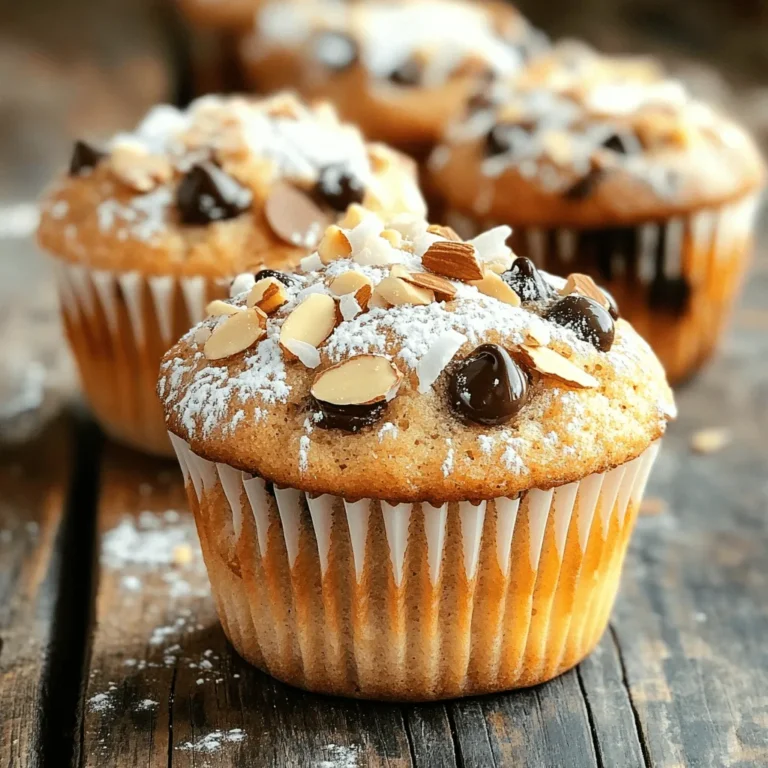To make Almond Joy Muffins, you need a simple set of ingredients. These items will create a tasty treat. Here’s your list: - 1 cup unsweetened almond milk - 1/3 cup coconut oil, melted - 1/2 cup brown sugar - 1/4 cup granulated sugar - 1 teaspoon vanilla extract - 1 1/2 cups all-purpose flour - 1 teaspoon baking powder - 1/2 teaspoon baking soda - 1/4 teaspoon salt - 1 cup shredded sweetened coconut - 1/2 cup dark chocolate chips - 1/2 cup chopped almonds (plus some for topping) Each ingredient plays a key role. The almond milk keeps the muffins moist. Coconut oil adds a rich flavor. Brown sugar gives them sweetness. The mix of flours and leavening agents helps them rise perfectly. Shredded coconut, dark chocolate, and chopped almonds bring the Almond Joy magic. You’ll love how these flavors blend in each bite. When you gather these ingredients, you set the stage for a delicious baking adventure! 1. Preheat your oven: Start by setting your oven to 350°F (175°C). This will help your muffins bake evenly. Line a muffin tin with paper liners or grease it well with cooking spray. 2. Mix the wet ingredients: In a large bowl, whisk together 1 cup of unsweetened almond milk, 1/3 cup of melted coconut oil, 1/2 cup of brown sugar, 1/4 cup of granulated sugar, and 1 teaspoon of vanilla extract. Mix until smooth and well combined. 3. Combine the dry ingredients: In another bowl, sift together 1 1/2 cups of all-purpose flour, 1 teaspoon of baking powder, 1/2 teaspoon of baking soda, and 1/4 teaspoon of salt. This step helps the muffins rise. 4. Fold in the mix-ins: Gently add 1 cup of shredded sweetened coconut, 1/2 cup of dark chocolate chips, and 1/2 cup of chopped almonds to the wet mixture. Stir until evenly distributed but do not overmix. 5. Fill the muffin cups: Use a scoop to divide the batter among the muffin cups. Fill each cup about 3/4 full. Top each muffin with extra chopped almonds for a crunchy bite. 6. Bake and cool: Place the muffin tin in the oven. Bake for 18-20 minutes. Check doneness by inserting a toothpick in the center. If it comes out clean, your muffins are ready. 7. Cool down: Once done, remove the muffins from the oven. Let them cool in the pan for about 5 minutes. Then, transfer them to a wire rack to cool completely. To make great Almond Joy Muffins, you need the right batter. Start with the wet mix. Whisk the almond milk, coconut oil, and sugars until smooth. This step builds a nice base for your muffins. Next, when mixing, be gentle. Over-mixing can make your muffins tough. Stir just until combined. You want a lumpy batter, not a smooth one. It should hold together but not be too thick. To check if your muffins are done, use a toothpick. Insert it into the center of a muffin. If it comes out clean, they are ready. They should look golden brown on top too. For serving, you can dust the muffins with powdered sugar. This adds a nice touch. Alternatively, drizzle melted chocolate on top for extra richness. Pair these muffins with coffee or tea. The warm flavors of chocolate and coconut go well with these drinks. Enjoying them warm makes the experience even better! {{image_2}} You can change up the flavors in your Almond Joy Muffins. Adding different nuts or chocolate types can make a big difference. For a crunchy twist, try using pecans or walnuts instead of almonds. If you love chocolate, swap dark chocolate chips for milk chocolate or even white chocolate. Each choice brings its unique taste. You can also bring in fruits or spices. For a fruity kick, add some chopped bananas or berries. A dash of cinnamon or nutmeg can warm up the flavor. Just remember, keep the balance right. Too much can overpower the muffin's charm. If you're looking for dairy-free options, almond milk works great. For a nut-free version, use oat milk and skip the almonds. You can still enjoy the rich flavors without the nuts. Want to cut down on sugar? You can use applesauce or mashed bananas instead of some sugar. Another option is to use stevia or monk fruit sweetener. These swaps keep your muffins tasty while making them a bit healthier. For short-term storage, keep your Almond Joy Muffins at room temperature. Place them in an airtight container. This way, they stay fresh for about three days. If you want to enjoy them longer, consider freezing. Wrap each muffin in plastic wrap. Then, place them in a freezer bag. They will stay good for up to three months. To reheat muffins, use your oven or microwave. For the oven, preheat to 350°F (175°C). Place the muffins on a baking sheet for about 5-10 minutes. This keeps them warm and fresh. If using a microwave, heat one muffin for about 10-15 seconds. Check often to avoid drying them out. Enjoy your warm muffins as a tasty treat! Yes, you can use regular milk instead of almond milk. The muffins will still taste great. However, keep in mind that almond milk adds a slight nutty flavor. If you want a dairy-free option, stick with almond milk. To make gluten-free muffins, use a gluten-free flour blend. Measure the same amount as the all-purpose flour. This swap keeps the texture light and fluffy. Always check the mix for xanthan gum, which helps with binding. Store leftover muffins in an airtight container. They last for up to three days at room temperature. If you want to keep them longer, you can freeze them. Wrap each muffin in plastic wrap and place them in a freezer bag. Absolutely! You can prepare the batter the night before. Just cover it and refrigerate. In the morning, fill the muffin cups and bake. This saves time and lets you enjoy fresh muffins quickly. These muffins are easy and fun to make. We covered all the key ingredients, steps, and tips for the perfect bake. You can even mix in your favorite flavors or modify ingredients to fit your needs. Remember to store any leftovers properly to keep them fresh. With these simple instructions, you’ll impress anyone who tries them. Enjoy making your muffins, and don’t be afraid to get creative!