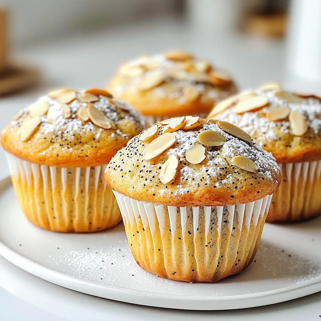 - 1 ½ cups all-purpose flour - ½ cup almond flour - ½ cup granulated sugar - 2 teaspoons baking powder - 1 teaspoon baking soda - ½ teaspoon salt - 2 tablespoons poppy seeds - 1 large egg - 1 cup buttermilk (or Greek yogurt thinned with milk) - ¼ cup vegetable oil - 1 teaspoon almond extract - ½ teaspoon vanilla extract - Sliced almonds - Powdered sugar for dusting When making Almond Poppy Seed Muffins, I focus on quality ingredients. The dry ingredients create a solid base. The all-purpose flour gives structure, while almond flour adds moisture and flavor. Granulated sugar balances the taste and helps with browning. Baking powder and baking soda provide lift, ensuring a light muffin. The salt enhances flavor and the poppy seeds add a fun crunch. For the wet mix, I use a large egg for binding. Buttermilk keeps the muffins moist and fluffy. If I need a substitute, I thin Greek yogurt with milk, which works well. Vegetable oil keeps the muffins tender. Almond extract gives a rich nutty taste, and vanilla rounds out the flavors. For extra flair, I often top my muffins with sliced almonds for texture and a sprinkle of powdered sugar for sweetness. These simple choices make a big difference in flavor and look. Preheat your oven to 375°F (190°C). Line a muffin tin with paper liners. You can also grease the tin with cooking spray. This step helps the muffins come out easily. In a large bowl, combine the following dry ingredients: - 1 ½ cups all-purpose flour - ½ cup almond flour - 1/2 cup granulated sugar - 2 teaspoons baking powder - 1 teaspoon baking soda - 1/2 teaspoon salt - 2 tablespoons poppy seeds Whisk these together until well mixed. This helps the muffins rise evenly. In a separate bowl, whisk together: - 1 large egg - 1 cup buttermilk (you can also use Greek yogurt thinned with milk) - 1/4 cup vegetable oil - 1 teaspoon almond extract - 1/2 teaspoon vanilla extract Mix these well until combined. This adds moisture and flavor to your muffins. Gently pour the wet mixture into the dry ingredients. Stir just until combined. Be careful not to overmix; a few lumps are fine. Overmixing can make your muffins tough. Divide the batter evenly among the muffin cups, filling each about 2/3 full. If you like, sprinkle sliced almonds on top for extra crunch. Bake in the oven for 18-20 minutes. Check for doneness by inserting a toothpick into the center. It should come out clean. Once baked, remove the muffins from the oven. Let them cool in the tin for about 5 minutes. Then, transfer them to a wire rack to cool completely. If you want, dust the muffins with powdered sugar before serving. Enjoy your delicious almond poppy seed muffins! To make great muffins, avoid overmixing. Overmixing your batter makes muffins tough. Mix just until the dry and wet ingredients blend. It is okay to see a few lumps. This keeps your muffins light and fluffy. Want to boost flavor? Add almond extract and vanilla extract for depth. You can also use spices like cinnamon or nutmeg. A little zest from an orange or lemon can brighten the taste. These small changes can create exciting new flavors. Baking temperature is key. Preheat your oven to 375°F (190°C). This ensures even baking. Check your muffins after 18 minutes. Insert a toothpick in the center. If it comes out clean, they are ready. If not, bake for a few more minutes. Watch closely to avoid overbaking. {{image_2}} You can change the flavor of these muffins easily. Add citrus zest for a bright taste. Lemon or orange zest really makes a difference. Just one teaspoon adds a fresh twist. You can also swap almond extract for other extracts. Try coconut or vanilla for unique flavors. Each change gives the muffins a new character. Want to make these muffins healthier? Use whole wheat flour instead of all-purpose flour. This adds fiber and makes them heartier. You can also use honey instead of sugar. Honey adds natural sweetness and moisture. Just use a bit less honey than sugar. These swaps make your muffins tasty and better for you. Making nut-free muffins is easy. Simply skip the almond flour and sliced almonds. You can use more all-purpose flour instead. This keeps the muffins soft and fluffy. Always check your other ingredients too. Some oils or extracts may contain nuts. Look for allergen-friendly labels to be safe. To keep your almond poppy seed muffins fresh, store them in an airtight container. This helps lock in moisture. Place a paper towel at the bottom to absorb extra moisture. Avoid direct sunlight or heat, as this can dry them out. They will last for about three days at room temperature. You can freeze these muffins for longer storage. First, let the muffins cool completely. Then, wrap each muffin in plastic wrap. Place the wrapped muffins in a freezer bag or container. Label the bag with the date. They can stay in the freezer for up to three months. When you want one, just take it out and let it thaw at room temperature. To reheat muffins, the oven works best. Preheat your oven to 350°F (175°C). Place the muffins on a baking sheet. Heat them for about 10 minutes, or until warm. You can also use a microwave. Heat each muffin for 15 to 20 seconds. This keeps them soft and tasty. Enjoy them fresh for breakfast or a snack! Yes, you can use regular yogurt as a substitute for buttermilk. To do this, thin the yogurt with a little milk. Mix one tablespoon of milk for each cup of yogurt. This will give you a similar texture and tang. Buttermilk adds moisture and flavor, making your muffins soft. Using yogurt works well, too. It may even add a slight creaminess. Check your muffins by inserting a toothpick into the center. If it comes out clean, they are ready. You can also look for a golden brown color on top. The edges should pull away slightly from the muffin tin. The muffins should feel springy to the touch. If they sink in the middle, they need more time. Absolutely! To make mini muffins, adjust your baking time. Fill each mini muffin cup about halfway with batter. Bake for 10 to 12 minutes. Keep an eye on them since they cook faster than regular-sized muffins. The toothpick test still applies here, so check for doneness. You can enhance your muffins with fun additions. Consider adding fruits like blueberries or raspberries. Chopped nuts or chocolate chips also work great. For a spice kick, try cinnamon or nutmeg. You can even add citrus zest for a fresh twist. Just be mindful not to overfill the batter to keep the muffins light and fluffy. This blog post covered how to make tasty muffins from start to finish. We discussed dry and wet ingredients and optional toppings. You learned step-by-step instructions, tips for perfect muffins, and various flavor options. Storing and reheating muffins ensures they stay fresh too. Now, you can confidently bake delicious muffins at home. Experiment with flavors and toppings to make them your own. Happy baking!