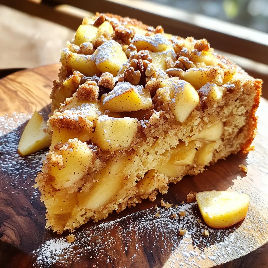 - 2 cups all-purpose flour - 1 cup granulated sugar - 1/2 cup unsalted butter, softened - 1 cup buttermilk - 2 large eggs - 1 tablespoon baking powder - 1 teaspoon vanilla extract - 1 teaspoon ground cinnamon - 1/2 teaspoon salt - 2 cups apples, peeled and diced (such as Granny Smith) - 1/2 cup brown sugar - 1 teaspoon ground cinnamon (for topping) - 1/2 cup chopped walnuts or pecans (optional) For this apple cinnamon coffee cake, you'll need basic pantry items. Start with all-purpose flour for the cake's base. Sugar adds sweetness, while softened butter gives it a rich taste. Buttermilk makes it moist and fluffy. The eggs bind everything together. Baking powder is key for that lovely rise. You will also need a touch of vanilla extract for flavor. Ground cinnamon and salt enhance the taste and balance the sweetness. The star of the show is the apples, which should be peeled and diced. I recommend Granny Smith apples for their tartness. Lastly, for an extra sweet touch, brown sugar and more cinnamon create a delicious topping. If you like, add walnuts or pecans for crunch. Each ingredient plays a role in making this cake delightful. First, set your oven to 350°F (175°C). This is the perfect temperature for baking. Next, take a 9x13 inch baking pan and grease it well. You can use butter or non-stick spray. This helps the cake come out easily. In a medium bowl, mix together 2 cups of all-purpose flour, 1 tablespoon of baking powder, 1 teaspoon of ground cinnamon, and 1/2 teaspoon of salt. Whisk them together until they blend well. This mix adds flavor to your cake. In a large mixing bowl, cream together 1/2 cup of softened unsalted butter and 1 cup of granulated sugar. Use a hand mixer or stand mixer. Beat them for about 3-4 minutes. It should look light and fluffy. This step adds air to the mix, making the cake soft. Add 2 large eggs to the butter and sugar mix. Beat in one egg at a time. Then, pour in 1 teaspoon of vanilla extract. Mix until everything is combined well. This adds richness and flavor to your cake. Now, gradually add the dry mixture to the butter mixture. Alternate this with 1 cup of buttermilk. Start and end with the flour mix. Stir until just combined. Be careful not to overmix; this keeps the cake tender. Gently fold in 2 cups of peeled and diced apples. You can also add 1/2 cup of chopped walnuts or pecans if you like. This brings a nice texture and flavor to your cake. Make sure the apples are evenly mixed in. Pour half of the batter into the prepared pan. Spread it evenly. Next, sprinkle half of the brown sugar and cinnamon mixture on top. Then, add the rest of the batter and top with the remaining brown sugar mix. This creates a sweet layer in the cake. Bake the cake in the preheated oven for about 45-50 minutes. Check if it’s done by inserting a toothpick in the center. If it comes out clean, the cake is ready. Let it cool in the pan for about 10 minutes. After that, move it to a wire rack to cool completely. This helps the cake set and makes it easier to cut. To get the best texture, do not over-mix your batter. When you mix too much, the cake can become tough. Mix until you just see the dry flour disappear. This keeps your cake soft and light. Use apples that are firm and tart. I recommend Granny Smith apples. They add a nice balance to the sweetness. Other good choices are Honeycrisp or Fuji apples. These apples keep their shape and flavor when baked. Serve your coffee cake warm. You can dust it with powdered sugar for a sweet touch. Pair it with a scoop of vanilla ice cream or whipped cream. This adds a creamy contrast to the warm cake. Enjoy each slice with a hot cup of coffee for the best experience! {{image_2}} To make a gluten-free version, use a gluten-free flour blend. Look for a blend that contains xanthan gum. This helps mimic the texture of regular flour. Substitute 2 cups of all-purpose flour with the blend. The rest of the ingredients stay the same. Check your baking powder to ensure it’s gluten-free. This option is great for those who need it. For a vegan coffee cake, you can swap eggs and dairy. Use 1/4 cup unsweetened applesauce in place of each egg. For the buttermilk, mix 1 cup of plant milk with 1 tablespoon of vinegar. Let it sit for five minutes. This creates a similar taste and texture. Use coconut oil or vegan butter instead of regular butter for a dairy-free treat. To boost flavors, add a pinch of nutmeg or ginger. You can also mix in 1/2 cup of raisins or dried cranberries. For crunch, try adding 1/2 cup of chopped pecans or almonds. If you love chocolate, fold in 1/2 cup of mini chocolate chips. These tweaks can make your cake unique and tasty! To keep your coffee cake fresh, first let it cool completely. Then, wrap it tightly in plastic wrap or foil. You can also store it in an airtight container. This helps prevent it from drying out. If you want to save it for later, freeze the cake. Cut it into slices for easy access. Wrap each slice in plastic wrap, then place them in a freezer bag. Label the bag with the date. This way, you can enjoy your cake for up to three months. When you're ready to enjoy your leftover cake, you can reheat it easily. For the best results, use an oven. Preheat your oven to 350°F (175°C). Place the cake on a baking sheet and cover it with foil. Heat for about 10-15 minutes. This warms the cake without making it dry. If you’re in a hurry, you can use the microwave. Place a slice on a microwave-safe plate. Heat it for 15-20 seconds. This method is quick but might make the cake a bit soft. Enjoy it warm for the best taste! Yes, you can use whole wheat flour or gluten-free flour. Both can work well. Just keep in mind that whole wheat will add a nutty taste. Gluten-free flour blends may change the texture a bit. Adjust the liquid in your mix as needed to get the right consistency. To lower the sweetness, cut back on the granulated sugar. Try using half a cup instead of one cup. You can also reduce the brown sugar topping. Adding tart apples can balance the sweetness too. Absolutely! You can swap walnuts or pecans for almonds or hazelnuts. If you prefer, you can leave the nuts out altogether. The cake will still taste great without them. The cake stays fresh for about three days at room temperature. To keep it longer, store it in the fridge for up to a week. You can also freeze it for up to three months. Just wrap it tightly to prevent freezer burn. In this blog post, we explored how to make a delicious coffee cake. We went over the key ingredients, step-by-step instructions, and helpful tips for the best results. I shared ways to adapt the recipe for gluten-free or vegan diets. Remember, choosing the right apples and avoiding over-mixing can make a big difference. Store leftovers properly and enjoy them later. Now you have all the tools to bake this delightful treat. Enjoy making your coffee cake and sharing it with others!