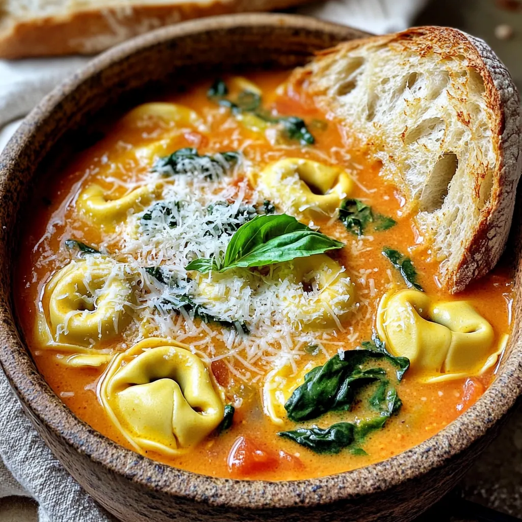 To make this soup, gather these key ingredients: - 2 cans (14.5 oz each) diced tomatoes, undrained - 4 cups vegetable broth - 1 cup heavy cream (or coconut milk for a lighter option) - 1 carrot, diced - 1 celery stalk, diced - 1 small onion, chopped - 3 cloves garlic, minced - 1 teaspoon dried basil - 1 teaspoon dried oregano - 1/2 teaspoon red pepper flakes (adjust to taste) - Salt and pepper to taste - 12 oz cheese tortellini (fresh or frozen) - 1 cup spinach, chopped - Grated Parmesan cheese and fresh basil for serving These ingredients create a creamy, rich flavor. The tomatoes give a nice base. The tortellini adds heartiness. Garlic, onion, and herbs bring out the best taste. Want a healthier soup? Swap heavy cream for coconut milk. Coconut milk makes it lighter and adds a sweet touch. You can also skip the cheese tortellini. Try using whole grain or gluten-free pasta instead. Adding more veggies like zucchini or bell peppers can also boost nutrients. When serving, think about toppings! Grated Parmesan cheese is a must for flavor. Fresh basil adds a pop of color and taste. You can even drizzle a bit of cream on top. For a cozy feel, serve the soup in rustic bread bowls. This adds warmth to your meal and looks great! To start, gather all your ingredients. In your slow cooker, mix the diced tomatoes and vegetable broth. Then, pour in the heavy cream or coconut milk. Next, add the diced carrot, diced celery, chopped onion, and minced garlic. Sprinkle in the dried basil, dried oregano, and red pepper flakes. Finally, season with salt and pepper to taste. Stir everything until well combined. You can cook this soup on low for about 5 hours or on high for 3 hours. Cooking on low gives the flavors more time to meld. If you're short on time, the high setting works well too. Just remember, both methods yield a rich and creamy soup. Once the cooking time is up, it’s time to add the star ingredients. Stir in the cheese tortellini and chopped spinach. Gently mix to avoid breaking the tortellini. Cover the cooker again and let it cook on high for an additional 30 minutes. This ensures the tortellini is tender and the spinach is bright and fresh. Before serving, taste the soup and adjust the seasonings if needed. To get a rich and creamy soup, use heavy cream. If you want a lighter option, coconut milk works well too. Always add the cream near the end of cooking. This keeps it from curdling. Mixing it in before serving gives a velvety finish. If you like a thicker soup, blend a cup of the soup and mix it back in. This adds body without extra ingredients. To amp up the flavor, consider adding fresh herbs. Chopped basil or parsley can brighten the dish. You can also toss in a bay leaf while cooking. Just remember to take it out before serving. For more spice, add extra red pepper flakes. A squeeze of lemon juice at the end adds freshness too. If you enjoy a savory taste, try a splash of soy sauce or Worcestershire sauce. One mistake is cooking the tortellini too long. They cook in just 30 minutes on high. Adding them too early makes them mushy. Another issue is not seasoning properly. Taste the soup before serving, and adjust the salt and pepper. Avoid using low-quality canned tomatoes; they can affect the soup's flavor. Lastly, don’t skip the fresh toppings. They can elevate the dish and make it beautiful. {{image_2}} You can easily make this soup vegetarian. Just use vegetable broth and skip the cheese. For a vegan option, swap heavy cream for coconut milk. This keeps the soup creamy and rich. You can also add more veggies like zucchini or bell peppers. They boost flavor and nutrition. Tortellini comes in many varieties. Cheese tortellini is a classic choice. You can also try spinach or mushroom tortellini for added flavor. Fresh tortellini cooks faster, while frozen tortellini is great for convenience. Adjust cooking times if you use a different type. Want to change the flavor? Try adding fresh herbs. Basil and parsley work well in this soup. You can also experiment with spices. For a spicy kick, add more red pepper flakes or try a pinch of smoked paprika. Each option brings a new twist to your creamy tomato tortellini soup. To keep your soup fresh, first let it cool down. Pour the soup into an airtight container. Make sure to seal it tightly. Store it in the fridge. It should stay good for about three to four days. If you want to keep it longer, freezing is a great option. When you want to eat your leftovers, heat them on the stove. Pour the soup into a pot over medium heat. Stir often to avoid burning. You can also use a microwave. Place the soup in a microwave-safe bowl. Cover it loosely and heat for about two minutes. Stir halfway through to ensure even heating. Freezing is a smart way to save time. To freeze, use a freezer-safe container. Leave about an inch of space at the top for expansion. The soup can last up to three months in the freezer. When you're ready to eat, thaw it in the fridge overnight. Then, reheat as mentioned earlier. Enjoy a warm bowl of soup anytime! Yes, you can use fresh tomatoes. For best results, use about 2 pounds of ripe tomatoes. Chop them and remove the seeds. Fresh tomatoes may need more cooking time. They will add a bright, fresh flavor to the soup. To make this soup gluten-free, choose gluten-free tortellini. Many brands offer gluten-free options made from rice or corn. Always check the labels to ensure no gluten is present in the other ingredients. Absolutely! This soup is perfect for making ahead. Prepare the soup and store it in the fridge for up to three days. Just reheat it on the stove or in the slow cooker before serving. You can use coconut milk for a lighter option. It gives a creamy texture without dairy. For a lower-fat choice, use whole milk or a blend of milk and Greek yogurt. These options keep the soup rich and flavorful. This blog post covered everything for making creamy tomato tortellini soup in a slow cooker. You learned about essential ingredients, cooking steps, and clever tips for a perfect finish. We explored ways to customize your soup and store leftovers. As you try this recipe, keep experimenting with different flavors and ingredients. Enjoy this warm soup with family and friends. Happy cooking!