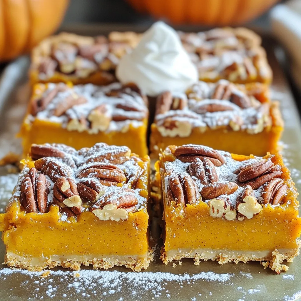 To make these tasty bars, you need a few key ingredients. Here’s what you will need: - 1 cup all-purpose flour - 1/2 cup unsalted butter, melted - 1/4 cup granulated sugar - 1/2 teaspoon salt - 1 cup pumpkin puree - 1/2 cup brown sugar, packed - 2 large eggs - 1 teaspoon vanilla extract - 1 teaspoon ground cinnamon - 1/2 teaspoon ground nutmeg - 1/4 teaspoon ground ginger - 1/4 cup heavy cream - 1 cup pecans, roughly chopped Accurate measurements matter for great results. Use a dry measuring cup for the flour and sugar. When measuring the butter, melt it first for easy pouring. For the pumpkin puree, make sure it’s pure and not pie filling. Pack the brown sugar into the cup tightly. This ensures you get the right sweetness. You can boost the flavor of your bars with some optional ingredients. Here are a few ideas: - A pinch of ground cloves for warmth - A splash of maple syrup for extra sweetness - Chocolate chips for a sweet twist - Sea salt on top for contrast Feel free to mix and match these options. They can make your bars even more special! First, set your oven to 350°F (175°C). This temperature works great for baking. Next, take an 8x8-inch baking pan and line it with parchment paper. Leave some paper hanging over the edges. This helps you lift the bars out later. In a medium bowl, mix the following ingredients: - 1 cup all-purpose flour - 1/2 cup unsalted butter, melted - 1/4 cup granulated sugar - 1/2 teaspoon salt Stir these until they look crumbly. Press this mixture evenly into the bottom of your prepared baking pan. Bake it for 15 minutes or until it turns lightly golden. This crust will be the base of your bars. In a large bowl, whisk together: - 1 cup pumpkin puree - 1/2 cup brown sugar, packed - 2 large eggs - 1 teaspoon vanilla extract - 1 teaspoon ground cinnamon - 1/2 teaspoon ground nutmeg - 1/4 teaspoon ground ginger - 1/4 cup heavy cream Mix until everything is smooth. This filling has a great fall flavor and will make your bars delicious. Now, take 1 cup of roughly chopped pecans. Gently fold them into the pumpkin mixture. This adds a nice texture and crunch. Make sure the pecans are evenly mixed in. Pour the pumpkin-pecan filling over the crust. Use a spatula to spread it evenly. Bake the bars for 25 to 30 minutes. They are done when the filling is set. You can check this by inserting a toothpick in the center. If it comes out clean, they are ready. Let the bars cool completely in the pan on a wire rack. Once cool, lift them out using the parchment overhang. Cut them into squares with a sharp knife. These bars are now ready to enjoy! To keep your crust crisp, always pre-bake it. This step cooks the base before adding the filling. After mixing the crust ingredients, press it firmly into the pan. Bake it for 15 minutes. Watch it closely. Look for a light golden color. If it browns too much, it can taste bitter. Make sure the crust cools slightly before adding the pumpkin filling. For a smooth filling, blend your ingredients well. Start with the pumpkin puree and brown sugar. Use a whisk to mix in eggs, vanilla, and spices. This helps break up any lumps. The heavy cream adds richness and a silky texture. When mixing, don’t overdo it. Just until smooth is enough. Over-mixing can add air, which changes the texture. Presentation matters. Cut the bars into neat squares for serving. Dust them with powdered sugar for a sweet touch. You can add a dollop of whipped cream on the side. A sprinkle of chopped pecans on top adds crunch. This makes the dish look inviting and festive. Use a nice plate to elevate your dessert experience. {{image_2}} You can easily make these bars gluten-free. Just swap the all-purpose flour for a gluten-free blend. Look for one that has a good mix of starches and flours. This will keep the bars soft and tasty. Make sure to check if your other ingredients, like the baking powder, are also gluten-free. If you're looking for a vegan option, you can replace the eggs. Use flax eggs instead. To make one flax egg, mix one tablespoon of ground flaxseed with three tablespoons of water. Let it sit for a few minutes to thicken. You can also use coconut cream in place of heavy cream for a rich texture. These changes will keep the flavor while making it plant-based. You can spice up your pumpkin pecan pie bars with more flavors. Try adding a pinch of allspice or cardamom for a warm twist. You can also add a splash of maple syrup or almond extract for a unique taste. These small changes can really bring out the fall vibes in your dish. Experiment and find your favorite blend. After you enjoy your pumpkin pecan pie bars, store leftovers in an airtight container. Make sure they are completely cool before covering them. This helps keep the bars fresh. They can last in the fridge for up to five days. If you want to enjoy them later, freezing is a great option. To freeze your pumpkin pecan pie bars, first cut them into squares. Wrap each square tightly with plastic wrap. Then, place them in a freezer-safe bag or container. Label the bag with the date. These bars can stay good in the freezer for up to three months. This way, you can enjoy a taste of fall even in summer! When it’s time to eat your frozen bars, take them out of the freezer. Let them thaw in the fridge overnight. If you want them warm, preheat your oven to 350°F (175°C). Place the bars on a baking sheet and heat for about 10 minutes. You can also use a microwave for quick reheating. Just heat each square for 15 to 20 seconds. Enjoy them warm with a dollop of whipped cream! Yes, you can. If you want a gluten-free option, use almond flour instead of all-purpose flour. For a dairy-free version, replace unsalted butter with coconut oil and heavy cream with a plant-based cream. If you don’t have brown sugar, you can use white sugar with a bit of molasses to mimic the flavor. Check the bars after 25 minutes. Insert a toothpick into the center. If it comes out clean, the bars are done. The filling should be set, and the edges will be slightly golden. If it’s still wet, bake for a few more minutes and check again. These bars are great on their own, but you can enhance them. Serve with whipped cream for a creamy touch. A scoop of vanilla ice cream pairs well too. You can also add a sprinkle of cinnamon or chopped pecans on top for extra flavor and crunch. Yes, making these bars ahead is easy. You can bake them up to two days in advance. Store them in the fridge. Just remember to let them cool completely before slicing. This will help keep the bars fresh and tasty. In this article, we covered how to make delicious Pumpkin Pecan Pie Bars. We discussed the key ingredients needed, the step-by-step instructions for baking, and tips to improve your results. I also shared variations for gluten-free and vegan options, plus storage tips to keep your bars fresh. Enjoy these tasty treats with friends and family. Feel free to experiment with flavors! You now have all you need to create a perfect dessert. Happy baking!