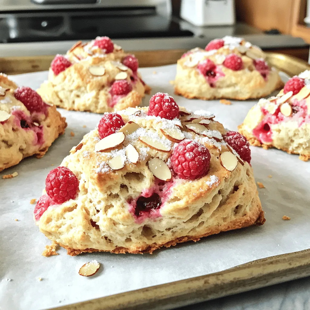 - 2 cups all-purpose flour - 1/3 cup granulated sugar - 1 tablespoon baking powder - 1/2 teaspoon salt - 1/2 cup unsalted butter, cold and cubed - 1/2 cup heavy cream - 1 large egg - 1 teaspoon almond extract - 1 cup fresh or frozen raspberries - 1/4 cup sliced almonds - 1 tablespoon coarse sugar for topping (optional) When making bakery style raspberry almond scones, the right ingredients are key. First, you need all-purpose flour. It gives the scones their structure. Granulated sugar adds just the right amount of sweetness. Baking powder helps the scones rise, while salt enhances all the flavors. Next, use cold unsalted butter. Cold butter creates flaky layers. Heavy cream adds richness, making the scones tender. The large egg helps bind everything together. Now, for that lovely almond flavor, you will add almond extract. It pairs well with the raspberries. Speaking of raspberries, you can use either fresh or frozen ones in this recipe. Lastly, sliced almonds add a nice crunch. Sprinkle coarse sugar on top for sweetness and texture. Each ingredient plays a big role in making your scones delicious. 1. Preheat your oven to 400°F (200°C). This is key for a perfect bake. 2. Line a baking sheet with parchment paper. This helps prevent sticking. 3. In a large mixing bowl, whisk together the dry ingredients: - 2 cups all-purpose flour - 1/3 cup granulated sugar - 1 tablespoon baking powder - 1/2 teaspoon salt 4. Add the cubed cold butter to the flour mixture. Use your fingers or a pastry cutter. Mix until it looks like coarse crumbs. It should feel grainy. 1. In a separate bowl, whisk together the wet ingredients: - 1/2 cup heavy cream - 1 large egg - 1 teaspoon almond extract 2. Make sure they are well blended. This helps the flavor spread. 1. Pour the wet mix into the dry mix. Use a spatula to combine gently. Stop mixing when you see no dry flour. 2. Gently fold in the raspberries and sliced almonds. Be careful not to break the raspberries too much. You want them whole for texture. 3. Turn the dough onto a floured surface. Pat it into a circle that is about 1 inch thick. 4. Cut the circle into 8 wedges. Place them on the prepared baking sheet. 1. Brush the tops with a bit of heavy cream. This makes them golden. 2. Sprinkle with coarse sugar and extra sliced almonds. This adds a nice crunch. 3. Bake for 18-20 minutes. Look for a light golden color on top. 4. Let them cool slightly on the baking sheet before moving them to a wire rack. This keeps them soft. To make great scones, start with cold ingredients. Cold butter helps create a flaky texture. When you cut the butter into the flour, it should stay in small pieces. This forms pockets while baking. The pockets create that light, airy bite. Next, avoid overmixing the dough. Mix just until the ingredients come together. Overmixing makes the scones tough. You want a soft, crumbly dough that holds its shape. Gently fold in the raspberries and almonds. Be careful not to crush the raspberries too much. Scones are best served warm. Enjoy them with a dollop of whipped cream or jam. Raspberry jam pairs nicely with the almond flavor. Try a bit of lemon curd for a zesty kick. Pair your scones with drinks like tea or coffee. A warm cup of tea enhances the sweet taste of the scones. Coffee brings out the nutty flavor of almonds. When serving scones, arrange them on a pretty plate. You can serve them in a basket lined with a cloth. This gives a cozy look to your table. For decoration, sprinkle some extra sliced almonds on top. Add a dusting of powdered sugar for a sweet touch. A few fresh raspberries can also brighten your plate. These little details make your scones stand out! {{image_2}} You can easily switch out raspberries for other fruits. Blueberries, diced strawberries, or even chopped apples work great. Use what you have on hand. This keeps your scones fresh and exciting. Incorporating different extracts can also change the scone's flavor. Try vanilla or lemon extract for a new twist. Each option adds its unique taste profile. Experiment and find your favorite! If you need gluten-free options, use a gluten-free flour blend. Many blends work well in scones. They give you the same great texture. Just be sure to check the label for best results. For those avoiding dairy, substitute heavy cream with almond or oat milk. You can also use coconut cream. These swaps still keep the scones rich and tasty. Adding chocolate chips or different nuts makes scones even more fun. Dark or white chocolate pairs nicely with raspberries. Walnuts or pecans add a nice crunch. You can also experiment with spices like cinnamon. A pinch of nutmeg adds warmth and depth. Mix and match to create your perfect scone flavor! To keep your scones fresh, place them in an airtight container. They stay good at room temperature for up to two days. For longer storage, you can freeze them. Wrap each scone in plastic wrap, then put them in a freezer bag. They will stay fresh for about three months in the freezer. Tips for Freezing Scones: - Make sure scones are completely cool before wrapping. - Label your bags with the date for easy tracking. - To enjoy later, take out the scones and let them thaw at room temperature. Reheating scones is easy. You want to keep them soft and warm. Preheat your oven to 350°F (175°C). Place the scones on a baking sheet. Heat them for about 5 to 10 minutes. You can also use a microwave if you're in a hurry. Just warm them for 15 to 20 seconds. Best Practices for Reheating: - Avoid reheating in the microwave for too long; it can make them tough. - For a crispy top, use the oven method. - If scones feel too dry, add a little butter before warming. You can use whole milk or half-and-half. Both options will keep the scones moist. If you want a thicker texture, add a little butter to the milk. You can also try coconut cream for a dairy-free option. Each choice will give a slightly different taste but still work well. Yes, frozen raspberries work great! Just make sure to let them thaw first. Drain any extra juice to avoid soggy scones. Frozen berries may break apart more than fresh ones. This is okay; it will still taste delicious. Look for a light golden color on top. The sides should also feel firm. You can gently press the top; it should bounce back. If you see any wet dough, give them a few more minutes. Absolutely! You can make the dough a day in advance. Just wrap it well and store it in the fridge. When ready to bake, shape the dough and bake straight from the fridge. This saves time and makes fresh scones easy! You now have a clear plan for making delicious scones. We covered the ingredients you'll need, from flour to raspberries, and walked through each step in detail. Remember, cold ingredients give you that perfect texture. Don’t be afraid to get creative with flavors and toppings. Enjoy your fresh scones with cream or jam, and impress your friends with your baking skills! Follow these tips, and you'll make scones everyone loves.