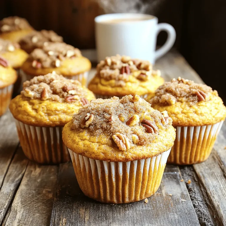 - 1 ½ cups all-purpose flour - 1 tsp baking powder - 1 tsp baking soda - 1 tsp ground cinnamon - ½ tsp ground nutmeg - ¼ tsp ground ginger - ¼ tsp salt - ¾ cup granulated sugar - ½ cup brown sugar, packed - ½ cup unsalted butter, softened - 2 large eggs - 1 cup canned pure pumpkin puree - 1 tsp vanilla extract - ½ cup chopped pecans (optional) - Topping ingredients: - ½ cup brown sugar - 2 tbsp all-purpose flour - 1 tsp ground cinnamon - 1 tbsp unsalted butter, melted To make these pumpkin spice coffee cake muffins, you need simple ingredients. The base is made from all-purpose flour, baking powder, and baking soda. Spices like cinnamon, nutmeg, and ginger give them that warm fall flavor. You’ll also mix in both granulated and brown sugar for sweetness. The butter adds richness, while eggs help bind everything. Canned pumpkin puree is key. It gives moisture and that lovely pumpkin taste. If you want a little crunch, add chopped pecans. They are optional but highly recommended! For the topping, you’ll use more brown sugar, flour, and cinnamon mixed with melted butter. This creates a crumbly layer on top, adding extra flavor and texture. Gather these ingredients, and you’re ready to bake! 1. Preheat the oven and prepare the muffin tin: Heat your oven to 350°F (175°C). Line a muffin tin with paper liners or grease it with cooking spray. This step makes sure your muffins do not stick. 2. Mix dry ingredients in a bowl: In a large bowl, whisk together 1 ½ cups of all-purpose flour, 1 teaspoon of baking powder, 1 teaspoon of baking soda, 1 teaspoon of ground cinnamon, ½ teaspoon of ground nutmeg, ¼ teaspoon of ground ginger, and ¼ teaspoon of salt. This mix adds flavor and helps muffins rise. 3. Cream butter and sugars together: In another bowl, cream together ½ cup of softened unsalted butter, ¾ cup of granulated sugar, and ½ cup of packed brown sugar. Mix until light and fluffy. This takes about 3-4 minutes. Creaming adds air, making your muffins soft. 1. Beat eggs and add pumpkin puree: Now, beat in 2 large eggs one at a time. Then add 1 cup of canned pure pumpkin puree and 1 teaspoon of vanilla extract. Mix until everything is well combined. The pumpkin makes the muffins moist and gives them that fall flavor. 2. Merge wet and dry mixtures, fold in pecans: Gradually add the dry mixture to the wet mixture. Stir gently until just combined. Be careful not to overmix. If you want, fold in ½ cup of chopped pecans for a nice crunch. 1. Prepare the crumb topping: In a small bowl, mix together ½ cup of brown sugar, 2 tablespoons of all-purpose flour, 1 teaspoon of ground cinnamon, and 1 tablespoon of melted butter. Stir until it looks crumbly. This topping adds sweetness and texture to your muffins. 2. Fill muffin cups and add topping: Spoon the batter into the prepared muffin tin, filling each cup about two-thirds full. Sprinkle a generous amount of the crumb topping over the batter in each cup. This creates a lovely crunch on top. 3. Bake muffins and check for doneness: Bake in the preheated oven for 20-25 minutes. Check for doneness by inserting a toothpick in the center of a muffin. If it comes out clean, they are done. Let the muffins cool in the pan for 5 minutes before moving them to a wire rack. To make great muffins, avoid overmixing. When you mix the wet and dry ingredients, stir just until they come together. This keeps your muffins light and fluffy. If you mix too much, they can turn out dense. Properly measuring flour is key. Use a spoon to scoop flour into your measuring cup. Then, level it off with a knife. This gives you the right amount of flour. Too much flour can make the muffins dry. For a lovely presentation, serve your muffins warm. Drizzle some icing on top or dust them with powdered sugar. Both options add a nice touch. Pair these muffins with a hot cup of coffee or tea. The warm drinks will bring out the pumpkin spice flavor. This makes a perfect brunch treat or afternoon snack. To achieve the perfect texture, watch your baking time. Keep an eye on your muffins in the oven. They should be golden brown and a toothpick should come out clean. Storing muffins for freshness is easy. Let them cool completely before putting them in an airtight container. This keeps them soft for a few days. If you want them to last longer, freeze them. Just wrap each muffin well before freezing. {{image_2}} You can easily change ingredients in this recipe. If you need gluten-free muffins, swap all-purpose flour for a gluten-free blend. Look for a mix that includes xanthan gum to help with texture. For a vegan version, replace the eggs with flax eggs. Mix one tablespoon of flaxseed meal with three tablespoons of water. Let it sit for five minutes to thicken. Use coconut oil instead of butter for a dairy-free option. Want to add a twist? Toss in some chocolate chips for a sweet touch. Dark chocolate chips work great with pumpkin flavor. You can also add dried fruit like raisins or cranberries for a fruity burst. Nuts bring a lovely crunch. Substitute pecans with walnuts or almonds. For extra spice, try adding a pinch of cardamom or allspice. Each choice brings a new flavor to your muffins. Make these muffins festive by adding cranberries for a holiday version. The tartness of cranberries pairs well with pumpkin spice. For a Halloween treat, use candy corn as a fun topping. You can also change up the spices based on the season. In spring, try a lemon zest twist. It brightens the flavor while keeping the pumpkin base. Each season brings new ideas for these tasty muffins. To keep your pumpkin spice coffee cake muffins fresh, store them at room temperature. Place them in an airtight container. This helps keep them soft and moist. If you have some left after a few days, consider refrigeration. Wrap each muffin in plastic wrap before putting them in the fridge. This adds extra protection from drying out. If you want to save muffins for later, freezing is a great option. First, let the muffins cool completely. Then, wrap each muffin tightly in plastic wrap. Place them in a freezer-safe bag or container. Be sure to remove as much air as possible. This prevents freezer burn. To thaw the muffins, take one out and leave it at room temperature for about an hour. If you're in a hurry, you can microwave it for about 15 seconds. For a warm treat, reheat in the oven at 350°F for 5-10 minutes. When stored at room temperature, your muffins will last about 2-3 days. In the fridge, they can stay fresh for up to a week. If you freeze them, they can last for about 3 months. Just remember, the sooner you eat them, the better they will taste! Can I use fresh pumpkin instead of canned? Yes, you can use fresh pumpkin. Just cook and puree it first. This gives a fresh taste and texture. Use the same amount as the canned pumpkin. How can I make these muffins dairy-free? To make these muffins dairy-free, swap the unsalted butter for a dairy-free alternative. You can use coconut oil or vegan butter. Make sure to check the labels for dairy content. Is it possible to make these muffins in advance? Absolutely! You can bake them a day ahead. Store them in an airtight container at room temperature. They will still taste great the next day. What if my muffins are undercooked? If your muffins are undercooked, return them to the oven. Bake for an extra 2-5 minutes. Keep checking with a toothpick. It should come out clean when they are done. How do I know when the muffins are done baking? You know your muffins are done when a toothpick inserted in the center comes out clean. They should also be golden brown on top. Can I substitute the brown sugar with another sweetener? Yes, you can use white sugar or coconut sugar. However, brown sugar adds moisture and flavor. Use the same amount for the best results. What's the purpose of using different types of spices? Different spices add depth to the flavor. Cinnamon gives warmth, nutmeg adds a nutty taste, and ginger brings a hint of spice. Together, they create the classic pumpkin spice flavor. You have learned to make tasty pumpkin spice muffins with simple steps and useful tips. We covered all the key ingredients and the correct baking process. Remember the importance of accurate measuring and avoiding overmixing. You can also customize these muffins to fit your tastes. Whether you want to freeze them or serve them fresh, these tips will ensure they stay delicious. Now, enjoy baking and share your muffins with friends or family!