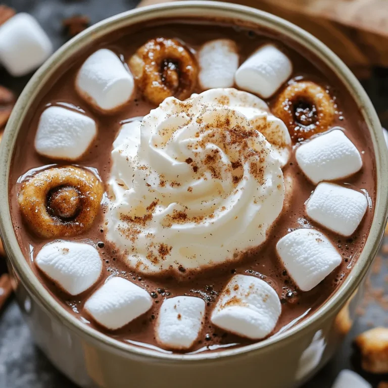 - 4 cups whole milk - 1 cup heavy cream - 1/2 cup sugar - 1/2 cup unsweetened cocoa powder - 1 teaspoon vanilla extract - 1 teaspoon ground cinnamon - 1/2 teaspoon nutmeg - 1 cup mini marshmallows - 4 cinnamon rolls, cut into small pieces - Whipped cream for topping - Extra cinnamon and sugar for garnish This recipe for Slow Cooker Cinnamon Roll Hot Chocolate needs simple, tasty ingredients. Let’s break it down step by step. First, you need four cups of whole milk. This gives your drink a rich, creamy base. Next, one cup of heavy cream adds extra smoothness. Together, they create a warm hug in a mug. You will also need half a cup of sugar. This sweetens the hot chocolate just right. Add half a cup of unsweetened cocoa powder for that deep chocolate flavor. Next, one teaspoon of vanilla extract enhances the overall taste. Ground cinnamon and nutmeg, one teaspoon and half a teaspoon, respectively, bring holiday warmth to the drink. For a touch of fun, use one cup of mini marshmallows. They melt beautifully and add a lovely texture. Then, chop four cinnamon rolls into small pieces. They will add a delightful twist. Finally, finish your drink with whipped cream on top. A sprinkle of cinnamon and sugar makes it look pretty and tastes even better. First, grab your slow cooker. Pour in 4 cups of whole milk and 1 cup of heavy cream. This mix makes your hot chocolate creamy and rich. Next, take a bowl and whisk in 1/2 cup of sugar and 1/2 cup of unsweetened cocoa powder. This will sweeten and flavor your drink. Now, add 1 teaspoon of vanilla extract, 1 teaspoon of ground cinnamon, and 1/2 teaspoon of nutmeg. Whisk everything together until smooth. Now it’s time for fun! Add 1 cup of mini marshmallows into your mixture. These fluffy treats will melt and create a cozy texture. Then, chop 4 cinnamon rolls into small pieces. Fold them gently into your hot chocolate mix. This will give you tasty bites in every sip! Cover your slow cooker and set it to low heat. Cook for 2 hours, stirring every once in a while. This helps all the flavors blend well. After 2 hours, check the hot chocolate's thickness. If it seems too thick, add a splash more milk to make it perfect. Once it's just right, ladle your hot chocolate into mugs. Finish with a generous scoop of whipped cream on top. For a sweet touch, sprinkle a mix of cinnamon and sugar over everything. Enjoy your warm drink! To adjust sweetness, taste your hot chocolate before serving. If it is not sweet enough, add more sugar, a tablespoon at a time. For creaminess, if your hot chocolate is thick, just whisk in more whole milk until you reach the right texture. When whisking, use a large whisk to mix well. This helps blend the cocoa and sugar into the milk. Whisk in a circular motion to avoid clumps. You can also whisk gently when you add the mini marshmallows and cinnamon rolls. This keeps them whole and fluffy. For mugs, choose clear glass ones to show off the layers. You can add a sprinkle of cinnamon or sugar on the whipped cream. This gives a nice touch. Serve it with a cinnamon roll on the side for a sweet treat. Pair this hot chocolate with cookies or brownies. The rich drink goes well with light desserts too. Think about serving it with fruit tarts or cakes. These options will delight your guests and make the treat even more special. {{image_2}} You can enhance your hot chocolate with flavored extracts. Try adding a splash of almond or caramel extract. Both options bring a new twist to your drink. They add depth and sweetness that you will love. Another fun option is to change the milk. Whole milk is creamy and rich, but you can use dairy-free milk too. Almond milk, oat milk, or coconut milk all work well. Each type gives a unique taste, so experiment to find your favorite! While whipped cream is a classic topping, there are other great choices. You might try marshmallow fluff, chocolate shavings, or crushed graham crackers. Each adds a fun texture and flavor to your drink. Flavored syrups can also take your hot chocolate up a notch. Consider using caramel syrup or chocolate syrup for extra sweetness. Sprinkles are another fun touch. They add color and playfulness, making your drink feel festive! To store leftover hot chocolate, let it cool first. Pour the hot chocolate into an airtight container. Seal it well to keep out air and moisture. Place it in the fridge. It stays good for about three days. Before serving, always check for any strange smells or changes in texture. For the best taste, reheat hot chocolate on the stove. Pour it into a pot and warm it over low heat. Stir it gently as it heats up. This helps keep the flavors smooth. If you prefer the microwave, use a microwave-safe mug. Heat it in short bursts of 30 seconds. Stir in between to avoid hot spots. Always check the temperature before drinking. Enjoy your cozy treat! Slow Cooker Cinnamon Roll Hot Chocolate is a warm drink that mixes rich cocoa with cinnamon rolls. The hot chocolate is creamy and sweet, perfect for cold days. You make it in a slow cooker, which makes it easy and hands-off. The mini marshmallows add a fun, fluffy texture. Each sip brings the taste of soft cinnamon rolls, making it special and cozy. Yes, you can make this drink vegan. To do this, swap the whole milk and heavy cream for almond, soy, or oat milk. Use a dairy-free whipped cream for topping. You can also choose a plant-based sugar if you prefer. These simple swaps keep the flavor while making the drink vegan-friendly. You can store leftover hot chocolate in the fridge for up to three days. Make sure to keep it in an airtight container to keep it fresh. When you want to enjoy it again, just reheat it on the stove or in the microwave. If it seems too thick, add a splash of milk to bring back its creaminess. This blog post covered how to make Slow Cooker Cinnamon Roll Hot Chocolate. You learned about the key ingredients, like whole milk, heavy cream, and mini marshmallows. I shared steps for mixing and cooking, along with tips for perfecting your drink. Remember to try different flavors and toppings to make it your own. Store any leftovers in the fridge and reheat them carefully. Enjoy your delicious hot chocolate and impress your friends with this cozy treat!