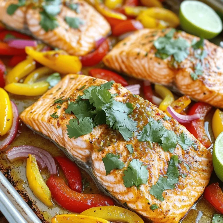 - 4 salmon fillets (about 6 oz each) - 2 bell peppers (one red and one yellow), sliced - 1 medium red onion, sliced - 3 tablespoons olive oil - 2 tablespoons fajita seasoning (store-bought or homemade) - 1 lime (zested and juiced) - Fresh cilantro, chopped (for garnish) - Lime wedges (for serving) Each ingredient plays a key role in this dish. The salmon fillets bring rich flavor and healthy fats. Bell peppers add sweetness and crunch. Red onion gives a nice bite that balances the meal. For the marinade, olive oil keeps everything moist. Fajita seasoning packs a punch with spices. Lime adds brightness, making the dish pop. Lastly, fresh cilantro adds a fresh note. Lime wedges give a tangy kick when served. Together, these ingredients create a vibrant and tasty sheet pan meal. Enjoy! 1. Preheat the oven and prepare the baking sheet Set your oven to 400°F (200°C). Line a large baking sheet with parchment paper. This makes cleanup easy. 2. Whisk together marinade ingredients In a small bowl, mix 3 tablespoons of olive oil, the juice and zest of 1 lime, 2 tablespoons of fajita seasoning, salt, and pepper. Whisk until smooth. 1. Position salmon and vegetables on the baking sheet Place 4 salmon fillets skin-side down on one side of the baking sheet. In another bowl, mix sliced bell peppers and red onion. Drizzle half of the marinade over them and toss to coat. 2. Drizzle marinade over salmon and veggies Spread the seasoned veggies on the other side of the baking sheet. Pour the rest of the marinade over the salmon fillets. 1. Bake salmon and vegetables Put the baking sheet in the oven. Bake for 15-20 minutes. The salmon should flake easily with a fork, and the veggies should be tender. 2. Monitor cooking time for perfect doneness Keep an eye on the salmon as it cooks. If it’s firm and flakes easily, it’s done. Enjoy the wonderful aroma as it bakes! To know when your salmon is done, look for a few signs. The fish should turn from bright pink to a pale, opaque color. You can also poke it gently with a fork. If it flakes easily, it is ready. The best cooking temperature for salmon is 145°F (63°C). Using a food thermometer can help you check this easily. For extra flavor, consider adding spices like cumin or paprika. Fresh herbs like parsley or dill also work well. If you don't have fajita seasoning, you can mix chili powder, garlic powder, and onion powder for a quick substitute. This will give you a similar taste without the store-bought mix. Pair your fajita salmon with sides like rice or quinoa. You can also serve it with fresh avocado or a simple salad. For plating, place a salmon fillet on a plate with a good scoop of veggies next to it. Garnish with chopped cilantro and lime wedges. This makes your dish look colorful and appetizing. {{image_2}} You can change the fish if you wish. Try using tilapia or cod instead of salmon. Both fish taste great with the fajita seasoning. You can also use shrimp for a fun twist. When it comes to veggies, the options are endless. You can swap bell peppers for zucchini or broccoli. Carrots and snap peas also add nice colors and flavors. You can make this dish mild or spicy. Use a mild fajita seasoning for less heat. If you want more spice, add chili flakes or jalapeños. They will bring a nice kick to the meal. Feel free to adjust the spice levels to suit your taste. This way, everyone at the table can enjoy it. An air fryer works great for this recipe. Set it to 400°F and cook for about 10 to 15 minutes. Check the salmon for doneness just like in the oven method. You can also grill the salmon and veggies. Place them on a grill pan or directly on the grill. Cook them over medium heat. This method adds a smoky flavor that is hard to beat. To store leftover sheet pan fajita salmon, first let it cool down. Place the salmon and veggies in an airtight container. You can refrigerate it for up to three days. If you want to keep it longer, freeze it. Wrap each salmon fillet tightly in plastic wrap. Then, place them in a freezer-safe bag. This helps prevent freezer burn and keeps them fresh. You can reheat your leftovers in two ways: the oven or microwave. For the oven, preheat it to 350°F (175°C). Place the salmon and veggies on a baking sheet. Heat for about 10-15 minutes. This keeps the salmon flaky and the veggies tender. If you use the microwave, put the food on a microwave-safe plate. Heat in short bursts, about 30 seconds at a time. This helps maintain the texture and flavor. In the fridge, your dish lasts up to three days. After that, the quality and taste may change. Signs of spoilage include a sour smell or a slimy texture. If you see any of these signs, it's best to throw it away. Keeping an eye on your food helps ensure you enjoy it at its best! You can tell if the salmon is done by checking its color and texture. Perfectly cooked salmon turns a light pink and flakes easily when you gently press it with a fork. The flesh should not be translucent. If you see white albumin on the surface, it means the fish is overcooked. Aim to bake the salmon for 15 to 20 minutes at 400°F (200°C) for best results. Yes, you can use frozen salmon. First, thaw the salmon in the fridge overnight or use the microwave for a quick thaw. If you add frozen salmon directly to the sheet pan, increase the baking time by a few minutes. Just make sure to check for doneness by using the same color and texture cues as fresh salmon. This dish pairs well with many sides. Here are some great ideas: - Cilantro lime rice - Quinoa salad - Black beans - Roasted corn - Fresh guacamole - Tortillas for wraps These options will enhance your meal and add to the fiesta vibe! This article covered the delicious sheet pan fajita salmon recipe. We explored the key ingredients, marinade, and garnishing that make it pop. I shared step-by-step instructions to ensure your cooking success. You learned tips for perfecting salmon and creative variations to suit your taste. Final thoughts: Enjoy experimenting with flavors and make this dish your own. Happy cooking!