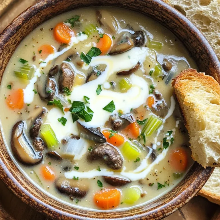 To make a delicious creamy wild mushroom soup in a slow cooker, gather these ingredients: - 1 pound mixed wild mushrooms (shiitake, oyster, cremini) - 1 medium onion, diced - 3 cloves garlic, minced - 1 large carrot, diced - 1 celery stalk, diced - 4 cups vegetable broth - 1 cup heavy cream or coconut cream - 2 tablespoons olive oil - 1 teaspoon dried thyme - 1 teaspoon dried rosemary - Salt and pepper to taste - Fresh parsley, chopped (for garnish) Each ingredient plays a key role in the flavor and texture of the soup. The wild mushrooms provide an earthy taste that shines through. Onions, garlic, carrots, and celery add depth and richness. The vegetable broth serves as a base, making it hearty. Heavy cream or coconut cream adds that creamy texture we all love. Olive oil brings out the flavors when you sauté the vegetables. Thyme and rosemary contribute aromatic notes that make the soup comforting. Finally, salt and pepper balance everything. Don't forget the fresh parsley on top for color and freshness. Gathering these ingredients is the first step to creating a warm, inviting dish. Enjoy the process, and get ready for a delicious meal! Start by cleaning the wild mushrooms. Use a damp cloth to wipe them. Make sure to slice them into thin pieces. Next, dice the onion, carrot, and celery into small bits. Finally, mince the garlic cloves. This prep helps build flavors. Heat olive oil in a skillet over medium heat. Once the oil is warm, add the diced onion, carrot, and celery. Sauté these for about five minutes. You want the onion to turn translucent. Then, add the minced garlic and cook for one more minute. This brings out the best aromas. Now, transfer the sautéed veggies to your slow cooker. Add the sliced mushrooms and pour in the vegetable broth. Sprinkle in the dried thyme and rosemary. Stir everything together well. This mix is the heart of your soup. Cover the slow cooker and set it to cook. If you choose low, let it go for six to eight hours. For high, cook it for about four hours. You want the veggies to be nice and tender by the end. Once the cooking time is up, grab an immersion blender. Blend the soup until it is smooth and creamy. If you like some chunkiness, hold back a few mushrooms before blending. Stir them back in after. This adds great texture. Now it's time to make it rich and creamy. Stir in the heavy cream or coconut cream. Season with salt and pepper to your taste. Allow the soup to heat through for another ten to fifteen minutes. This is when the flavors come alive! To get a creamy texture, blend the soup well. An immersion blender works great. If you like it chunkier, save some mushrooms. Stir them back in after blending. This gives you a nice mix of smooth and chunky. You can add more herbs like basil or thyme. A pinch of nutmeg also gives a nice warmth. For toppings, consider croutons or a swirl of extra cream. These add texture and flavor. For best results, use the low setting. It allows the flavors to meld well. Make sure to cover the slow cooker tightly. This keeps moisture in and helps cook evenly. If you are short on time, use the high setting for faster cooking. Just keep an eye on it to avoid overcooking. {{image_2}} You can make this soup dairy-free by using coconut cream instead of heavy cream. Coconut cream adds a rich, sweet flavor. It blends well with the earthy taste of mushrooms. Simply replace the heavy cream with one cup of coconut cream at the end of cooking. This swap keeps your soup creamy and delicious without dairy. Want to make this soup more filling? You can add cooked chicken or tofu. Cooked chicken adds a nice flavor and texture. Simply shred or chop the chicken and stir it in before serving. For a vegan option, use cubed tofu. Add it in the last 15 minutes of cooking. This helps it soak up the soup's flavors. You can adjust the vegetables based on what's in season. In spring, try adding fresh peas or asparagus for a bright twist. In fall, sweet potatoes or butternut squash work well too. Using seasonal herbs can also enhance the flavor. For example, try fresh basil in summer or sage in winter. These small changes keep your soup lively and fresh throughout the year. You can store your creamy wild mushroom soup in the fridge for about 3 to 4 days. To keep it fresh, place the soup in an airtight container. This helps prevent any odors from other foods. Let the soup cool down before sealing the container. This step makes sure moisture does not form inside. To freeze the soup, first allow it to cool completely. Then, ladle the soup into freezer-safe containers. Leave some space at the top of each container. This space allows the soup to expand when frozen. Label each container with the date. When you want to eat it, move the container to the fridge overnight to thaw. For a quick thaw, you can use the microwave. When reheating, the best method is to use the stove. Pour the soup into a pot. Heat it on medium-low, stirring often. This helps the soup heat evenly without burning. If you want to use the microwave, place the soup in a microwave-safe bowl. Heat it in short bursts, stirring in between. This method keeps the soup creamy and full of flavor. Yes, you can use dried mushrooms. They add a deep flavor to the soup. Soak them in hot water for about 20 minutes before using. This rehydrates them and makes them soft. Drain and chop them before adding to the slow cooker. To reheat leftover soup, pour it into a pot. Heat it on low to medium heat. Stir often to avoid burning. You can also use a microwave, but heat in short bursts. Stir in between to make sure it warms evenly. Absolutely! This soup is already vegetarian since it uses vegetable broth. If you want to make it vegan, simply use coconut cream instead of heavy cream. This keeps it rich and creamy while being plant-based. To add spice, incorporate red pepper flakes or cayenne pepper. Start with a small amount, like 1/4 teaspoon. Taste the soup and adjust as needed. You can also add a splash of hot sauce for an extra kick. Some great side dishes are crusty bread, a fresh salad, or cheese toast. A warm baguette pairs nicely for dipping. You might also enjoy a light, green salad to balance the richness of the soup. Mushrooms are fully cooked when they are soft and tender. If they have shrunk and released their moisture, they are ready. After the cooking time, blend the soup to ensure a creamy texture. The mushrooms will be perfectly cooked at that point. This blog post covered a simple and tasty mushroom soup. We looked at the key ingredients, like mixed wild mushrooms and creamy broth. I shared step-by-step instructions, tips to enhance flavors, and variations like adding chicken or seasonal veggies. In the end, you hold the power to create a soup that warms your heart. Enjoy making it your own!