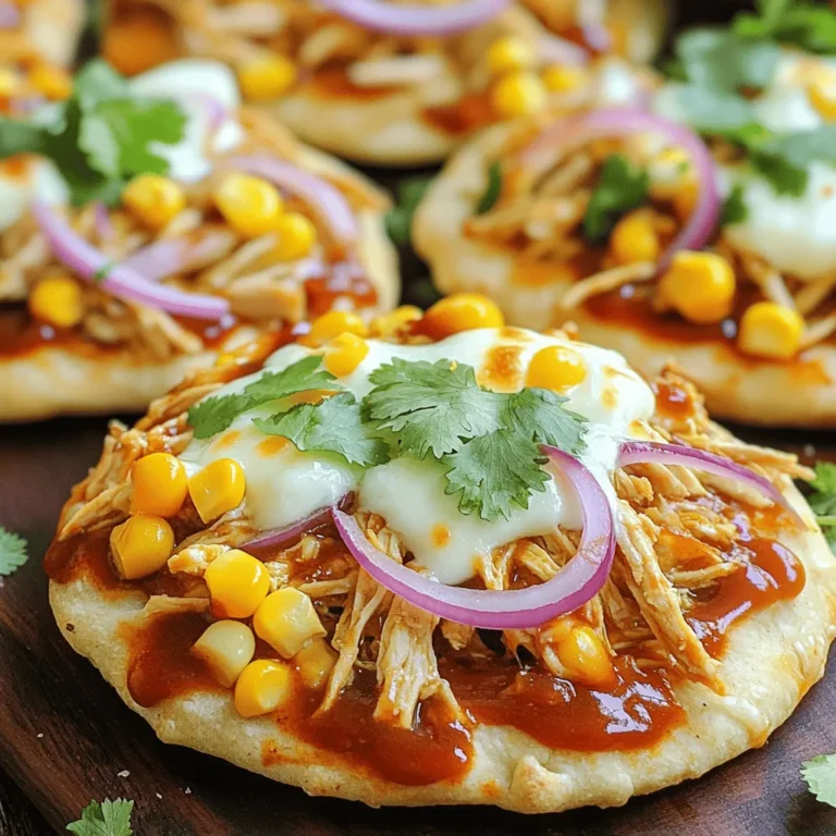 - 2 boneless, skinless chicken breasts - 1 cup BBQ sauce - 4 flatbreads - 1 cup shredded mozzarella cheese - 1/2 red onion, thinly sliced - 1/2 cup corn - 1/4 cup fresh cilantro, chopped - 1 teaspoon smoked paprika - Salt and pepper to taste - Olive oil spray When making Air Fryer BBQ Chicken Flatbreads, the right ingredients make all the difference. I love using boneless, skinless chicken breasts for their tender texture. They soak up the BBQ sauce well, giving you that sweet and smoky flavor. You’ll need your favorite BBQ sauce. I usually go for a tangy one with a bit of spice. Use four flatbreads as your base. They hold everything together and cook quickly in the air fryer. For toppings, I recommend shredded mozzarella cheese. It melts beautifully and adds creaminess. The red onion gives a nice crunch and flavor. Corn adds a sweet pop, while fresh cilantro brightens the dish. For seasoning, I use smoked paprika, salt, and pepper. They give the chicken a nice kick. A light spray of olive oil helps everything crisp up in the air fryer. Together, these ingredients create a tasty meal that is easy to make and fun to eat! To start, I season the chicken breasts with smoked paprika, salt, and pepper. This adds great flavor. Make sure to rub the seasoning all over the chicken. Next, I place the chicken in the air fryer basket. I set the air fryer to 375°F (190°C). I cook the chicken for 10-12 minutes. At the halfway mark, I flip the chicken to ensure even cooking. I know it’s done when the juices run clear. Once the chicken is cooked, I take it out and let it cool for a few minutes. I use two forks to shred the chicken into bite-sized pieces. This makes it easy to mix with the sauce. In a bowl, I combine the shredded chicken with 1/2 cup of BBQ sauce. I mix it well until all the chicken is coated. This step makes the chicken juicy and full of flavor. For the flatbreads, I lay them out on a clean surface. I spread about 2 tablespoons of BBQ sauce on each flatbread. This adds a nice base flavor. Now, I evenly distribute the BBQ chicken mixture over the flatbreads. Then, I sprinkle shredded mozzarella cheese, sliced red onion, and corn on top. This creates a colorful and tasty meal. Before cooking, I lightly spray the air fryer basket with olive oil. I place the flatbreads in the basket, making sure not to overcrowd. I air fry them at 375°F (190°C) for 5-7 minutes. I know they are ready when the cheese is melted and bubbly. After cooking, I remove the flatbreads and sprinkle them with chopped cilantro. This adds freshness and a pop of color. - Ensuring the chicken is cooked through To cook the chicken perfectly, set your air fryer to 375°F (190°C). Cook the chicken breasts for 10-12 minutes. Flip them halfway to ensure even cooking. Always check that the juices run clear. This means the chicken is done and safe to eat. - Achieving the perfect cheese melt For the best cheese melt, add mozzarella on top of the flatbreads right before air frying. Spray the air fryer basket lightly with olive oil to help the cheese melt nicely. Air fry for 5-7 minutes. You want the cheese to be bubbly and golden. - Best side dishes to pair with flatbreads Serve these flatbreads with a fresh salad. A simple green salad or coleslaw works well. You can also add some sweet potato fries for a fun twist. These sides balance the flavors nicely. - Garnishing options for enhanced flavor Fresh cilantro adds a nice touch. You can also sprinkle some red pepper flakes for heat. A drizzle of extra BBQ sauce gives a nice finish, too. Get creative with your garnishes to add more flavor. - Overcooking the flatbreads Keep an eye on your flatbreads while they cook. Overcooking can make them too crispy or hard. Aim for that perfect golden brown color. - Choosing the wrong BBQ sauce Not all BBQ sauces are the same. Some are too sweet, while others are very tangy. Pick a sauce that you love. Taste it first to know how it will change the dish. {{image_2}} You can switch up the proteins in this dish. If you love pulled pork, use it instead of chicken. Tofu is a great choice for a meatless option. For cheese, try different flavors. Cheddar or pepper jack can give your flatbreads a new taste. Each cheese adds its own fun twist. Want some heat? Make spicy BBQ chicken flatbreads by adding hot sauce to the BBQ mix. You can also sprinkle red pepper flakes for more spice. If you crave something different, try Mediterranean-style flatbreads. Use hummus as a base, add grilled veggies, and sprinkle feta cheese. This will give your flatbreads a fresh twist. For gluten-free options, look for flatbreads made from almond flour or cauliflower. These choices allow everyone to enjoy this meal. If you want a vegan version, use plant-based chicken substitutes. You can also swap out cheese for a cashew or nut-based cheese. These adjustments let you enjoy this dish while sticking to your diet. To keep your flatbreads fresh, place them in an airtight container. Store them in the refrigerator. This keeps them tasty for about three days. If you want to keep them longer, freezing is a great option. Wrap each flatbread tightly in plastic wrap. Then, place them in a freezer bag. They can last up to three months in the freezer. To reheat your flatbreads, the air fryer works best. Set it to 350°F (175°C). Heat the flatbreads for about 5 minutes. This keeps them crispy and delicious. You can also use a regular oven. Heat it to 350°F (175°C) and bake for 10 minutes. Avoid the microwave, as it can make them soggy. Cooked flatbreads can last in the fridge for up to three days. If you freeze them, they can stay good for about three months. Always check for signs of spoilage before eating. Look for any off smells or mold. If you see any, throw them away. Safety first! It takes about 10-12 minutes to cook chicken in an air fryer. Set the temperature to 375°F (190°C). Flip the chicken halfway for even cooking. Always check that the juices run clear before serving. Yes, you can use various flatbreads. Pita bread, naan, or even tortillas work well. Just make sure they are sturdy enough to hold the toppings. You can use several sauces instead of BBQ sauce. Try buffalo sauce for a spicy kick or a honey-mustard mix for a sweet twist. You can also make a homemade sauce using ketchup, vinegar, and spices. Yes, you can prep the chicken and toppings in advance. Store them separately in the fridge. Assemble and cook the flatbreads when you're ready to eat. This saves time and keeps everything fresh. To keep the flatbreads crispy, avoid adding too much sauce. Use a light layer on each flatbread. Also, cook them right before serving. If you need to store them, place them in a single layer. You can make delicious BBQ chicken flatbreads with simple steps. We covered key ingredients, like chicken, sauce, and cheese. I shared how to prepare, cook, and assemble each flatbread. Tips helped you avoid common mistakes and get the best flavor. You even learned about storage and fun variations. Now it’s time to enjoy your tasty creation. Use these steps, customize your toppings, and share them with friends. Happy cooking!