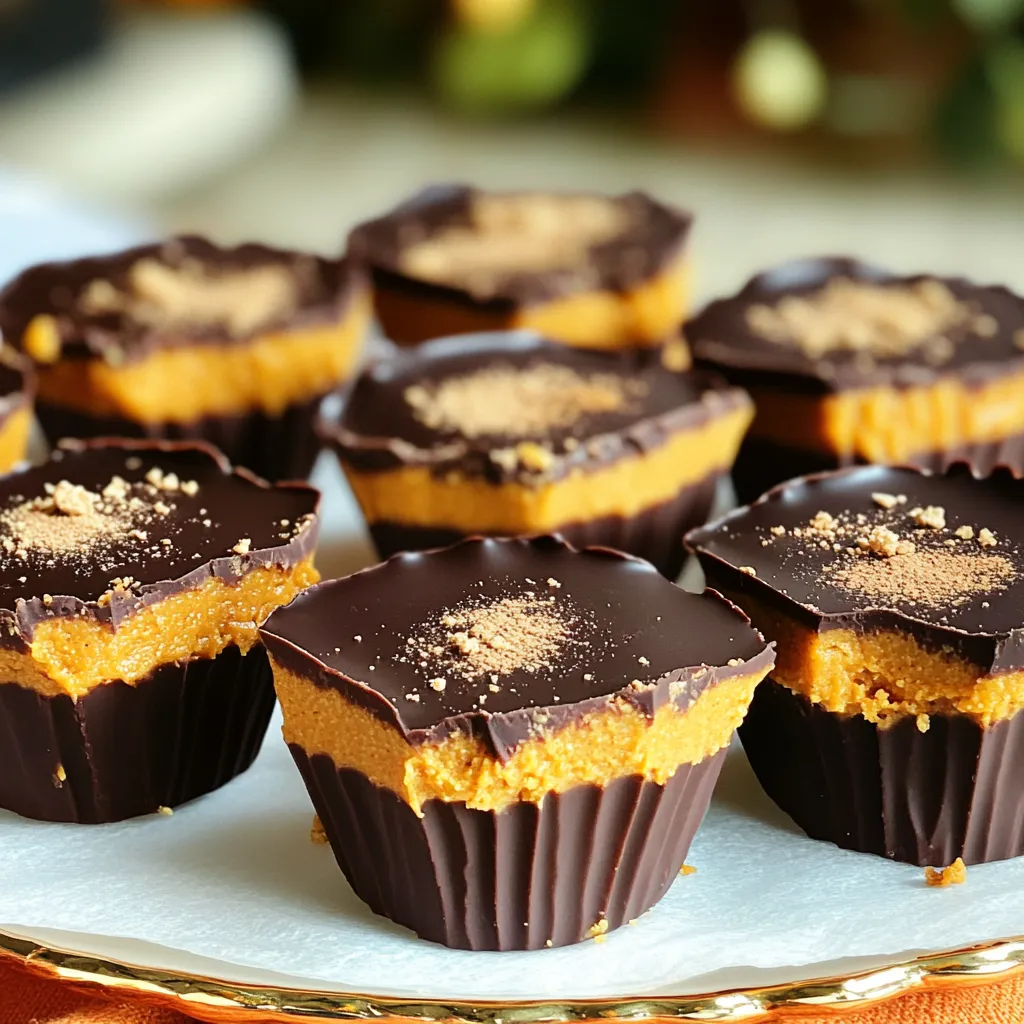 - 1 cup creamy peanut butter - 1/2 cup canned pumpkin puree - 1/4 cup maple syrup (or honey) - 1 teaspoon vanilla extract - 1 teaspoon pumpkin spice - 1/4 teaspoon sea salt - 1 cup graham cracker crumbs - 1/2 cup dark chocolate chips - 1 tablespoon coconut oil - Dairy-free chocolate chips - Additional spices (cinnamon, nutmeg, ginger) I love this recipe because it uses simple and tasty ingredients. The creamy peanut butter gives a rich base. Canned pumpkin puree adds a nice fall flavor and a creamy texture. Maple syrup sweetens it up, but you can swap it with honey if you like. The vanilla extract enhances all the flavors. Pumpkin spice brings warmth and is a must-have for fall. A touch of sea salt balances the sweetness perfectly. Graham cracker crumbs give a nice crunch and help the mixture hold together. For the chocolate layer, I use dark chocolate chips because they melt well. Coconut oil helps the chocolate stay smooth. If you want a dairy-free option, use dairy-free chocolate chips. You can also add more spices like cinnamon, nutmeg, or ginger for extra flavor. This recipe is flexible. Feel free to mix and match these ingredients based on what you have. You can even use different nut butters. Just remember, the key is to enjoy the process and have fun! Start by gathering your ingredients. In a medium bowl, mix together the creamy peanut butter, canned pumpkin puree, and maple syrup. Add in the vanilla extract, pumpkin spice, and sea salt. Stir until the mixture is smooth and creamy. Then, fold in the graham cracker crumbs. This step is key. The crumbs give the mixture a nice texture and help it hold together. Next, line a muffin tin with cupcake liners. This makes it easy to remove the cups later. Scoop the peanut butter pumpkin mixture into each liner. Fill them about three-quarters full. Press down a little to make a flat surface. This ensures a nice, even shape for your cups. In a microwave-safe bowl, combine the dark chocolate chips and coconut oil. Heat this mixture in the microwave. Do it in 30-second bursts. Stir between each burst. Keep going until it’s smooth and melted. Be careful not to overheat it. You want it silky, not burnt. Now, pour the melted chocolate over each cup. Fill them to the top for a rich, chocolatey layer. Tap the muffin tin gently on the counter. This helps get rid of air bubbles. Then, place the tin in the refrigerator. Let it chill for at least one to two hours. This step is crucial. You want the chocolate to set completely. Once set, take the cups out and peel off the liners. Enjoy your no-bake peanut butter pumpkin cups! To make great peanut butter pumpkin cups, you need the right mix. Start by blending creamy peanut butter, canned pumpkin puree, maple syrup, vanilla, pumpkin spice, and sea salt. Mix until it is smooth. You want it thick enough to hold together. Stir in the graham cracker crumbs slowly. This adds crunch and helps the cups set. If it feels too runny, add more graham cracker crumbs. If it’s too thick, a splash of pumpkin puree can help. Melting chocolate is key. Use a microwave-safe bowl to melt your dark chocolate chips with coconut oil. Start with 30 seconds in the microwave. After each time, stir the chocolate. This helps it melt evenly and prevents burning. If it still feels lumpy, heat for another 15 seconds at a time. Remember, you want a smooth, shiny finish for your chocolate layer. Presentation makes food more fun! Once your cups are set, take them out of the muffin tin. Arrange them on a nice platter. You can sprinkle crushed graham crackers on top for texture. A light dusting of pumpkin spice adds a nice touch, too. This gives your cups a festive look, perfect for any fall gathering. Feel free to let your creativity shine! {{image_2}} You can switch up the nut butters in this recipe. If you want a new taste, try almond or cashew butter. Each nut butter brings its unique flavor. Almond butter offers a nutty and creamy taste. Cashew butter is rich and smooth. Both options mix well with pumpkin and chocolate. To make this recipe a bit healthier, consider using different sweeteners. Instead of maple syrup, you could use agave nectar or honey. Both add sweetness without the strong flavor of maple. For the graham crackers, you can try crushed oats or nut flour. These options keep the texture while cutting down on refined carbs. This recipe is perfect for fall, but you can add other seasonal flavors. Try mixing in some apple puree for a fruity twist. You can also add a little caramel sauce on top for extra sweetness. These additions give the cups a new depth of flavor. Enjoy experimenting with these ideas to make your own special treats! Store your leftover peanut butter pumpkin cups in airtight containers. They stay fresh in the fridge for the best taste. Use glass or plastic containers with lids. Make sure the cups are cool before sealing them. This prevents moisture from ruining their texture. Yes, you can freeze the cups! Wrap each cup in plastic wrap or foil. Place them in a freezer-safe bag or container. This helps keep them fresh for longer. When you want to enjoy them, let them thaw in the fridge overnight. These tasty treats last about one week in the fridge. After that, they may lose flavor and texture. Keep an eye on them and enjoy them while they are fresh! Yes, you can use natural peanut butter. Natural peanut butter has fewer additives. It may be less sweet than regular peanut butter. This can change the taste of the cups slightly. Stir well before use, as natural peanut butter tends to separate. If you don’t have maple syrup, try honey or agave syrup. Both options add sweetness. You can also use brown sugar mixed with a little water. This will give you a similar flavor. Adjust the amount based on your taste. Check the chocolate after every 30 seconds in the microwave. It should look smooth and shiny. Stir it well to mix all parts together. If there are small lumps, keep microwaving in short bursts. Avoid overheating to prevent burning. Yes, you can make this recipe vegan. Use maple syrup instead of honey. Choose dairy-free chocolate chips. Check the graham crackers for dairy. Many brands offer vegan options. These swaps keep the flavor while fitting a vegan diet. These cups can be gluten-free. Use gluten-free graham crackers instead of regular ones. Many brands offer gluten-free options. Always check the labels to avoid hidden gluten. This way, everyone can enjoy these delicious cups! This blog post shared a simple and tasty recipe for peanut butter pumpkin cups. We covered each ingredient, the steps to make them, and tips for the best results. You learned how to make these treats unique with flavors and alternatives. Storing and freezing options help keep them fresh. I hope this recipe excites you to start creating. Enjoy your dessert and have fun experimenting with flavors!