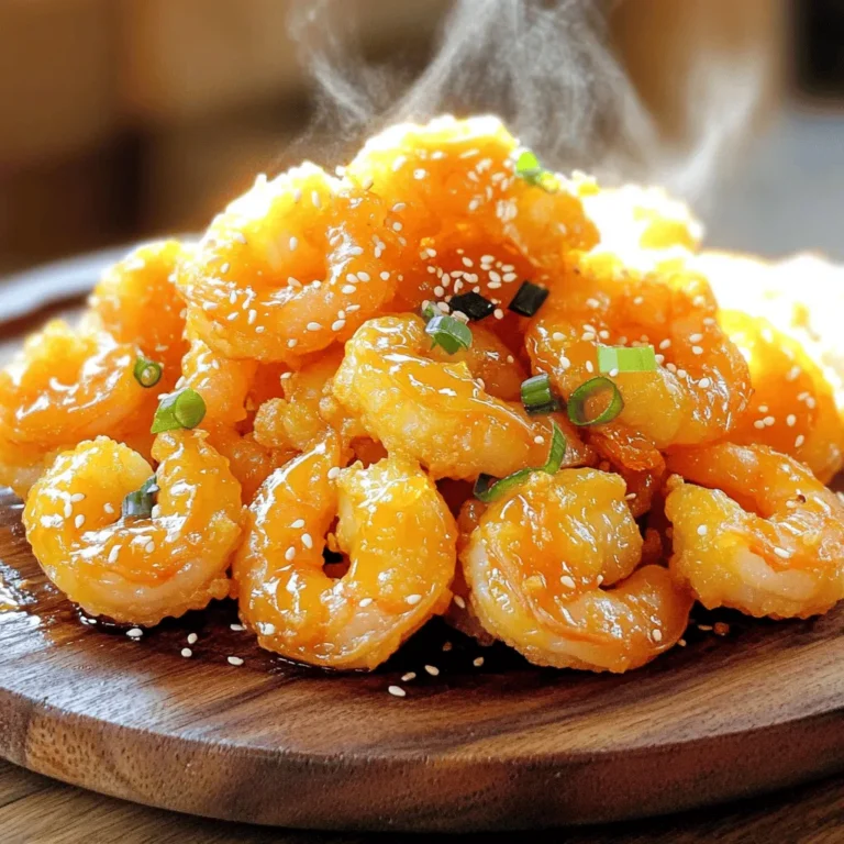 - 1 pound large shrimp, peeled and deveined - 1/2 cup cornstarch - 1/2 cup all-purpose flour - 1 teaspoon baking powder - 1/2 teaspoon salt - 1/2 teaspoon black pepper - 1 large egg - 3/4 cup sparkling water - Zest of 1 orange - 1/2 cup fresh orange juice - 1/4 cup soy sauce - 2 tablespoons honey - 1 tablespoon rice vinegar - 1 teaspoon ginger, minced - 2 cloves garlic, minced - 1 teaspoon red chili flakes (optional) - Oil for frying (vegetable or canola) The right ingredients make all the difference in this crispy orange shrimp. Use fresh, large shrimp for the best taste. The coating needs cornstarch and flour to create that perfect crunch. Baking powder helps puff it up just right. A little salt and pepper add flavor. For the orange sauce, fresh orange juice is key. It gives the sauce its bright taste. The zest adds a strong orange flavor. Soy sauce adds a salty kick, while honey sweetens the dish. Rice vinegar gives it a nice tang. Fresh ginger and garlic add depth. If you like heat, try adding red chili flakes. When choosing oil, use vegetable or canola oil. They have high smoke points, perfect for frying. This combo ensures your shrimp turns out crispy and golden. To start, we need to make the orange sauce. In a small pot, mix together the fresh orange juice, soy sauce, orange zest, honey, rice vinegar, minced ginger, minced garlic, and red chili flakes if you like it spicy. Turn the heat to medium and bring it to a simmer. Let it cook for about 5-7 minutes. This will help the flavors blend and the sauce will thicken a bit. Once done, set it aside. Next, we will create the batter. Grab a large bowl and whisk together the cornstarch, all-purpose flour, baking powder, salt, and black pepper. In another bowl, beat one large egg and mix it with 3/4 cup of sparkling water. Slowly pour this egg mixture into the dry ingredients. Keep whisking until it is smooth but a little lumpy. This lumpy texture helps to make the shrimp crispy. Now it's time to heat the oil. Take a large pot or deep skillet and pour in enough oil to cover the shrimp halfway, about 2-3 inches deep. Heat the oil to 350°F (175°C). You can use a thermometer for accuracy. If you don’t have one, drop a small spoonful of batter into the oil. If it sizzles and rises to the top, the oil is ready. With the oil hot, you can start frying the shrimp. Working in small batches, dip each shrimp into the batter, making sure it is well coated. Carefully place them in the hot oil. Fry the shrimp for about 3-4 minutes until they turn golden brown and crispy. Use a slotted spoon to remove them and let them drain on paper towels. Once all the shrimp are fried, it’s time to combine them with the sauce. In a large mixing bowl, add the crispy shrimp. Drizzle the orange sauce over them and toss gently. Be careful not to break the crispy coating as you mix. You want each shrimp to be well-coated with sauce. Serve the crispy orange shrimp right away while they are still hot. You can garnish them with sesame seeds and sliced green onions for a nice touch. Enjoy them with rice or a fresh salad for a complete meal. To get that perfect crispiness, use cold sparkling water in your batter. The bubbles help create a light texture. Make sure you coat each shrimp well in the batter. Fry them in small batches. This keeps the oil hot and helps the shrimp fry evenly. For frying, choose oils with high smoke points. Vegetable oil and canola oil work well. They heat up fast and fry the shrimp nicely. Avoid using olive oil, as it can burn and make the shrimp taste bitter. You can tweak the orange sauce to fit your taste. Add more honey for sweetness or more soy sauce for saltiness. If you like heat, toss in some extra red chili flakes. The sauce should balance sweet, salty, and tangy flavors. Experiment until it’s just right for you! {{image_2}} To make your shrimp spicy, add red chili flakes. Use one to two teaspoons in the orange sauce. This gives your dish a nice kick. You can also add hot sauce to the batter for extra heat. Mix in a tablespoon of your favorite hot sauce for a fiery twist. Adjust the spice level to fit your taste. If you need a gluten-free version, swap the all-purpose flour with gluten-free flour. Use a blend that works well for frying. The cornstarch will still give the shrimp that great crunch. Make sure to check that your soy sauce is gluten-free too. This way, everyone can enjoy the crispy orange shrimp. You can add vegetables to your dish for extra flavor and nutrition. Bell peppers, broccoli, or snap peas work well. Chop them into bite-sized pieces. Toss the veggies in the batter before frying. This adds color and taste to the plate. You can even stir-fry them with the shrimp for a complete meal. Store any leftover crispy orange shrimp in an airtight container. Place them in the fridge. They stay fresh for about three days. Keep the orange sauce separate to maintain the shrimp's crispiness. To reheat, use the oven for best results. Preheat your oven to 350°F (175°C). Spread the shrimp on a baking sheet. Heat for about 10 minutes. This helps to keep them crispy. You can also use an air fryer. Set it to 350°F (175°C) and cook for around 5-7 minutes. You can freeze the shrimp if needed. Place them in a single layer on a baking sheet. Freeze for about an hour until solid. Then, transfer to a freezer bag. They can last for up to three months. When ready to eat, thaw them in the fridge overnight before reheating. Yes, you can use frozen shrimp. Just thaw them first. Place them in the fridge overnight or run them under cold water. This helps keep the shrimp firm and ready to cook. If you need a substitute for honey, try maple syrup or agave nectar. Both options add sweetness but may change the flavor slightly. You can also use brown sugar mixed with a bit of water. To make the shrimp less spicy, skip the red chili flakes in the sauce. You can also add a little extra honey to balance the heat. This keeps the dish tasty without the spice. Yes, you can bake the shrimp instead of frying. Preheat your oven to 425°F (220°C). Place the battered shrimp on a lined baking sheet. Bake for about 15-20 minutes, flipping halfway, until crispy. To check if the oil is hot enough, use a thermometer. It should read 350°F (175°C). If you don’t have a thermometer, drop a small amount of batter in the oil. If it sizzles and rises, the oil is ready. You have all the tools to make crispy orange shrimp. We covered ingredients like shrimp, batter, and sauce. You learned step-by-step instructions for cooking and serving. Tips for crispiness and storage details enhance your recipe game. Experiment with variations, like adding vegetables or making it gluten-free. Each step builds your skills and confidence in the kitchen. Now, you can enjoy a delicious dish that impresses everyone!