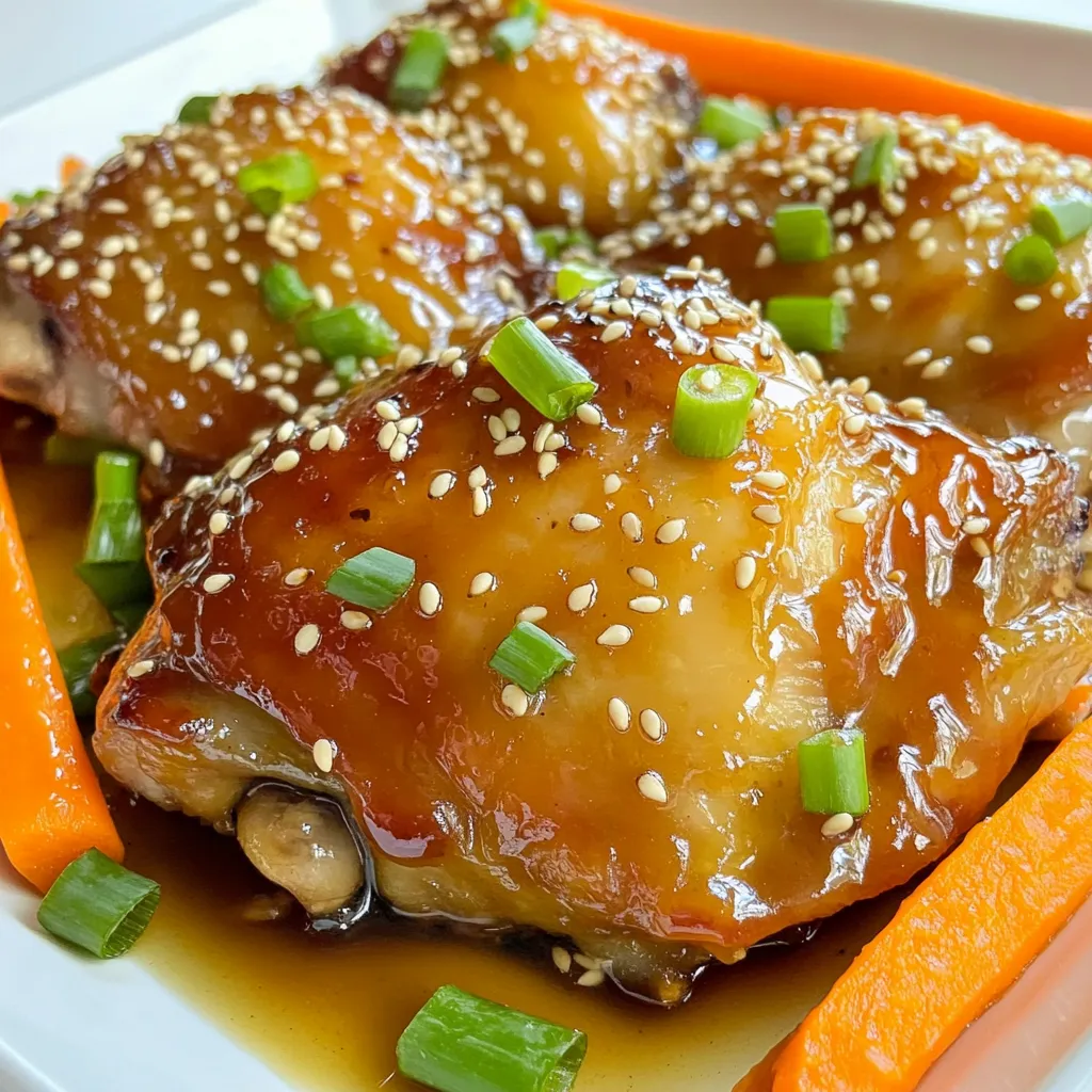 - 4 boneless, skinless chicken thighs - 4 medium carrots, peeled and sliced into sticks - 1/4 cup honey - 1/4 cup soy sauce - 2 tablespoons fresh ginger, grated - 4 cloves garlic, minced - 2 tablespoons olive oil - 1 teaspoon sesame oil - Salt and pepper to taste - 1 teaspoon sesame seeds (for garnish) - Chopped green onions (for garnish) To make this dish shine, you need fresh, quality ingredients. Start with four boneless, skinless chicken thighs. They cook well and stay juicy. Use four medium carrots, peeled and sliced into sticks. The sweet, tender carrots complement the chicken perfectly. For the sauce, gather 1/4 cup honey and 1/4 cup soy sauce. The honey adds sweetness, while soy sauce gives a nice salty touch. Fresh ginger is key here. You will need two tablespoons, grated. This adds warmth and depth. Don’t forget the garlic! You need four cloves, minced, for a robust flavor. Olive oil adds richness, so use two tablespoons. Add a teaspoon of sesame oil for a hint of nuttiness. Finally, season with salt and pepper to taste. For garnishing, keep a teaspoon of sesame seeds and some chopped green onions ready. They add color and a fresh bite. Each ingredient plays its part, creating a delightful balance of flavors. 1. Preheat your oven to 400°F (200°C). Line a large baking sheet with parchment paper. This makes cleanup easy. 2. Mix the honey garlic sauce. In a small bowl, whisk together 1/4 cup honey, 1/4 cup soy sauce, 2 tablespoons grated ginger, 4 minced garlic cloves, 2 tablespoons olive oil, and 1 teaspoon sesame oil. Blend until smooth. 3. Season the chicken thighs. Place 4 boneless, skinless chicken thighs in a bowl. Sprinkle salt and pepper over them. Make sure they are evenly coated. 4. Combine chicken and carrots on the baking sheet. Pour half of the honey garlic sauce over the chicken. Make sure it’s well-coated. Reserve the rest of the sauce. Add 4 sliced carrots to the baking sheet. Drizzle with the reserved sauce and toss everything together. 1. Roast in the oven. Spread the chicken and carrots in a single layer on the baking sheet. Place it in the preheated oven. Roast for about 25-30 minutes. 2. Check for doneness. The chicken should reach an internal temperature of 165°F (75°C). The carrots should be tender and slightly caramelized. 3. Rest the dish before serving. When done, take the baking sheet out of the oven. Let it sit for a few minutes. This helps the juices settle. Now you can garnish with sesame seeds and chopped green onions. Enjoy a delicious and simple meal! - To ensure even cooking of chicken and carrots, cut the carrots into sticks. This size helps them cook at the same rate as the chicken. Place the chicken and carrots in a single layer on the baking sheet. This way, hot air can flow around each piece. - Perfecting the honey garlic sauce is key. Mix honey, soy sauce, ginger, and garlic well. This blend gives the dish its sweet and savory flavor. Use half of the sauce to coat the chicken before baking. Drizzle the rest over the carrots for extra taste. - Pair this dish with rice or quinoa. Both options soak up the yummy sauce. They also add texture and make the meal more filling. - For creative garnishing ideas, sprinkle sesame seeds and chopped green onions on top. This adds color and crunch. You can also add a squeeze of lime for a fresh twist. {{image_2}} You can switch up the proteins in this dish easily. Chicken thighs work well, but you can also use chicken breast for a leaner option. If you're looking for a plant-based choice, tofu is a great substitute. Just make sure to press the tofu to remove excess moisture. When it comes to vegetables, carrots are a star here, but feel free to mix in bell peppers or broccoli. These veggies add color and crunch. You can also use snap peas or green beans for a fresh twist. You can play with the sweetness and saltiness of your sauce. If you like it sweeter, add more honey. To up the saltiness, just add a splash more soy sauce. Spices and herbs can also change the flavor. Try adding red pepper flakes for some heat or fresh cilantro for a burst of freshness. You can even use garlic powder or fresh herbs like rosemary or thyme to create a unique taste. These small changes keep your Honey Garlic Chicken and Carrots exciting and new! After your meal, let the chicken and carrots cool down. This helps keep them fresh. Place leftovers in an airtight container. Glass containers work well, but plastic ones are fine too. Make sure to store them in the fridge. They stay good for about 3 to 4 days. If you want to keep them longer, freeze leftovers. Use freezer-safe bags or containers for this. Just remember to label them with the date! To enjoy your Honey Garlic Chicken and Carrots again, you have a couple of options. For the best taste, use the oven. Preheat it to 350°F (175°C). Place your chicken and carrots on a baking sheet. Cover them with foil to keep them moist. Heat for about 15-20 minutes. If you're in a hurry, you can use the microwave. Place the food in a microwave-safe dish. Cover it with a lid or a paper towel. Heat on medium power for 2-3 minutes. Stir halfway through for even heating. Enjoy the flavors just like the first time! How long does it take to cook chicken thighs? It takes about 25 to 30 minutes to cook chicken thighs at 400°F (200°C). You want to ensure they reach an internal temperature of 165°F (75°C). This guarantees the chicken is safe to eat and juicy. Can I use frozen chicken thighs? Yes, you can use frozen chicken thighs. However, cooking time will increase. Make sure to thaw them safely in the fridge first. This helps them cook evenly and keeps them tender. What to serve with Honey Garlic Chicken and Carrots? You can serve this dish with rice or quinoa. Both options soak up the tasty sauce well. A fresh salad or steamed vegetables also works nicely for a balanced meal. This blog post covers a tasty recipe for honey garlic chicken and carrots. You learned about the ingredients needed, like chicken thighs and honey. I shared steps for preparation and cooking, plus tips for perfecting the dish. You also found suggestions on serving and storing leftovers. When making this dish, have fun with flavors and variations. Enjoy the meal, and share it with others. Cooking should be a joy, not a chore!