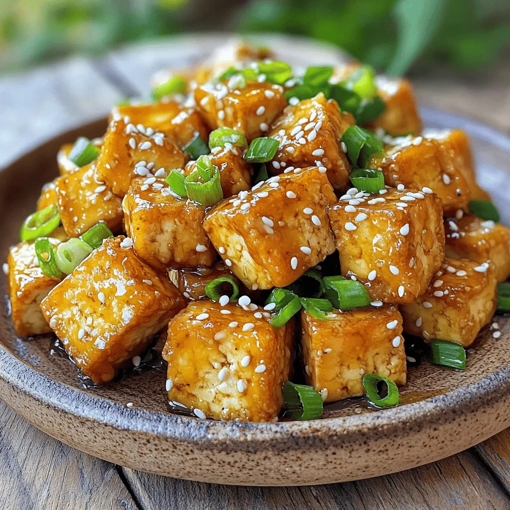 - 14 oz firm tofu, pressed and cut into cubes - 3 tablespoons honey (or maple syrup for a vegan option) - 2 tablespoons soy sauce (or tamari for gluten-free) - 1 tablespoon cornstarch for crispiness - 1 teaspoon sesame oil - Chopped green onions and sesame seeds for garnish - Olive oil - Non-stick cooking spray The main ingredients are simple but key. Firm tofu gives the dish body. Honey or maple syrup adds sweetness. Soy sauce or tamari brings depth. The optional cornstarch helps create that perfect crispy layer. Sesame oil adds a nice touch of flavor. Finally, green onions and sesame seeds make a beautiful garnish. You can choose olive oil or cooking spray for air frying. Both work well to prevent sticking. Enjoy the process of preparing these tasty ingredients! First, we need to press the tofu. This step is key. Press the tofu for 15-20 minutes. You want to remove as much moisture as possible. This helps it get crispy later. After pressing, cut the tofu into even cubes. Aim for about 1-inch pieces. This size cooks evenly and absorbs the marinade well. Next, we’ll make the marinade. In a bowl, mix together three tablespoons of honey, minced garlic, soy sauce, sesame oil, and black pepper. This mix gives the tofu a great flavor. Add the tofu cubes to the bowl and stir gently. Make sure each piece is well-coated. Let the tofu marinate for at least 15 minutes. This allows the flavors to soak in. Now, let’s get crispy! Sprinkle cornstarch over the marinated tofu. Toss it gently to coat all the pieces. The cornstarch helps create that crunch. Preheat your air fryer to 375°F (190°C). This should take about five minutes. Lightly spray the air fryer basket with cooking spray or brush it with olive oil. Place the tofu cubes in a single layer in the basket. Avoid overcrowding, as this can make them soggy. Air fry the tofu for 12-15 minutes. Shake the basket halfway through cooking. This ensures even cooking and crispiness. Once golden and crispy, your tofu is ready to enjoy! To get that perfect crunch, cornstarch is essential. Coating the tofu in cornstarch creates a barrier that helps it crisp up in the air fryer. Without it, your tofu may turn out soft instead of crispy. Set your air fryer to 375°F (190°C). This temperature is key to achieving that golden brown color. Preheating the air fryer for about five minutes helps start the cooking process evenly. You can boost flavor with some optional spices. Consider adding chili flakes for heat or paprika for smokiness. These spices can change the flavor profile and add depth to your dish. Marination time is also important. While 15 minutes is a minimum, letting the tofu sit longer allows it to absorb more flavor. Aim for 30 minutes if you have the time. Pair your honey garlic tofu with steamed rice or a fresh salad. This will balance the sweetness and add texture. This dish is perfect for casual dinners or special occasions. Serve it at a gathering, and it will impress your friends and family. {{image_2}} You can easily make this dish vegan. Just swap honey for maple syrup. Maple syrup adds a sweet touch similar to honey. If you need a gluten-free option, use tamari instead of soy sauce. Tamari keeps the flavor rich without gluten. It works well with the marinade and the tofu. You can cook the tofu in the oven if you don’t have an air fryer. Preheat your oven to 400°F (200°C). Place the tofu on a baking sheet lined with parchment paper. Bake for about 25-30 minutes or until crispy, flipping halfway through. Stovetop frying is another option. Heat oil in a pan over medium heat. Fry the marinated tofu cubes until golden brown on each side. This method gives a nice, crispy finish too. Add more excitement to your dish by mixing in spices. Try chili flakes for heat or ginger for a fresh kick. These spices can change the taste and make it more fun. You can also explore different sauces for marinating. Try teriyaki, hoisin, or even a spicy sriracha blend. Each sauce will give your tofu a unique flavor profile. To keep your honey garlic tofu fresh, use airtight containers. Glass containers work best. They do not stain or hold odors. Place cooled tofu in the container. Make sure to separate any sauce or marinade. Store the tofu in the fridge. It will stay good for about 3 to 4 days. If you want to keep it longer, consider freezing it. Reheat your tofu in the air fryer for the best texture. Set the temperature to 350°F (175°C). Heat for about 5 to 7 minutes. This keeps it crispy. You can also use a skillet. Just warm it on medium heat, flipping often. Avoid using the microwave. It can make the tofu soggy. You can freeze both marinated and cooked tofu. However, marinated tofu may not keep its texture after thawing. For best results, freeze cooked tofu. To thaw, place it in the fridge overnight. If you're in a hurry, you can use the microwave. Just use the defrost setting to speed things up. Enjoy your honey garlic tofu even days later! Yes, you can use frozen tofu. Freezing changes the texture. It makes the tofu spongy and chewy. This helps it soak up more flavor. You should thaw it first and then press out the moisture. This step is key to getting the best taste. To add heat, you can use chili flakes or sriracha. Mix these into the marinade. You can also toss in some minced ginger. This will give your dish a nice kick. Start with small amounts and taste as you go. Adjust the heat level to your liking. Yes, you can! Maple syrup is a great option for vegans. Agave nectar also works well. You can even use brown sugar if you prefer. Each sweetener gives a different taste. Feel free to experiment and find your favorite! In this blog post, we explored how to make tasty air-fried tofu. We covered key ingredients, including firm tofu, sweeteners, and sauces. You learned step-by-step instructions from pressing tofu to cooking it perfectly in an air fryer. We shared tips for crispiness and flavor, plus variations to fit your needs. Tofu shines as a versatile dish. With these tips, you can enjoy it in many ways. Keep experimenting, and you'll surely find your favorite version!